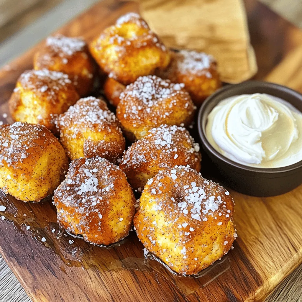 To make Air Fryer Cinnamon Pretzel Bites, you need simple and tasty ingredients. Gather these items: - 1 cup warm water (110°F/45°C) - 2 tablespoons granulated sugar - 1 packet (2 ¼ teaspoons) active dry yeast - 2 ½ cups all-purpose flour - 1 teaspoon salt - 1 teaspoon baking soda - ½ cup unsalted butter, melted - 1 teaspoon ground cinnamon - ¼ cup brown sugar - Coarse sea salt for sprinkling These ingredients work together to create soft and chewy pretzel bites. The warm water helps activate the yeast, while the sugar gives a hint of sweetness. The all-purpose flour forms the base of the dough. Salt enhances the flavor, and baking soda helps the pretzels puff up in the air fryer. Melted butter adds richness to each bite. Ground cinnamon and brown sugar create a delicious topping that makes these bites irresistible. Finally, the coarse sea salt adds a savory touch to balance the sweetness. With these ingredients on hand, you're ready to create a delightful snack treat. Enjoy the process of making these tasty bites! Start by taking one cup of warm water. The water should be about 110°F or 45°C. Add two tablespoons of granulated sugar to the water. This sugar helps the yeast grow. Next, sprinkle one packet of active dry yeast on top. Let this mixture sit for 5 to 10 minutes. You want it to get frothy. This shows that the yeast is active and ready. In a large bowl, mix 2 ½ cups of all-purpose flour with one teaspoon of salt. This salt adds flavor to your pretzels. Once the yeast mixture is frothy, pour it into the flour mix. Stir until a dough forms. Knead the dough on a floured surface for about 5 minutes. You want the dough to be smooth and soft. After kneading, place the dough in a greased bowl. Cover it with a towel and let it rise for one hour. It should double in size. After the dough has risen, punch it down to remove air. Divide the dough into 8 equal pieces. Roll each piece into a log about 8 inches long. Twist each log into a pretzel shape. This is where the fun starts! Prepare the baking soda solution by mixing one teaspoon of baking soda with 2 cups of hot water in a shallow bowl. Dip each pretzel in this solution for about 30 seconds. This step gives the pretzels their classic texture. Place them on parchment paper. Brush the top with melted butter and sprinkle coarse sea salt. Preheat your air fryer to 375°F or 190°C. Air fry the pretzel bites in batches for 8 to 10 minutes. They should turn golden brown and crisp. Finally, mix ground cinnamon and brown sugar in a small bowl. Once the pretzels are done, brush them with more melted butter and sprinkle the cinnamon-sugar mix on top. Enjoy your warm and tasty snack! To get the best dough, knead it until it is smooth. Signs of well-kneaded dough include a soft and elastic feel. You can test it by pressing a finger into the dough. If it springs back, you're good! If it's too sticky, add a bit more flour. Aim for a dough that feels slightly tacky but not wet. Set your air fryer to 375°F (190°C) for perfect pretzel bites. Cooking at this temperature ensures they puff up nicely. I recommend air frying in batches. This helps each bite cook evenly and get that golden brown crust. If you overcrowd the basket, they may not cook properly. These pretzel bites taste amazing with dips. Try serving them warm with cream cheese frosting or a sweet dipping sauce. You can also pair them with honey or chocolate sauce for a fun twist. The sweet cinnamon flavor matches perfectly with these dips. Enjoy experimenting to find your favorite combination! {{image_2}} You can easily switch up the flavors in your Air Fryer Cinnamon Pretzel Bites. One fun idea is to add cheese or bacon to the dough. Just mix in some shredded cheese or small bacon bits before you knead the dough. This adds a great savory touch! Another option is to experiment with different spices. Try adding nutmeg, cardamom, or even a hint of cayenne for a spicy twist. Each spice brings a unique flavor that can surprise your taste buds. If you need a gluten-free version, it’s simple! Use a gluten-free flour blend instead of all-purpose flour. Make sure it has a binding agent, like xanthan gum, for the best texture. Your pretzel bites will still taste great while meeting your dietary needs. To make your pretzel bites even more exciting, drizzle them with chocolate or frosting after they bake. This gives a sweet finish that kids love. You can also add herbs like rosemary or thyme to the dough for a savory flavor. Both options offer a fun twist on the classic cinnamon taste. Feel free to mix and match these ideas to create your perfect pretzel bites! To keep your pretzel bites fresh, start by storing them at room temperature. Place them in an airtight container. They will stay good for about two days. If you have leftovers after that, refrigerate them. Just make sure to seal them well. In the fridge, they can last up to a week. To enjoy your pretzel bites again, reheating is key. The best way is to use the air fryer. Set it to 350°F (175°C) and heat them for about 3-5 minutes. This method keeps them crispy. You can also use an oven. Preheat it to 350°F (175°C) and warm them for about 5-7 minutes. If you want longer storage, consider freezing the pretzel bites. First, let them cool completely. Then, place them in a freezer-safe bag. They can last up to three months in the freezer. When you're ready to enjoy them, just thaw overnight in the fridge. Then, reheat for the best taste and texture. To keep your pretzels soft, use a few simple tips. First, don't over-knead the dough. Knead just until smooth, about 5 minutes. Second, let the dough rise until it doubles in size. This step helps create a light texture. Also, brush the pretzels with melted butter right after air frying. This adds moisture and flavor. Lastly, avoid cooking them too long. Air fry for 8-10 minutes, just until golden brown. Yes, you can! If you don’t have an air fryer, bake the pretzel bites in a regular oven. Preheat your oven to 375°F (190°C). Place the pretzels on a baking tray lined with parchment paper. Bake for about 12-15 minutes or until they turn golden brown. The texture will differ, but they will still taste great. Air Fryer Cinnamon Pretzel Bites are best enjoyed fresh. However, they can last for a few days. Store them in an airtight container at room temperature for up to 2 days. If you want them to last longer, refrigerate them. They can stay good for about a week in the fridge. For longer storage, freeze the pretzel bites. Just make sure to seal them well. When ready to eat, reheat in the air fryer or oven for the best texture. You learned how to make soft and tasty pretzel bites. We covered the right ingredients, from warm water to brown sugar. I shared step-by-step instructions for preparing, shaping, and baking the bites. You gained tips for texture and air frying. You'll now impress your friends with tasty twists like cheese or chocolate. Remember to store and reheat them for the best experience. Enjoy your baking adventure and happy snacking!