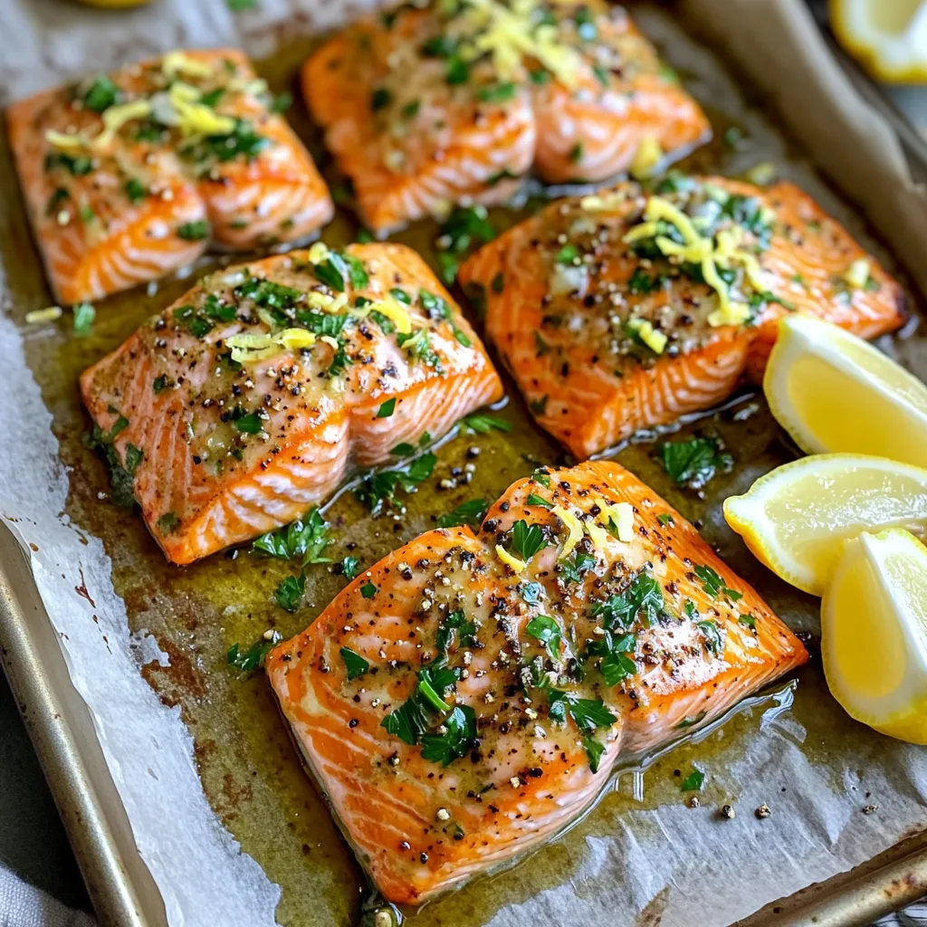 - 4 salmon fillets (about 6 oz each) - 4 tablespoons unsalted butter, melted - 4 cloves garlic, minced - 1 tablespoon fresh lemon juice - 1 teaspoon lemon zest - 1 teaspoon dried oregano - 1 teaspoon dried thyme - 1 teaspoon fresh parsley, chopped - Salt and pepper to taste The main ingredients for garlic herb butter roasted salmon are simple but full of flavor. You need fresh salmon fillets, which provide a rich taste and healthy fats. Garlic adds a strong and savory note to the dish. Unsalted butter brings creaminess and helps the herbs stick to the salmon. The herbs like oregano and thyme give a fresh and aromatic touch. The lemon juice and zest brighten the flavor, making it all come together. - Fresh lemon wedges - Additional herbs for decoration Garnishes can elevate your dish. Fresh lemon wedges add a zesty kick when you squeeze them over the salmon. Additional herbs can brighten up your plate, making it look more colorful and inviting. This small touch makes your meal feel special and adds a burst of flavor. 1. First, preheat your oven to 400°F (200°C). This step is key to getting a nice roast on the salmon. 2. Next, prepare your baking sheet. Line it with parchment paper. This makes clean-up easy and helps prevent sticking. 1. In a small bowl, mix your garlic herb butter. Combine 4 tablespoons of melted unsalted butter with 4 minced garlic cloves, 1 tablespoon of fresh lemon juice, 1 teaspoon of lemon zest, and the dried herbs: 1 teaspoon each of oregano and thyme, plus chopped parsley. Add salt and pepper to taste. Stir until smooth and well mixed. 2. Now, take your salmon fillets and place them skin-side down on the lined baking sheet. Use a brush to coat the salmon well with the garlic herb butter mixture. Make sure each fillet gets a generous amount. 1. Roast the salmon in your preheated oven for 12-15 minutes. The salmon should look opaque and flaky when done. 2. To check for doneness, use a fork. Gently flake a piece apart; if it separates easily, it’s ready. Let the salmon rest for a few minutes after cooking. This helps keep it juicy. Serve with lemon wedges for added flavor. Resting time is key. After cooking, let the salmon rest for 5 minutes. This gives the juices time to settle. If you skip this step, the salmon may dry out. To check if the salmon is done, use the flaking method. Take a fork and gently pull at the thickest part. If it flakes easily, it's ready to eat. If it resists, give it a few more minutes. To boost flavor, consider adding spices like paprika or cayenne pepper. These will add a nice kick. You can also mix in some fresh dill or basil for a new twist. For a crispy texture, place the salmon skin-side down on the baking sheet. This helps crisp up the skin while roasting. You can also broil the salmon for the last 2 minutes for extra crispiness. Pair the salmon with sides like roasted veggies or a fresh salad. Quinoa or rice also work well. These sides balance the rich flavor of the salmon. For a drink, choose a light white wine like Sauvignon Blanc. It complements the lemon and herbs nicely. If you prefer non-alcoholic, a sparkling water with lemon is refreshing too. {{image_2}} You can switch up the fish in this recipe easily. Try trout or cod if you want a change. Both have great flavor and cook well with garlic herb butter. This recipe is also perfect for those who prefer vegetarian options. You can use hearty vegetables like zucchini or eggplant. Slice them thick and roast them with the same herb butter. This gives you a dish that is just as tasty and satisfying. You have many ways to customize the flavor of your salmon. Adding different herbs can make a big difference. Fresh dill or basil works well with the garlic and butter. You can also try a mix of dried herbs for a unique taste. Want something extra? Use alternate sauces like teriyaki or a spicy sriracha glaze. These add heat and a fresh twist to your meal. Toppings like crushed nuts or breadcrumbs can add a nice crunch, making each bite exciting. - Refrigerator recommendations: Place any leftover salmon in an airtight container. It can stay fresh for up to three days. Make sure to cool it down first before sealing it up. This helps keep the texture nice. - Freezing guidelines: If you want to keep it longer, freeze the salmon. Wrap each piece tightly in plastic wrap and then put it in a freezer bag. It’s best if you eat it within three months. Just remember, thaw it in the fridge before reheating. - Best methods to retain flavor and texture: To reheat salmon, set your oven to 275°F (135°C). Place the salmon on a baking sheet and cover it with foil. Heat for about 15 minutes. This method keeps the salmon moist. You can also use the microwave, but be careful. Heat it in short bursts to avoid drying it out. Enjoy your tasty meal! How do I know when the salmon is done? You can tell the salmon is done when it flakes easily with a fork. Look for a light pink hue. If it's still dark and raw in the center, it needs more time. Usually, roasting takes about 12-15 minutes. Keep an eye on it to avoid overcooking. Can I use frozen salmon fillets? Yes, you can use frozen salmon fillets! Just thaw them completely before cooking. Place them in the fridge overnight or run them under cold water. Once thawed, treat them just like fresh fillets. Adjust the cooking time slightly if needed. Calories and serving size Each serving of Garlic Herb Butter Roasted Salmon is about 6 oz. It contains around 350 calories. This makes it a healthy choice for dinner while being very tasty. Health benefits of salmon Salmon is rich in omega-3 fatty acids. These support heart health and brain function. It also contains high-quality protein and essential vitamins. Eating salmon can help boost your mood and overall well-being. Can I use margarine instead of butter? You can use margarine instead of butter if you prefer. However, butter gives a richer flavor. If you want the best taste, stick with unsalted butter. What herbs can I substitute if I don't have oregano? If you lack oregano, try using basil or dill. These herbs add a fresh taste to the dish. You can also use Italian seasoning for a mix of flavors. This post covers key ingredients and cooking steps for garlic herb butter roasted salmon. You learned how to prepare and cook salmon, plus tips to enhance flavor and texture. We also discussed variations and storage methods for leftovers. Remember, timing and resting are crucial for perfect salmon. Try adding your favorite herbs or sides to make the dish your own. With these tips, you'll impress anyone at the dinner table. Enjoy every bite of your delicious creation!