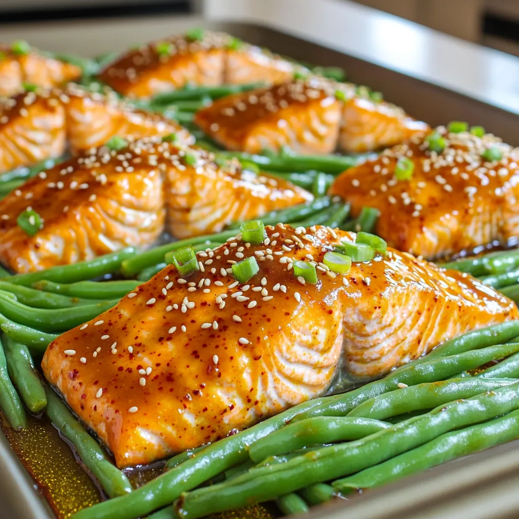 To make Sheet-Pan Sweet Chili Salmon and Green Beans, you need a few simple items. Gather these ingredients for a tasty meal: - 4 salmon fillets - 2 cups fresh green beans, trimmed - 1/4 cup sweet chili sauce - 2 tablespoons low sodium soy sauce - 1 tablespoon olive oil - 2 cloves garlic, minced - 1 teaspoon grated ginger - Salt and pepper to taste - Sesame seeds for garnish - Sliced green onions for garnish Each ingredient plays a role in creating flavor. The salmon gives protein and richness. Green beans add crunch and color. Sweet chili sauce brings sweetness and a hint of spice. Soy sauce adds depth, while garlic and ginger add warmth. Sesame seeds and green onions offer a fresh finish. Keep these ingredients handy, and you will have a delightful meal ready in no time! - Preheat your oven to 400°F (200°C). Line a large baking sheet with parchment paper. - In a small bowl, mix together 1/4 cup sweet chili sauce, 2 tablespoons of low sodium soy sauce, 2 minced cloves of garlic, and 1 teaspoon of grated ginger. Stir until well combined. - Place 4 salmon fillets in the center of the prepared baking sheet. Season them with salt and pepper. - Arrange 2 cups of fresh, trimmed green beans around the salmon fillets on the baking sheet. - Drizzle 1 tablespoon of olive oil over the green beans. Toss them to coat evenly. - Pour half of the sweet chili mixture over the salmon fillets. Ensure they are well coated. Reserve the other half for later. - Roast in the preheated oven for 12-15 minutes. Check that the salmon is cooked through and flakes easily with a fork. The green beans should be tender but still crisp. - Remove the baking sheet from the oven. Drizzle the reserved sweet chili sauce mixture over the salmon and green beans. - Sprinkle sesame seeds and sliced green onions over the top for garnish before serving. - How to know when salmon is done: Salmon is done when it flakes easily with a fork. You can also check the center. It should be a light pink color, not translucent. Use an instant-read thermometer to check the internal temperature. It should reach 145°F (63°C). - Ideal temperature for roasting green beans: For green beans, a good roasting temperature is 400°F (200°C). This high heat helps them stay crisp and bright green. Toss them halfway through cooking to ensure even roasting. - Best side dishes to complement the dish: This sweet chili salmon pairs well with jasmine rice or quinoa. A simple salad with mixed greens and a light vinaigrette also works nicely. You can add some toasted nuts for crunch. - Wine pairings for sweet chili salmon: A chilled white wine like Sauvignon Blanc or a light Pinot Grigio complements the flavors well. If you prefer red wine, try a light-bodied Pinot Noir. The fruity notes balance the sweetness of the chili sauce. {{image_2}} You can switch salmon for other fish. Try using tilapia or trout. Both cook well and taste great. They will absorb the sweet chili sauce nicely. You can also use different vegetables for roasting. Bell peppers, broccoli, or carrots work well. Just cut them into similar sizes for even cooking. This lets you mix up flavors and colors. You can adjust spice levels with extra ingredients. Add a pinch of red pepper flakes for heat. This will give your dish a nice kick. Adding fresh herbs can bring a twist. Try cilantro or basil. They add freshness and enhance the flavor. Simply sprinkle them over your dish before serving for a bright finish. To store leftovers in the refrigerator, place salmon and green beans in an airtight container. Make sure to separate the sauce if you want to keep the texture. Eat leftovers within 2-3 days for the best taste. To reheat salmon and green beans, use the oven for even heating. Preheat it to 350°F (175°C). Place the food on a baking sheet and heat for about 10 minutes. This keeps the fish moist and the beans crisp. You can also use a microwave. Heat in short bursts to avoid overcooking. Adding a splash of water can help keep the salmon juicy. Enjoy your meal again! Can I use frozen salmon for this recipe? Yes, you can use frozen salmon. Just thaw it first. Place it in the fridge overnight or run it under cold water for quicker thawing. This way, your salmon cooks evenly. What can I substitute for sweet chili sauce? You can use a mix of honey and sriracha. Combine equal parts for a sweet and spicy flavor. Another option is to use BBQ sauce for a different taste. Calories in sheet-pan sweet chili salmon Each serving of this dish has about 350 calories. This can vary based on the size of the salmon fillets and added ingredients. Health benefits of incorporating salmon and green beans Salmon is rich in omega-3 fatty acids. These fats are good for your heart. Green beans are low in calories and high in vitamins. They help keep your bones strong. Can this dish be prepared in advance? Yes, you can prep it ahead. Mix the sauce and season the salmon. Store them in the fridge until you are ready to cook. How to adjust portions for meal prep? You can easily double or halve the recipe. Use the same cooking time, just check for doneness. This way, you’ll have the perfect amount for your meals. This blog post shared a simple and tasty sheet-pan sweet chili salmon recipe. You learned how to choose fresh ingredients, prepare the dish, and serve it well. Each step was clear, from seasoning salmon to roasting green beans. Remember, you can adjust flavors and try different vegetables to fit your taste. Storing leftovers is easy, and reheating keeps the dish fresh. Enjoy exploring this recipe, and feel confident to make it your own!
