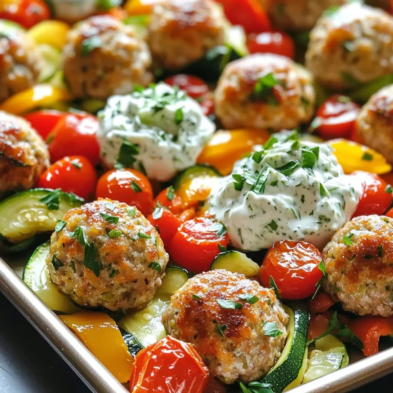 - 1 lb ground beef or ground turkey - 1/2 cup breadcrumbs (whole wheat optional) - 1/4 cup grated Parmesan cheese - 1/4 cup chopped fresh parsley - 1 clove garlic, minced - 1 teaspoon dried oregano - 1/2 teaspoon salt - 1/4 teaspoon black pepper - 1 egg, beaten - 1 red bell pepper, chopped - 1 zucchini, sliced into half-moons - 1 red onion, cut into wedges - 2 cups cherry tomatoes - 2 tablespoons olive oil - Salt and pepper to taste - 1 cup plain Greek yogurt - 1/2 cucumber, grated and drained - 1 clove garlic, minced - 1 tablespoon lemon juice - Salt to taste You need these ingredients to make the Sheet-Pan Greek Meatball Bowls. Start with the meatballs. They are the heart of this dish. You can choose ground beef or turkey. Both taste great. Mix them with breadcrumbs, Parmesan, parsley, and garlic. Dried oregano adds a nice Greek flavor. Add salt and pepper to season well. Then, mix in a beaten egg. The egg helps bind everything. Make medium-sized meatballs and place them on the sheet pan. Next, you’ll prepare the vegetables. The red bell pepper, zucchini, and red onion add color and taste. Cherry tomatoes burst with juice when roasted. Toss these veggies with olive oil, salt, and pepper. Spread them out on the other side of the pan. Finally, we need the tzatziki sauce. This sauce is cool and creamy. Mix Greek yogurt with grated cucumber, garlic, lemon juice, and salt. It pairs well with the meatballs and veggies. Now you have everything ready to create a quick and tasty meal! Set your oven temperature to 400°F (200°C). This step warms up your oven for roasting. In a large bowl, combine the following meatball ingredients: - 1 lb ground beef or ground turkey - 1/2 cup breadcrumbs (can use whole wheat) - 1/4 cup grated Parmesan cheese - 1/4 cup chopped fresh parsley - 1 clove garlic, minced - 1 teaspoon dried oregano - 1/2 teaspoon salt - 1/4 teaspoon black pepper - 1 egg, beaten Mix these ingredients until just combined. Then, form the mixture into medium-sized balls. Place them on one side of a lined sheet pan. In a separate bowl, toss these vegetables with olive oil and seasonings: - 1 red bell pepper, chopped - 1 zucchini, sliced into half-moons - 1 red onion, cut into wedges - 2 cups cherry tomatoes - 2 tablespoons olive oil - Salt and pepper to taste Spread the vegetables evenly on the other side of the sheet pan. This ensures they roast well. Place the sheet pan in the preheated oven. Roast for 20-25 minutes. Check that the meatballs reach an internal temperature of 165°F (74°C). The veggies should be tender and slightly charred. While the meatballs and vegetables roast, prepare the tzatziki sauce. In a bowl, combine: - 1 cup plain Greek yogurt - 1/2 cucumber, grated and drained - 1 clove garlic, minced - 1 tablespoon lemon juice - Salt to taste Mix well and refrigerate until ready to serve. Once everything is cooked, remove the sheet pan from the oven. To assemble, create bowls with a portion of cooked meatballs, roasted vegetables, and a generous dollop of tzatziki sauce on top. Enjoy this colorful meal! To make great meatballs, use fresh herbs. Fresh parsley adds a bright taste. It lifts the dish and makes it pop. Be sure not to overmix the meatball mixture. This keeps them tender and juicy. Mix just until the ingredients blend. Feel free to swap seasonal vegetables for variety. Try using asparagus or eggplant when in season. You can also add more color by using different bell peppers. Yellow and orange peppers give a lovely hue to the dish. For a tasty twist, add fresh dill to your tzatziki sauce. It brings a refreshing taste. Adjust the garlic level based on your taste. If you like it mild, use less garlic. If you want a bold flavor, add more. {{image_2}} You can easily change the protein in your meatballs. Ground chicken or lamb works great. They add a unique flavor while keeping the dish light. Want something meat-free? Try chickpeas or lentils instead. They make a tasty vegetarian option. You can serve these bowls over different grains. Brown rice is a hearty choice. Quinoa adds a nice crunch and protein boost. Couscous is quick and fluffy. If you prefer something handheld, wrap the meatballs and veggies in pita bread. It makes for a fun meal on the go. Add some heat for a spicy kick. Toss in red pepper flakes to the meatballs or veggies. This gives your dish a nice zing. You can also serve a spicy sauce on the side. It’s a great way to customize your meal to your taste. Store leftover meatballs and veggies in an airtight container. This will keep them fresh for up to three days. Make sure to keep the tzatziki sauce in a separate container. This helps it stay cool and tasty. When you reheat, the oven is best. Set it to 350°F (175°C) and place the food inside for even warmth. If you need a quick option, use the microwave. Just heat in short bursts until warm. For easy meals later, freeze the meatballs in portions. This way, you can grab what you need. Avoid freezing the tzatziki sauce. It tastes best when fresh, so make it when you're ready to eat. Check the internal temperature reaches 165°F (74°C). This ensures they are safe to eat. Use a meat thermometer for the best accuracy. Once they reach this temp, they are juicy and fully done. Yes, you can prepare them and store in the fridge or freeze. If you freeze them, form the meatballs and place them in a single layer on a tray. Once frozen, transfer them to a bag. They will be ready when you need a quick meal. Substitute with sour cream or plain yogurt. These options will still give you a creamy sauce. While the flavor may differ slightly, they will still taste great. Use gluten-free breadcrumbs for a gluten-conscious option. This small swap keeps the meatballs tasty while catering to those who avoid gluten. Always check the labels to ensure no hidden gluten. Any combination of bell peppers, zucchini, or root vegetables can work well. Feel free to mix and match based on what you have. Seasonal veggies always add extra flavor and nutrition to your meal. This recipe brings together healthy meatballs, vibrant veggies, and refreshing tzatziki. You can easily follow each step to create a delicious meal. Remember to use fresh herbs for the best taste. Feel free to mix and match ingredients, and store any leftovers properly. This dish is versatile and great for any night of the week. Enjoy cooking and making this meal your own!