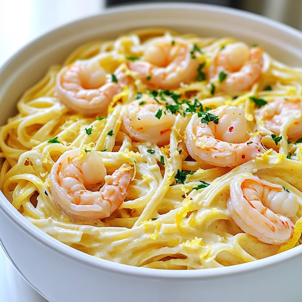 - 8 oz linguine or fettuccine - 1 lb large shrimp, peeled and deveined - 4 tablespoons unsalted butter - 4 cloves garlic, minced In this dish, the pasta acts as the base, soaking up all the delicious flavors. I love using linguine or fettuccine because they hold the creamy sauce so well. The shrimp brings a light and fresh taste, making every bite special. Butter and garlic create a rich, aromatic start that enhances the entire meal. - 1 teaspoon red pepper flakes - Fresh parsley for garnish For those who enjoy a bit of heat, red pepper flakes add a nice kick. A sprinkle of fresh parsley on top makes the dish look bright and inviting. - 1 cup chicken or vegetable broth - 1 cup heavy cream - 1 lemon, zested and juiced - 1 cup grated Parmesan cheese The broth provides a savory base for the pasta. Heavy cream makes the sauce rich and smooth. Lemon juice and zest add a burst of brightness. Parmesan cheese ties all these flavors together with its cheesy goodness. How to cook the shrimp correctly Start by heating a large pot over medium heat. Melt 4 tablespoons of unsalted butter in the pot. Once the butter is melted, add 4 cloves of minced garlic and 1 teaspoon of red pepper flakes if you like some heat. Sauté them for 1-2 minutes until fragrant. Next, add 1 pound of peeled and deveined shrimp. Season with salt and pepper. Cook the shrimp for about 3-4 minutes. They should turn pink. Remove the shrimp from the pot and set them aside. Properly sautéing garlic and red pepper flakes Sautéing the garlic and red pepper flakes together helps build flavor. The heat brings out their essence. Be careful not to let the garlic burn. Burnt garlic can taste bitter. Keep stirring to ensure even cooking. Adding broth and determining the right simmering point In the same pot, add 1 cup of chicken or vegetable broth. Bring the broth to a gentle simmer. This is key for cooking the pasta properly. You want to see small bubbles forming, not a rolling boil. Ensuring pasta cooks to al dente texture Add 8 ounces of linguine or fettuccine pasta into the simmering broth. Stir it to make sure the pasta is fully submerged. Cook it according to the package instructions, usually 8-10 minutes. You want the pasta to be al dente, meaning it should still have a slight bite when you chew it. How to create the creamy sauce Once the pasta is cooked, stir in the lemon zest, lemon juice, 1 cup of heavy cream, and 1 cup of grated Parmesan cheese. Mix everything until it becomes creamy. The heat will help the cheese melt smoothly into the sauce. Return of shrimp and final mixing steps Finally, return the cooked shrimp to the pot. Mix everything together gently for about one minute to heat the shrimp back up. Taste the dish and adjust the seasoning with more salt and pepper if needed. Your One-Pot Creamy Lemon Garlic Shrimp Pasta is now ready to enjoy! To cook shrimp perfectly, follow these steps: - Use large shrimp for the best texture. - Heat your pan well before adding shrimp. - Cook shrimp just until they turn pink, about 3-4 minutes. - Don’t overcrowd the pan; cook in batches if needed. To avoid overcooked pasta: - Cook pasta until it is al dente, firm but tender. - Stir pasta occasionally while cooking to prevent sticking. - Drain pasta immediately after cooking to stop cooking. To make the sauce extra creamy: - Use heavy cream; it gives the best texture. - Stir in the cheese slowly to avoid clumps. - For a richer flavor, add more butter if desired. Balancing acidity with lemon juice: - Add lemon juice gradually; taste as you go. - Lemon zest also boosts the lemon flavor without more acidity. - This balance enhances the dish and keeps it fresh. For garnishing, consider these ideas: - Use freshly chopped parsley for a pop of color. - Add a sprinkle of extra Parmesan on top for richness. - Serve with lemon wedges for a bright touch. For serving suggestions: - Pair with a simple green salad for a complete meal. - Serve with crusty bread to soak up the sauce. - A glass of white wine complements the flavors well. {{image_2}} For those who need gluten-free options, you can use gluten-free pasta. Many brands offer great alternatives that cook well. Look for pasta made from rice, quinoa, or chickpeas. They hold up nicely in this creamy dish. If you want to make this recipe dairy-free, you can swap the heavy cream for coconut milk. This adds a nice twist and keeps it creamy. You can also use a dairy-free cheese to keep that cheesy flavor. Adding vegetables can make this meal even better. Spinach is a fantastic choice. It wilts down and adds great color and nutrients. You can also throw in cherry tomatoes for a burst of sweetness. They pair well with the lemon and shrimp. If shrimp is not your thing, chicken or tofu works too. Chicken thighs add a rich taste when cooked. Tofu gives you a nice protein boost and soaks up the flavors of the dish. Just remember to cook it until it’s golden. Want more heat? Add extra red pepper flakes to the pot. This spice enhances the dish without overpowering the lemon. Start with a small amount and adjust to your taste. You can also try different herbs. Basil or oregano can change the flavor profile. Fresh herbs add brightness and depth. Experiment with what you love to find your perfect blend. To store leftovers in the fridge, let the pasta cool down first. Place it in an airtight container. This keeps it fresh for about 3 days. For longer storage, you can freeze it. Use a freezer-safe bag or container. Squeeze out as much air as possible before sealing. It can last up to 2 months when frozen. To reheat, use the stovetop for the best results. Add a splash of broth or water to the pan. Heat over low until warm, stirring gently. This helps keep the texture nice. You can also microwave it. Use a microwave-safe dish and cover it. Heat in short bursts, stirring in between. This method can sometimes dry out the pasta, so add liquid as needed. In the fridge, you can keep this dish for up to 3 days. If you see any mold or an off smell, throw it out. If the pasta looks dry or the sauce separates, it's a sign of spoilage. Always trust your senses when checking food freshness. I recommend using linguine or fettuccine for this dish. Both types hold the creamy sauce well. They have a nice texture that complements the shrimp and garlic. If you want a twist, try whole wheat or gluten-free pasta. Just adjust the cooking time according to the package. Yes, you can use frozen shrimp! Just make sure to thaw them first. You can place them in cold water for about 15 minutes. Once thawed, peel and devein them if needed. Frozen shrimp may have a bit more water, so cook them a little longer to ensure they are fully done. You can prepare the pasta and sauce in advance. Cook the pasta until it is just al dente. Store it separately from the sauce. When you’re ready to eat, combine them in a pot. Heat gently until warm, then add the shrimp. This keeps everything fresh and tasty. To add some heat, stir in extra red pepper flakes. You can also add fresh sliced jalapeños or a splash of hot sauce. Adjust the spice level to suit your taste. Start small and add more as needed. Remember, you can always add, but you can’t take away! Yes! If you want a lighter option, use half-and-half or whole milk. For a dairy-free choice, try coconut cream or cashew cream. These alternatives change the flavor a bit, so adjust seasoning if needed. Each option gives a unique twist to the dish! This blog post guides you through a simple and tasty shrimp pasta recipe. We covered essential ingredients, step-by-step cooking instructions, and valuable tips for perfecting the dish. You also learned about variations to fit dietary needs and preferences. Enjoy your cooking journey. With these steps, you can create a delicious meal that impresses everyone. Remember, practice makes perfect, so don’t hesitate to try new flavors and ingredients. Happy cooking!