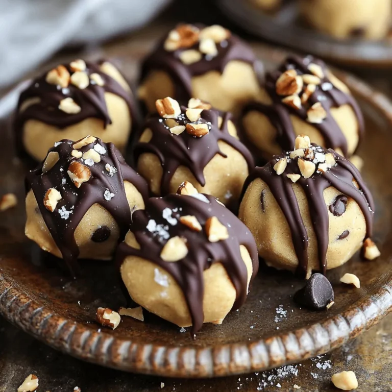 To make these tasty bites, you need some key items. Here’s what you’ll need: - 1 cup creamy peanut butter - 1/2 cup maple syrup - 1/4 cup vanilla protein powder (or oat flour) - 1 cup almond flour - 1/2 teaspoon salt - 1 teaspoon vanilla extract - 1/2 cup dark chocolate chips (dairy-free if desired) These ingredients blend well to give you a rich, sweet, and nutty flavor. The creamy peanut butter is the star here. It adds a lovely texture and flavor. These bites can fit many diets. They are gluten-free and can be made dairy-free. If you use dairy-free chocolate chips, they can also be vegan. This makes them a great snack for many people with different dietary needs. You can swap some ingredients if you want. Here are some ideas: - Peanut Butter: Use almond butter for a nutty twist. - Maple Syrup: Honey or agave syrup can work as a sweetener. - Protein Powder: Oat flour is a great choice if you want to keep it simple. - Almond Flour: You can try coconut flour, but use less. It’s more absorbent. These changes keep the bites tasty while allowing you to cater to your tastes or needs. To start, gather all your ingredients. You will need creamy peanut butter, maple syrup, protein powder, almond flour, salt, vanilla extract, and dark chocolate chips. This recipe is quick and easy, taking only about 10 minutes to prep. You will create about 12 to 15 bites, perfect for snacking. 1. Mix Peanut Butter and Maple Syrup: In a large bowl, combine the creamy peanut butter and maple syrup. Stir until smooth. This step is key for a sweet and nutty base. 2. Add Vanilla Extract: Pour in the vanilla extract. Mix again until it's well blended. This adds a nice flavor boost. 3. Incorporate Dry Ingredients: Gradually add the protein powder or oat flour along with the almond flour. Stir until the mixture is fully combined. This gives the bites their shape and texture. 4. Sprinkle in Salt and Chocolate Chips: Add the salt and fold in the dark chocolate chips. Stir gently to ensure even distribution. The chocolate adds a delicious touch. 1. Form Bite-Sized Balls: Using your hands, roll the dough into small balls, about 1 inch in diameter. Place them on a parchment-lined baking sheet. This helps keep them from sticking. 2. Chill the Bites: Once shaped, put the baking sheet in the fridge for about 30 minutes. Chilling helps the bites hold their shape. 3. Optional Coating: After chilling, you can roll the bites in shredded coconut or crushed nuts for extra flavor. This step is fun and adds texture. Now you’re ready to enjoy your delicious peanut butter cookie dough bites! When mixing, start with a large bowl. This gives you room to work. First, add the creamy peanut butter and maple syrup. Mix until smooth. Next, add the vanilla extract and stir well. This step adds great flavor. Now, add the protein powder or oat flour gradually. This helps prevent clumps. Finish with almond flour and mix until everything combines. You want your dough to be soft, not sticky. If it feels dry, add a little more maple syrup. If it’s too wet, add more almond flour. Use your hands to mix thoroughly. This helps you feel the texture. The right dough should hold shape when you form balls. Place your cookie dough bites on a nice plate. For a fun touch, drizzle melted chocolate on top. You can also roll them in shredded coconut or crushed nuts. This adds crunch and flavor. A sprinkle of sea salt enhances the taste. Enjoy these bites cold from the fridge or at room temperature. {{image_2}} You can change the taste of your peanut butter cookie dough bites easily. Adding spices or extracts can make a big difference. For a warm touch, try adding cinnamon or nutmeg. A bit of cocoa powder makes chocolate-flavored bites. You can also add a splash of almond or coconut extract for a unique twist. These simple changes can make each bite special and exciting. Coatings can add texture and flavor. After chilling, roll the bites in unsweetened shredded coconut. You can also use crushed nuts for a crunchier finish. If you love chocolate, dip the bites in melted dark chocolate. Sprinkling sea salt on top can enhance the sweet taste. Get creative and mix and match toppings to find your favorite! Want to make your bites healthier? You can swap maple syrup for honey or agave. Using natural sweeteners keeps the taste great without extra sugar. Choose dark chocolate chips with less sugar or use cacao nibs. You can also use almond flour instead of regular flour for more nutrients. These easy swaps keep your snack tasty and nutritious! To keep your peanut butter cookie dough bites fresh, store them in an airtight container. I recommend placing parchment paper between layers. This prevents them from sticking together. You can keep them in the fridge for up to a week. If you want to enjoy them longer, freezing is a great option. If you choose to freeze your bites, they can last for up to three months. First, place the cookie dough bites on a baking sheet in a single layer. Freeze them for about an hour. Once firm, transfer them to a freezer-safe bag or container. Make sure to squeeze out any excess air. When you’re ready to eat, just thaw them in the fridge overnight. Check your peanut butter cookie dough bites for signs of spoilage. If they smell off or have an unusual texture, it's best to toss them out. Look for any mold or discoloration. If you notice any of these signs, don’t risk your health. Always prioritize safety when it comes to food! Yes, you can use crunchy peanut butter! It adds a nice texture to the bites. Just swap it in for the creamy version. The flavor stays rich and tasty. You may find that the bites have a bit more crunch. This change makes them unique and fun to eat. You’ll know they are done when they feel firm to the touch. After chilling for 30 minutes, check their texture. They should hold their shape well. If they feel too soft, give them a bit more time in the fridge. The cookie dough bites will firm up as they chill, making them perfect for snacking. Yes, you can make these bites vegan! Replace the honey with maple syrup. Ensure your protein powder is plant-based. Use dairy-free chocolate chips for a great taste. These swaps keep the bites delicious while fitting a vegan diet. Enjoy your tasty snacks without compromising your values! This blog post highlighted how to create delicious peanut butter cookie dough bites. We covered the essential ingredients, dietary needs, and fun variations to try. You learned the step-by-step process for preparation and shaping, plus tips for the best dough. Finally, we discussed storage options and answered common questions. Enjoy making these bites! They are simple, tasty, and perfect for sharing. Try different flavors and toppings to make them your own.
