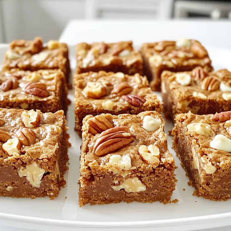 - 1 cup unsalted butter - 1 cup packed brown sugar - 1/2 cup pure maple syrup - 2 large eggs - 2 teaspoons vanilla extract - 2 cups all-purpose flour - 1 teaspoon baking powder - 1/2 teaspoon salt - 1 cup chopped pecans - 1/2 cup white chocolate chips (optional) Butter alternatives: You can use coconut oil or margarine. Both give a nice flavor. Sugar alternatives: Try using coconut sugar or honey. These options add unique tastes. Vegan options: Replace eggs with flax eggs. Mix 1 tablespoon of flaxseed meal with 2.5 tablespoons of water. Let it sit for five minutes to thicken. Use a plant-based butter for a vegan blondie. Making these swaps can help fit your diet. Each option still keeps the blondies tasty! First, preheat your oven to 350°F (175°C). This helps cook the blondies evenly. Next, prepare a 9x13 inch baking pan. You can grease it or line it with parchment paper. This step makes it easy to take the blondies out after baking. Now, let’s mix the wet ingredients. In a large mixing bowl, add 1 cup of melted unsalted butter, 1 cup of packed brown sugar, and 1/2 cup of pure maple syrup. Stir these ingredients well until they blend into a smooth mixture. This sweet base gives the blondies their rich flavor. Add 2 large eggs, one at a time. Be sure to whisk well after each addition. Then, mix in 2 teaspoons of vanilla extract. This adds a lovely aroma and depth to your batter. In another bowl, whisk together 2 cups of all-purpose flour, 1 teaspoon of baking powder, and 1/2 teaspoon of salt. Make sure there are no lumps in the flour mix. Gradually add this dry mix to the wet ingredients. Stir gently until just combined. Avoid over-mixing; this keeps the blondies soft and chewy. Now, it's time to fold in the pecans. Add 1 cup of chopped pecans and, if you like, 1/2 cup of white chocolate chips. Mixing these in adds great texture and flavor. Use a spatula to fold them in evenly. Pour the batter into your prepared baking pan. Use a spatula to spread it out evenly. Bake in your preheated oven for 25-30 minutes. You’ll know it's ready when the edges turn golden brown, and a toothpick comes out with a few moist crumbs. Once baked, remove the pan from the oven. Let it cool in the pan for about 15 minutes. This helps set the blondies. After that, transfer them to a wire rack to cool completely. When they’re cool, cut them into squares. This recipe makes about 12 servings. Enjoy your tasty maple pecan blondies! To get that lovely moist bite, start with the right amount of maple syrup. This key ingredient adds both flavor and moisture. Use pure maple syrup for the best taste. Mix your wet and dry ingredients just until combined. Over-mixing can lead to tough blondies. Aim for a thick batter with a few lumps. These blondies shine with a scoop of vanilla ice cream. The warm, rich flavor of maple pairs well with creamy ice cream. For a pretty presentation, dust some powdered sugar on top. You can also drizzle extra maple syrup for a sweet touch. Underbaking can leave your blondies gooey. To avoid this, use a toothpick to test for doneness. It should come out with a few moist crumbs, not wet batter. Always measure your ingredients carefully. Too much flour can dry out your blondies. Use a kitchen scale for accuracy when possible. {{image_2}} You can change up the flavors in your maple pecan blondies. For example, try adding different nuts. Walnuts or almonds can work well too. Each nut gives a unique taste and texture. You can also mix in fruits. Chopped apples or pears add moisture and sweetness. Dried cranberries or cherries can bring a nice tartness. These small changes can make your blondies feel fresh and new. If you need gluten-free options, you can swap out the all-purpose flour. Use a gluten-free flour blend instead. This keeps the blondies soft and chewy. If you follow a paleo diet, you can also make them paleo-friendly. Use almond flour in place of regular flour. Substitute maple syrup with honey if you prefer. These changes ensure everyone can enjoy the treat. You can create themed blondies for special occasions. For holidays, consider adding spices like cinnamon or nutmeg. This will give your blondies a festive feel. For seasonal flavors, think about using pumpkin puree in the fall. In summer, add fresh berries for a bright twist. These variations let you celebrate every season with delicious blondies. To keep your maple pecan blondies fresh, store them in an airtight container. This helps lock in moisture and flavor. Place a piece of parchment paper between layers if you stack them. This method prevents them from sticking together. Keep the container in a cool, dry place. Ideally, use it within a week for the best taste. Want to save some blondies for later? You can freeze them! First, cut them into squares. Wrap each square tightly in plastic wrap. Then place the wrapped squares in a freezer-safe bag or container. Label the bag with the date. Your blondies will stay fresh for up to three months. When you’re ready to enjoy them, simply take out the desired amount and let them thaw at room temperature. For a warm treat, heat them in the microwave for about 15 seconds. Enjoy that gooey goodness! Blondies and brownies share some similarities, but they taste quite different. Blondies have a rich, sweet flavor from brown sugar and maple syrup. They are chewy and soft. Brownies, on the other hand, use cocoa powder or melted chocolate. This gives brownies a deep chocolate flavor. Blondies are more like cookies, while brownies are like chocolate cake. Yes, you can prep these blondies in advance! Make the batter a day early and store it in the fridge. Just remember to bake them the next day. If you want to bake them later, pour the batter into the pan and cover it well. You can also bake them fully and store them. They taste great for up to a week in an airtight container. To check if your blondies are done, insert a toothpick in the center. If it comes out with a few moist crumbs, they are ready. If it comes out wet with batter, they need more time. Keep an eye on the edges. They should be golden brown while the center is still soft. This means you will enjoy a perfect texture! You’ve learned how to make delicious Maple Pecan Blondies with simple steps. From gathering ingredients to baking and cooling, every part is key. Remember to experiment with flavors and variations. Avoid common mistakes for the best results. Store your blondies properly to keep them fresh. With these tips, you can enjoy this treat any time. Now you have the tools to create something special. Happy baking!