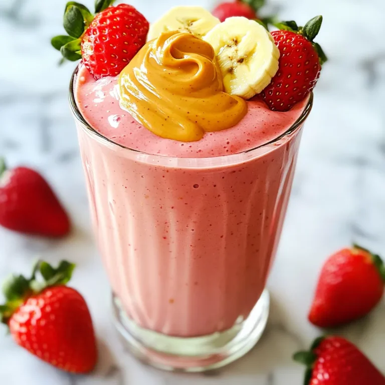 - 1 cup fresh or frozen strawberries - 1 banana, sliced - 2 tablespoons creamy peanut butter - 1 cup almond milk (or any milk of choice) - 1 tablespoon honey or maple syrup - 1/2 cup Greek yogurt - 1 teaspoon vanilla extract - A pinch of salt The main ingredients create a fantastic base for your smoothie. Fresh strawberries bring a sweet and tangy flavor. Bananas add natural sweetness and creaminess. Creamy peanut butter gives richness and a nutty taste. Almond milk or your choice of milk keeps it light and smooth. You can customize your smoothie with optional ingredients. Honey or maple syrup adds extra sweetness if needed. Greek yogurt makes it even creamier and adds protein. A splash of vanilla extract enhances the flavor. A pinch of salt balances everything out, making those flavors pop. When serving, you can add a fun touch. Garnish with fresh strawberry slices for a pop of color. A swirl of peanut butter on top looks great and tastes amazing. This recipe makes two servings, perfect for sharing or enjoying later. Use your favorite glasses to show off your beautiful smoothie! {{ingredient_image_1}} - Washing strawberries: Start by washing fresh strawberries. Rinse them well to remove dirt. If using frozen strawberries, skip this step. - Preparing banana slices: Take your banana and slice it into small pieces. This helps it blend better. - Measuring ingredients: Gather all your ingredients. Measure them carefully for the best results. You need strawberries, banana, peanut butter, almond milk, Greek yogurt, vanilla extract, and a pinch of salt. - Adding ingredients to the blender: In your blender, add the strawberries, banana slices, peanut butter, almond milk, Greek yogurt, vanilla, and salt. If you want extra sweetness, add honey or maple syrup. - Blending tips for a smooth texture: Blend the mixture on high speed. Stop to scrape down the sides if needed. Keep blending until the texture is smooth and creamy. - Tasting and modifying sweetness: After blending, take a taste. If it’s not sweet enough, add a bit more honey or maple syrup. - Tips for getting the perfect blend: Blend again after adding any sweetener. Taste until you find your perfect balance. Enjoy your smoothie when it’s just right! - Using Greek yogurt: Greek yogurt adds a rich and creamy texture. It also gives extra protein. This makes your smoothie more filling. Try using plain yogurt for the best flavor. - Alternative ingredients for creaminess: You can also use avocado or silken tofu. Both options create a smooth texture. They add healthy fats too. - Importance of blending high: Blend your smoothie on high speed. This helps mix everything well. A smooth texture is key for a tasty drink. - Scraping down sides of the blender: Stop the blender and scrape the sides. This ensures all ingredients blend evenly. It helps get rid of any lumps. - Best practices for storing smoothies: Store your smoothie in an airtight container. Glass jars work well. This keeps it fresh longer. - How to make ahead and store: You can make your smoothie ahead of time. Just blend and pour it into a jar. Store it in the fridge and drink it within 24 hours for best taste. Pro Tips Banana Ripeness: Use a ripe banana for natural sweetness and a creamier texture in your smoothie. Peanut Butter Variations: Experiment with different types of peanut butter, such as crunchy or flavored, to add a unique twist. Frozen Strawberries: If using frozen strawberries, skip the need for ice cubes; they will keep your smoothie cold and thick. Protein Boost: For an extra protein kick, consider adding a scoop of your favorite protein powder to the blend. {{image_2}} You can mix things up with a chocolate peanut butter strawberry smoothie. Just add 1 tablespoon of cocoa powder to your blender. This gives a rich, chocolaty flavor that pairs well with the strawberries. Want some greens? Adding spinach or kale boosts nutrition without changing the taste. Just a handful blends right in, making it a healthy choice for kids and adults alike. For a dairy-free twist, replace Greek yogurt with silken tofu or a dairy-free yogurt. These options still keep the creaminess while catering to different diets. If you want a vegan version, use maple syrup instead of honey. You can also try agave syrup or other plant-based sweeteners for a tasty lift. To add protein, consider adding a scoop of protein powder. This is a great way to enhance your smoothie if you need an extra boost after workouts. Chia seeds or flaxseeds are perfect for adding fiber. Just one tablespoon gives your smoothie a nutritious upgrade. They blend easily and help keep you full longer. To keep your Peanut Butter Strawberry Smoothie fresh, use glass jars or airtight containers. These containers help maintain flavor and texture. Make sure to cool the smoothie to room temperature before sealing. Store it in the fridge for best results. You can freeze your smoothie for later. Pour it into ice cube trays or freezer bags. This way, you can enjoy it anytime. To thaw, place the smoothie in the fridge overnight or use a microwave. It’s quick and easy! In the fridge, your smoothie will last about 1 to 2 days. Look for changes in smell or color as signs of spoilage. If it smells sour or looks separated, it’s time to toss it. Always trust your senses! To thicken your smoothie, add more Greek yogurt. You can also use less milk. Another option is to add a frozen banana instead of a fresh one. Frozen fruit gives a nice, thick texture. You can also try adding ice cubes. Blend until smooth for best results. Yes, you can use any nut butter you like. Almond butter, cashew butter, or even sunflower seed butter work great. Each nut butter will change the flavor a bit. Choose the one you enjoy the most. Just keep the same amount in the recipe. Yes, you can use frozen strawberries straight from the bag. They are usually washed before freezing. If you use fresh strawberries, wash them well to remove any dirt. Frozen strawberries are convenient and save time. You can store your smoothie in the fridge for up to 24 hours. After that, it may separate or lose flavor. To keep it fresh, use an airtight container. Give it a good shake before drinking if it separates. Yes, this smoothie is great for meal prep. You can make it a day ahead and store it in the fridge. If you want to freeze it, pour it into ice cube trays. Blend the cubes later for a quick, creamy drink. In this post, you learned how to make a tasty Peanut Butter Strawberry Smoothie. We covered key ingredients, step-by-step instructions, and tips for the best texture. Remember, you can adjust sweetness or try new flavors. Store leftovers in the right containers, and don’t forget to check for spoilage. This smoothie is not only flavorful but also great for meal prep. Enjoy making this easy and nutritious drink whenever you like!