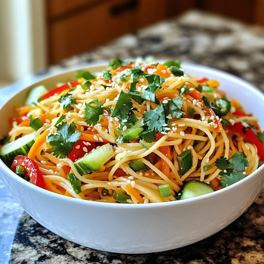 - 8 oz whole wheat spaghetti or rice noodles - 1 cup shredded carrots - 1 red bell pepper, thinly sliced - 1 cucumber, thinly sliced - 3 green onions, chopped - 1/4 cup chopped fresh cilantro - 1/4 cup sesame seeds (lightly toasted) In this recipe, I love using whole wheat spaghetti or rice noodles. They give a nice texture. Fresh vegetables add color and crunch. Carrots offer sweetness, while bell peppers add a bit of zing. Thinly sliced cucumbers bring freshness, and green onions add a mild bite. The cilantro gives a bright flavor. Lastly, the toasted sesame seeds add crunch and nutty notes. - 1/4 cup soy sauce (or tamari for gluten-free) - 2 tablespoons honey or maple syrup - 2 tablespoons sesame oil - 1 tablespoon fresh ginger, grated - 1 tablespoon lime juice - 1 clove garlic, minced - Salt and pepper to taste The dressing is where the magic happens. Soy sauce or tamari gives a savory base. Honey or maple syrup adds a hint of sweetness. Sesame oil is key for that rich flavor. Fresh ginger and garlic add warmth and depth. Lime juice gives a zesty kick. Adjust the seasoning with salt and pepper to suit your taste. This dressing ties everything together beautifully. {{ingredient_image_1}} To start, cook 8 oz of whole wheat spaghetti or rice noodles. Follow the package instructions for the best results. Usually, it takes about 8-10 minutes to achieve the perfect al dente texture. After cooking, drain the noodles in a colander. Rinse them under cold water. This step cools the noodles and prevents them from sticking together. In a large bowl, combine the cooked noodles with the fresh veggies. Add 1 cup of shredded carrots, 1 thinly sliced red bell pepper, 1 thinly sliced cucumber, 3 chopped green onions, and 1/4 cup of chopped fresh cilantro. Toss everything gently. Make sure each ingredient mixes well for an even flavor. For the dressing, grab a small bowl. Whisk together 1/4 cup of soy sauce, 2 tablespoons of honey or maple syrup, and 2 tablespoons of sesame oil. Add 1 tablespoon of freshly grated ginger, 1 tablespoon of lime juice, and 1 minced garlic clove. Mix until the dressing is smooth. Taste and adjust with salt and pepper as needed. A well-balanced dressing is key to a tasty salad. Pour the dressing over the noodle and vegetable mixture. Toss well to coat everything evenly with the dressing. Just before serving, sprinkle 1/4 cup of lightly toasted sesame seeds on top. For the best flavor, let the salad sit at room temperature for about 15 minutes. This resting time allows the flavors to meld beautifully, making each bite more delicious. To get perfect al dente noodles, start with a big pot of boiling water. Add a pinch of salt to the water. This helps add flavor to the noodles. Cook the noodles according to the package directions. Usually, this takes about 8-10 minutes. Stir the noodles often so they don't stick. Check them a minute or two before the time is up. They should be firm but not hard. Once done, drain and rinse them under cold water. This stops the cooking and cools them down quickly. If you need gluten-free noodles, swap whole wheat spaghetti for rice noodles or gluten-free pasta. For a vegan version, use maple syrup instead of honey. Tamari is a great choice for the soy sauce. You can also leave out the sesame seeds if allergies are a concern. These swaps keep the salad tasty and suitable for different diets. To boost flavors, consider adding fresh herbs like mint or basil. A sprinkle of red pepper flakes can add nice heat. You might also try a bit of sesame oil for a deeper flavor. If you love crunch, toss in chopped nuts like peanuts or cashews. Each option makes the salad more exciting and unique. Pro Tips Choose the Right Noodles: Whole wheat spaghetti adds a nutty flavor and extra fiber, while rice noodles offer a gluten-free option. Select based on your dietary preferences! Fresh Ingredients Matter: Use fresh vegetables like carrots, cucumbers, and bell peppers for the best crunch and flavor. The fresher the ingredients, the more vibrant your salad will be. Allow It to Marinate: Giving the salad a 15-minute rest at room temperature allows the flavors to meld beautifully, enhancing the overall taste. Customize Your Dressing: Feel free to adjust the sweetness or acidity of the dressing by adding more honey or lime juice according to your taste preferences. {{image_2}} You can make this salad even better by adding proteins. Try tofu for a vegan option. Chicken works well if you prefer meat. Shrimp also adds a nice touch. Just cook the protein separately, then mix it into the salad. This change gives you more flavor and makes it more filling. Feel free to switch the veggies based on what’s fresh. Use seasonal produce to keep things exciting. Try snap peas or radishes for a crunch. Broccoli or spinach can add more nutrients. Mixing in colorful vegetables not only looks good but also tastes great. The salad will stay fresh and vibrant all year round. If you want to try different flavors, change the dressing. A peanut sauce can add a nutty taste. A spicy sesame dressing can bring some heat. For a tangy twist, mix in rice vinegar instead of lime juice. Each dressing option creates a unique spin on this dish. Experiment to find your favorite! To keep your Sesame Ginger Noodle Salad fresh, use airtight containers. Glass containers work well. Ensure the salad cools before sealing. Store it in the fridge right after serving. This salad stays fresh for up to three days in the fridge. After that, the veggies may lose their crunch and flavor. Always check for any signs of spoilage before eating. You can serve this salad cold straight from the fridge. If you prefer it warm, gently heat it in a pan over low heat. Avoid using the microwave, as it can make the noodles soggy. To add heat, you have several great options. You can mix in red pepper flakes or sliced jalapeños. For a more intense kick, try adding a splash of sriracha or chili oil to the dressing. Adjust to your spice level preference. Yes, you can prepare this salad ahead of time. It tastes even better after sitting for a while. Just keep the dressing separate until you're ready to eat. This keeps the noodles and veggies crisp. Make sure to store everything in airtight containers in the fridge. Absolutely! This salad is perfect for meal prep. Cook the noodles and chop the veggies ahead of time. Store them in separate containers. When you're ready to eat, mix everything together and add the dressing. It stays fresh for several days. Sesame ginger noodle salad is a tasty, healthy dish you can make easily. We covered the key ingredients, step-by-step instructions, and tips for perfecting your salad. I shared how to customize the recipe to fit your taste. Remember, you can store leftovers well and enjoy them later. This salad is great for meal prep, too. Overall, it's a fun and flexible dish to enhance your meals. Now, grab your ingredients and start your cooking adventure!
