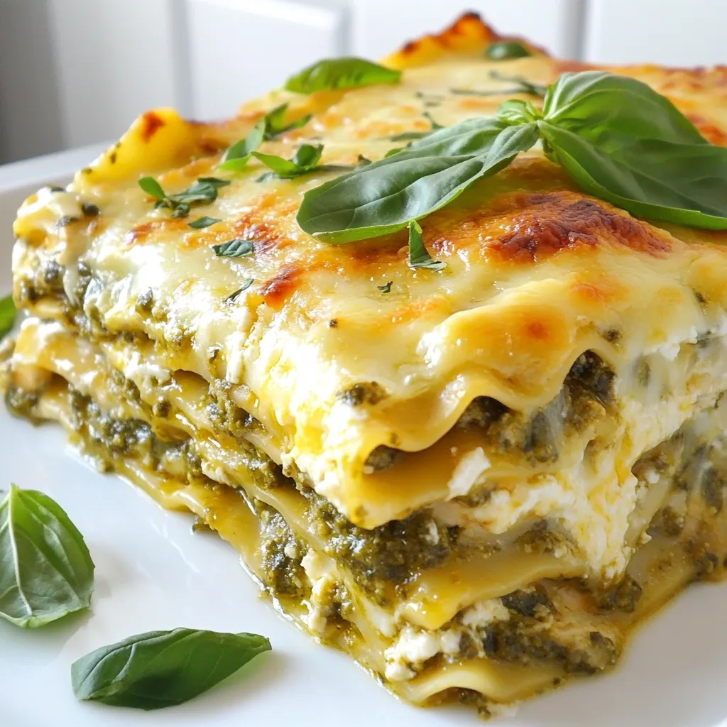 - 12 lasagna noodles - 2 cups cooked chicken, shredded - 2 cups ricotta cheese - 1 ½ cups mozzarella cheese, shredded - 1 cup parmesan cheese, grated - 1 cup basil pesto (store-bought or homemade) - 1 cup heavy cream - 1 egg - 2 cups fresh spinach (optional) - 1 teaspoon garlic powder - Salt and pepper to taste - Fresh basil leaves for garnish Gathering the right ingredients is key for this creamy pesto chicken lasagna. First, the lasagna noodles hold everything together. You can use any brand you like. Next, cooked chicken adds protein. I often use rotisserie chicken for ease. Ricotta cheese creates a creamy layer. Mozzarella cheese gives that gooey texture. Parmesan cheese adds a sharp flavor. Basil pesto provides a fresh and herby essence. Heavy cream adds richness, making the dish indulgent. An egg helps bind the ricotta. Fresh spinach is a nice touch, but it’s optional. Garlic powder enhances the flavor. Finally, salt and pepper balance everything. I like to garnish with fresh basil leaves for a pop of color. - Alternatives for ricotta cheese: You can swap ricotta with cottage cheese or cream cheese for a different taste. - Variations for pesto: If you want to change it up, try sun-dried tomato pesto or arugula pesto. - Options for different cheeses: You can mix and match cheeses, using gouda or cheddar for more flavor. - Substitutions for heavy cream: If you prefer a lighter option, use half-and-half or coconut cream. These substitutions can help you adjust the recipe to your taste. Feel free to mix things up based on what you have at home. {{ingredient_image_1}} - Preheating the oven Start by preheating your oven to 375°F (190°C). This step warms the oven for even cooking. - Cooking lasagna noodles Cook the lasagna noodles according to the package instructions. You want them al dente, so they hold up well in the dish. Drain and set aside. - Mixing ricotta cheese mixture and chicken mixture In a large bowl, mix together the ricotta cheese, half of the mozzarella cheese, grated parmesan cheese, egg, garlic powder, salt, and pepper. Stir until well blended. In another bowl, mix the shredded chicken with basil pesto and heavy cream until the chicken is well coated. - Layering in the baking dish Grab a 9x13 inch baking dish. Spread a thin layer of the chicken mixture on the bottom. Lay three lasagna noodles on top. - Order of layers for best results Spread half of the ricotta mixture over the noodles. If you want, add a layer of fresh spinach. Repeat layering: add another layer of the chicken mixture, three more noodles, and the rest of the ricotta mixture. Top it off with the last three noodles and the remaining chicken mix. Sprinkle the remaining mozzarella cheese on top. - Baking covered vs. uncovered Cover the baking dish with aluminum foil and bake in the oven for 25 minutes. This keeps the moisture in. - Tips for checking doneness After 25 minutes, remove the foil and bake for an additional 15-20 minutes. Look for bubbly cheese that is lightly golden. Once done, let the lasagna sit for about 10 minutes before slicing. This helps it hold its shape. Garnish with fresh basil leaves if desired. To avoid sticky lasagna noodles, use plenty of water when boiling. Stir the noodles often while they cook. This prevents them from sticking together. Drain and rinse them in cold water right after cooking. This cools them down and stops the cooking process. For a creamy texture, mix the ricotta cheese well with an egg. The egg helps bind the cheese and adds richness. Use heavy cream in the chicken mixture. This makes each bite smooth and tasty. To cut and serve the lasagna, use a sharp knife. Let the lasagna sit for ten minutes after baking. This helps each slice hold its shape. Serve the pieces on warm plates for a nice touch. For garnishing, add fresh basil leaves on top. They add color and a fresh taste. You can also sprinkle extra parmesan cheese for a rich finish. For extra flavor, try adding fresh herbs like thyme or oregano. These herbs blend well with the pesto. You can also sprinkle some red pepper flakes for heat. Pair this dish with a simple salad or garlic bread. A crisp green salad complements the creamy lasagna. The crunch balances the rich flavors beautifully. Pro Tips Use Fresh Ingredients: Fresh basil and high-quality chicken will elevate the flavors of your lasagna, making it more vibrant and delicious. Layer Strategically: Ensure even distribution of the cheese and chicken mixtures by layering them evenly, which will help the lasagna cook uniformly. Let It Rest: Allow the lasagna to sit for 10 minutes after baking before slicing. This helps the layers set, making it easier to serve. Experiment with Cheese: Feel free to mix different types of cheese for a unique flavor profile; blending in some feta or goat cheese can add a delightful twist. {{image_2}} You can change the protein in this dish to fit your needs. Ground turkey or beef works well. They add a nice flavor and texture. Just cook them before mixing with the pesto. For a vegetarian option, try mushrooms or zucchini. They add moisture and taste. Slice them thin and layer them in. Both options give a fresh twist to the recipe. The type of pesto can change the taste a lot. You can use sun-dried tomato pesto or spinach pesto. Each brings its own unique flavor. Adding spices can also enhance the dish. Try red pepper flakes for some heat or Italian herbs for depth. Small changes can make a big impact. If you need gluten-free options, look for gluten-free lasagna noodles. They are easy to find in stores. For low-carb diets, you can use thin slices of zucchini instead of noodles. This keeps the dish low in carbs but still filling. These options help everyone enjoy creamy pesto chicken lasagna. To store leftovers, let the lasagna cool down. Cover it tightly with plastic wrap or aluminum foil. You can also use an airtight container. This keeps moisture in and prevents drying out. Store it in the fridge for up to 3-4 days. For the best taste, eat it within this time. To freeze your lasagna, wrap it well in plastic wrap or foil. Make sure it's airtight to avoid freezer burn. You can freeze it for up to 3 months. When ready to eat, thaw it overnight in the fridge. Reheat it in the oven at 375°F (190°C) until it’s hot all the way through. This usually takes about 30-40 minutes. Enjoy your creamy pesto chicken lasagna even after some time! To reheat lasagna, use your oven. Preheat it to 350°F (175°C). Place the lasagna in a baking dish. Cover it with foil to keep moisture in. Heat for about 25 minutes or until warm. Check the center to ensure it's hot. If you use a microwave, heat on medium power. This way, you avoid a soggy texture. Yes! You can prepare this lasagna in advance. Just assemble it and cover it tightly. Store it in the fridge for up to two days. When ready to bake, just pop it in the oven. If it's cold from the fridge, add a few extra minutes to the bake time. This lasagna goes well with simple sides. Consider a fresh green salad with a light dressing. Garlic bread is another great option. You can also serve roasted vegetables on the side. These options balance the richness of the lasagna. To make this lasagna healthier, use whole wheat lasagna noodles. You can also add more vegetables. Spinach is a great option, but try zucchini or mushrooms too. Choose low-fat cheese or substitute ricotta with cottage cheese. This adds protein without too many calories. In this blog post, we explored how to make Creamy Pesto Chicken Lasagna. We covered the main ingredients, possible substitutions, and gave you step-by-step instructions. I shared tips on cooking, presentation, and even offered variations for different diets. You can enjoy this dish as a hearty meal or your special occasion food. Each layer is balanced with flavor and texture. I hope you feel inspired to create this lasagna and share it with loved ones. Enjoy your cooking!