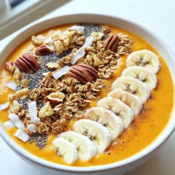 - 1 cup canned pumpkin puree - 1 ripe banana, frozen - 1/2 cup Greek yogurt - 1/2 cup almond milk (or any milk of your choice) - 1 tablespoon maple syrup (optional) - 1 teaspoon pumpkin pie spice - 1/2 teaspoon vanilla extract - Suggested Toppings: granola, chia seeds, sliced bananas, pecans, coconut flakes, cinnamon This list gives you the key items to whip up a tasty pumpkin pie smoothie bowl. I love using canned pumpkin puree because it’s full of flavor and saves time. A frozen banana adds creaminess and natural sweetness. Greek yogurt gives it a rich texture while almond milk keeps it smooth. You can adjust the maple syrup for sweetness. The pumpkin pie spice adds that classic fall taste. Don’t forget the vanilla extract to enhance the overall flavor! For toppings, get creative! Granola adds crunch, while chia seeds bring nutrition. Sliced bananas and pecans add more flavor and texture. Coconut flakes give a tropical hint, and a sprinkle of cinnamon completes this delightful bowl. Gather these ingredients, and you’re ready to enjoy a delicious smoothie bowl that tastes like pumpkin pie! - Combining Ingredients in the Blender Start by adding 1 cup of canned pumpkin puree into the blender. Next, add 1 ripe frozen banana. This banana adds creaminess and sweetness. Then, pour in 1/2 cup of Greek yogurt. This will give your smoothie a rich texture. After that, add 1/2 cup of almond milk. You can use any milk you like. Don’t forget 1 tablespoon of maple syrup if you want extra sweetness. Add 1 teaspoon of pumpkin pie spice for that warm flavor. Lastly, include 1/2 teaspoon of vanilla extract for a touch of sweetness. - Blending for Smooth Consistency Blend all the ingredients on high speed. Watch as the mixture starts to come together. Make sure to scrape down the sides. This helps mix all the ingredients evenly. Blend until the mixture is smooth and creamy. This should take about 30 seconds to a minute. - Adjusting Consistency as Needed Check the smoothie’s thickness. If it feels too thick, that’s okay! Just add a bit more almond milk. Blend again until it reaches your desired texture. You want it thick but pourable. - Pouring the Smoothie into a Bowl Once the smoothie is ready, carefully pour it into a bowl. Make sure to leave some space at the top for toppings. - Arranging Toppings Creatively Now comes the fun part! Start with a layer of granola for crunch. Next, add sliced bananas for a fruity touch. Sprinkle some chia seeds for extra nutrition. Then, toss on chopped pecans for a nutty flavor. Don’t forget coconut flakes for a tropical vibe! Finally, finish with a light dusting of cinnamon. This adds warmth and makes your bowl look beautiful. Enjoy your delicious creation! Tips for Achieving the Right Consistency To get the perfect smoothie bowl, focus on the blend. Start with the pumpkin puree, frozen banana, and Greek yogurt. Blend these first to create a thick base. If it feels too thick, add almond milk slowly. This will help it mix well without losing creaminess. A good rule is to keep the mixture thick but smooth. You want it almost like soft ice cream. This ensures your toppings stay on top! Best Practices for Topping Arrangement Arranging toppings can turn your smoothie bowl into art. Start with a layer of granola at the bottom. This adds a nice crunch. Then, add sliced bananas in a fan shape. Sprinkle chia seeds evenly across the top for texture. Next, add chopped pecans for a nutty flavor. Finally, finish with coconut flakes and a dusting of cinnamon. This not only looks good but also creates layers of flavor. How to Increase Sweetness Naturally To sweeten your smoothie bowl, use ripe bananas. They add natural sweetness. If you want more, drizzle a little maple syrup on top. This adds flavor without being too sugary. You can also try adding a hint of honey or agave syrup. Just remember to taste as you go! Experimenting with Spice Levels Spice can take your smoothie bowl to the next level. Pumpkin pie spice is already a great start. If you love warmth, add a bit more. You can also try adding a pinch of nutmeg or ginger for a twist. Each spice brings its own flavor and warmth. Don't be afraid to mix and match to find what you love! {{image_2}} Alternative Milk Options You can switch almond milk for your favorite milk. Try oat milk, coconut milk, or soy milk. Each milk brings a unique taste to your smoothie bowl. For a creamier texture, use whole milk or cashew milk. Experimenting with milk options can change the whole vibe of your bowl! Adding Protein Powder or Nut Butter Want to boost the protein? Add a scoop of your favorite protein powder. Vanilla or chocolate flavors work great. You can also stir in a spoonful of nut butter. Almond or peanut butter adds creaminess and a nutty taste. This swap makes your smoothie bowl even more filling. Incorporating Other Fall Flavors While pumpkin shines, other fall flavors can join the party! Try adding a bit of apple or pear puree for a fruity twist. You can also mix in some chopped dates for added sweetness. If you like spice, try adding a pinch of nutmeg or ginger. These flavors will make your smoothie bowl feel warm and cozy, just like autumn! To keep your pumpkin pie smoothie bowl fresh, use airtight containers. Glass jars or plastic containers with tight lids work well. These containers help prevent air from getting in and changing the taste. You can store the leftover smoothie in the fridge for up to two days. However, for the best taste and texture, enjoy it within one day. If you notice any separation, just give it a good stir before eating. If you want to save the smoothie for later, freezing is a great choice. First, pour the smoothie into ice cube trays or freezer-safe bags. Leave some space in the bags, as liquids expand when frozen. To enjoy your frozen smoothie, thaw it in the fridge overnight or leave it out for a few hours. You can also blend the frozen cubes with a splash of almond milk for a quick treat. This way, you get a thick, creamy smoothie bowl whenever you crave it! Yes, you can make this smoothie bowl vegan. Use coconut yogurt instead of Greek yogurt. Swap almond milk for any plant-based milk. This keeps the creamy texture and rich flavor. If you want a dairy-free option, use coconut yogurt or soy yogurt. Both will give a similar creaminess. You can also try silken tofu for added protein and smoothness. You can prepare the smoothie mix ahead. Blend all the ingredients and store in the fridge. When you are ready, pour it in a bowl and add toppings. This saves time and still tastes fresh. Absolutely! Just use oat milk or rice milk instead of almond milk. Avoid adding nuts for toppings too. Use seeds or fruits for crunch and flavor. This keeps your bowl nut-free and delicious. This blog post covers how to make a tasty and healthy smoothie bowl. We discussed key ingredients like pumpkin puree and banana, plus the steps to blend them into a smooth mix. I shared tips for perfecting your bowl and ways to switch it up with different flavors and toppings. Remember to store any leftovers wisely to keep them fresh. Smoothie bowls are fun and versatile, so don’t hesitate to get creative! Enjoy experimenting and finding your favorite mix.