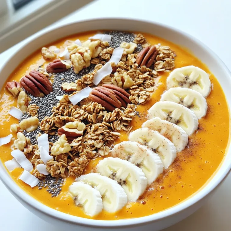 - 1 cup canned pumpkin puree - 1 ripe banana, frozen - 1/2 cup Greek yogurt - 1/2 cup almond milk (or any milk of your choice) - 1 tablespoon maple syrup (optional) - 1 teaspoon pumpkin pie spice - 1/2 teaspoon vanilla extract - Suggested Toppings: granola, chia seeds, sliced bananas, pecans, coconut flakes, cinnamon This list gives you the key items to whip up a tasty pumpkin pie smoothie bowl. I love using canned pumpkin puree because it’s full of flavor and saves time. A frozen banana adds creaminess and natural sweetness. Greek yogurt gives it a rich texture while almond milk keeps it smooth. You can adjust the maple syrup for sweetness. The pumpkin pie spice adds that classic fall taste. Don’t forget the vanilla extract to enhance the overall flavor! For toppings, get creative! Granola adds crunch, while chia seeds bring nutrition. Sliced bananas and pecans add more flavor and texture. Coconut flakes give a tropical hint, and a sprinkle of cinnamon completes this delightful bowl. Gather these ingredients, and you’re ready to enjoy a delicious smoothie bowl that tastes like pumpkin pie! - Combining Ingredients in the Blender Start by adding 1 cup of canned pumpkin puree into the blender. Next, add 1 ripe frozen banana. This banana adds creaminess and sweetness. Then, pour in 1/2 cup of Greek yogurt. This will give your smoothie a rich texture. After that, add 1/2 cup of almond milk. You can use any milk you like. Don’t forget 1 tablespoon of maple syrup if you want extra sweetness. Add 1 teaspoon of pumpkin pie spice for that warm flavor. Lastly, include 1/2 teaspoon of vanilla extract for a touch of sweetness. - Blending for Smooth Consistency Blend all the ingredients on high speed. Watch as the mixture starts to come together. Make sure to scrape down the sides. This helps mix all the ingredients evenly. Blend until the mixture is smooth and creamy. This should take about 30 seconds to a minute. - Adjusting Consistency as Needed Check the smoothie’s thickness. If it feels too thick, that’s okay! Just add a bit more almond milk. Blend again until it reaches your desired texture. You want it thick but pourable. - Pouring the Smoothie into a Bowl Once the smoothie is ready, carefully pour it into a bowl. Make sure to leave some space at the top for toppings. - Arranging Toppings Creatively Now comes the fun part! Start with a layer of granola for crunch. Next, add sliced bananas for a fruity touch. Sprinkle some chia seeds for extra nutrition. Then, toss on chopped pecans for a nutty flavor. Don’t forget coconut flakes for a tropical vibe! Finally, finish with a light dusting of cinnamon. This adds warmth and makes your bowl look beautiful. Enjoy your delicious creation! Tips for Achieving the Right Consistency To get the perfect smoothie bowl, focus on the blend. Start with the pumpkin puree, frozen banana, and Greek yogurt. Blend these first to create a thick base. If it feels too thick, add almond milk slowly. This will help it mix well without losing creaminess. A good rule is to keep the mixture thick but smooth. You want it almost like soft ice cream. This ensures your toppings stay on top! Best Practices for Topping Arrangement Arranging toppings can turn your smoothie bowl into art. Start with a layer of granola at the bottom. This adds a nice crunch. Then, add sliced bananas in a fan shape. Sprinkle chia seeds evenly across the top for texture. Next, add chopped pecans for a nutty flavor. Finally, finish with coconut flakes and a dusting of cinnamon. This not only looks good but also creates layers of flavor. How to Increase Sweetness Naturally To sweeten your smoothie bowl, use ripe bananas. They add natural sweetness. If you want more, drizzle a little maple syrup on top. This adds flavor without being too sugary. You can also try adding a hint of honey or agave syrup. Just remember to taste as you go! Experimenting with Spice Levels Spice can take your smoothie bowl to the next level. Pumpkin pie spice is already a great start. If you love warmth, add a bit more. You can also try adding a pinch of nutmeg or ginger for a twist. Each spice brings its own flavor and warmth. Don't be afraid to mix and match to find what you love! {{image_2}} Alternative Milk Options You can switch almond milk for your favorite milk. Try oat milk, coconut milk, or soy milk. Each milk brings a unique taste to your smoothie bowl. For a creamier texture, use whole milk or cashew milk. Experimenting with milk options can change the whole vibe of your bowl! Adding Protein Powder or Nut Butter Want to boost the protein? Add a scoop of your favorite protein powder. Vanilla or chocolate flavors work great. You can also stir in a spoonful of nut butter. Almond or peanut butter adds creaminess and a nutty taste. This swap makes your smoothie bowl even more filling. Incorporating Other Fall Flavors While pumpkin shines, other fall flavors can join the party! Try adding a bit of apple or pear puree for a fruity twist. You can also mix in some chopped dates for added sweetness. If you like spice, try adding a pinch of nutmeg or ginger. These flavors will make your smoothie bowl feel warm and cozy, just like autumn! To keep your pumpkin pie smoothie bowl fresh, use airtight containers. Glass jars or plastic containers with tight lids work well. These containers help prevent air from getting in and changing the taste. You can store the leftover smoothie in the fridge for up to two days. However, for the best taste and texture, enjoy it within one day. If you notice any separation, just give it a good stir before eating. If you want to save the smoothie for later, freezing is a great choice. First, pour the smoothie into ice cube trays or freezer-safe bags. Leave some space in the bags, as liquids expand when frozen. To enjoy your frozen smoothie, thaw it in the fridge overnight or leave it out for a few hours. You can also blend the frozen cubes with a splash of almond milk for a quick treat. This way, you get a thick, creamy smoothie bowl whenever you crave it! Yes, you can make this smoothie bowl vegan. Use coconut yogurt instead of Greek yogurt. Swap almond milk for any plant-based milk. This keeps the creamy texture and rich flavor. If you want a dairy-free option, use coconut yogurt or soy yogurt. Both will give a similar creaminess. You can also try silken tofu for added protein and smoothness. You can prepare the smoothie mix ahead. Blend all the ingredients and store in the fridge. When you are ready, pour it in a bowl and add toppings. This saves time and still tastes fresh. Absolutely! Just use oat milk or rice milk instead of almond milk. Avoid adding nuts for toppings too. Use seeds or fruits for crunch and flavor. This keeps your bowl nut-free and delicious. This blog post covers how to make a tasty and healthy smoothie bowl. We discussed key ingredients like pumpkin puree and banana, plus the steps to blend them into a smooth mix. I shared tips for perfecting your bowl and ways to switch it up with different flavors and toppings. Remember to store any leftovers wisely to keep them fresh. Smoothie bowls are fun and versatile, so don’t hesitate to get creative! Enjoy experimenting and finding your favorite mix.