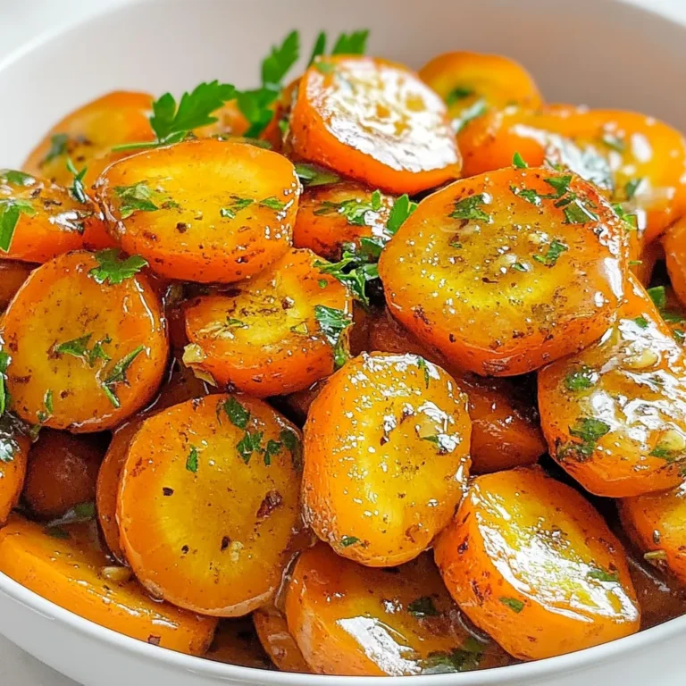 To make honey garlic glazed carrots, you will need: - 1 lb fresh carrots, peeled and sliced into 1/4-inch rounds - 3 tablespoons honey - 2 tablespoons unsalted butter - 3 cloves garlic, minced - 1 tablespoon soy sauce (or tamari for gluten-free) - 1 teaspoon fresh thyme leaves (or 1/2 teaspoon dried thyme) - Salt and pepper to taste - Optional: chopped parsley for garnish I love using fresh, sweet carrots for this dish. Look for carrots that are bright and firm. Baby carrots are great for a quick meal. You can also try rainbow carrots for fun colors. They add a nice touch when served. If you need to make swaps, here are some ideas: - Use maple syrup or agave in place of honey for vegan options. - Swap butter with olive oil or vegan butter to keep it dairy-free. - For a low-sodium dish, use coconut aminos instead of soy sauce. - If you can’t have thyme, try rosemary or parsley for a different flavor. {{ingredient_image_1}} Start by peeling the carrots. This step removes the outer skin, which can be tough. Next, slice the carrots into even rounds, about 1/4-inch thick. This size helps them cook evenly. Uniform pieces ensure each bite is just right. Take a large skillet and place it on the stove over medium heat. Add 2 tablespoons of unsalted butter. Let it melt completely. Once melted, add the sliced carrots to the skillet. Stir them around for about 5 minutes. You want them to soften but not brown. After that, add 3 cloves of minced garlic. Keep stirring for 1-2 minutes until the garlic smells great. Now it’s time to add flavor! Drizzle 3 tablespoons of honey over the carrots. Then add 1 tablespoon of soy sauce. Mix everything well so the carrots get coated in the glaze. Next, sprinkle in 1 teaspoon of fresh thyme leaves. Season with salt and pepper to taste. Lower the heat and cover the skillet. Let the carrots simmer for 10 minutes. Stir occasionally to stop them from sticking. When they’re tender, taste and adjust the seasoning if you need to. If you want, you can garnish with chopped parsley before serving. Enjoy your vibrant, sweet dish! Choose fresh carrots that feel firm and smooth. Look for rich orange color. Avoid carrots that are soft or have dark spots. Baby carrots are sweet, but regular carrots have more flavor. If you can, buy organic carrots. They taste better and are healthier. If you want more sweetness, add a bit more honey. For a savory twist, use less honey and more soy sauce. You can also add a splash of lemon juice for tang. This balances the sweetness and makes the dish more complex. Taste as you cook to find your perfect blend. Do not overcook the carrots. They should be tender but still crisp. If they cook too long, they can become mushy. Also, be careful with the garlic. Burnt garlic tastes bitter and ruins the dish. Stir the garlic in well and watch the heat closely. Lastly, don’t skip seasoning. Salt and pepper enhance all the flavors. Pro Tips Choose Fresh Carrots: Select vibrant, firm carrots for the best flavor and texture. Control the Heat: Maintain medium heat to ensure the butter doesn’t burn and the garlic stays fragrant. Adjust Sweetness: Feel free to modify the amount of honey based on your sweetness preference. Experiment with Herbs: Try adding other herbs like rosemary or dill for a unique twist. {{image_2}} You can add fresh herbs to the honey garlic glaze. Thyme works great, but try rosemary or dill for a twist. Chop them finely and stir them in just before serving. This adds freshness and bright flavor to the carrots. You can even mix herbs for a more complex taste. If you like heat, sprinkle in some red pepper flakes or cayenne pepper. Start with a small amount, then taste and adjust. This gives a nice contrast to the sweet honey glaze. You can also try adding ground ginger for warmth. It pairs well with the garlic and honey. You can swap honey for maple syrup or agave nectar. Both add sweetness but change the flavor a bit. For a savory twist, try using balsamic glaze instead. It will make the dish tangy and rich. You can also use coconut aminos for a soy sauce alternative. This keeps it gluten-free and adds a unique flavor. After you enjoy your honey garlic glazed carrots, you might have some left. To store them, let the carrots cool down first. Place them in an airtight container. This keeps them fresh and tasty. You can keep them in the fridge for up to 3 days. If you want to keep them longer, consider freezing. To reheat the carrots, you have a couple of easy options. You can use the microwave or the stovetop. If using the microwave, place the carrots in a bowl and cover them. Heat in short bursts, stirring between, until warm. If using the stovetop, add the carrots to a skillet with a splash of water. Heat over medium until they are hot. This helps keep them moist and flavorful. Freezing is a great way to save your honey garlic glazed carrots for later. To freeze, first cool them completely. Then, place them in a freezer bag or container. Try to remove as much air as possible to prevent freezer burn. They will keep well for up to 3 months. When you are ready to eat them, thaw in the fridge overnight. Reheat as described above for the best taste. Honey garlic glazed carrots last about 3 to 5 days in the fridge. Store them in an airtight container. This keeps them fresh and tasty. If you want them to last longer, you can freeze them. Just make sure to cool them first. They can stay in the freezer for up to 3 months. Yes, you can make this recipe vegan! Simply replace the unsalted butter with plant-based butter or olive oil. Use maple syrup instead of honey for a sweet touch. Both swaps will keep the flavor rich and delicious without any animal products. Honey garlic glazed carrots pair well with many dishes. Try serving them with roasted chicken or grilled fish. They also go great with rice or quinoa for a healthy meal. Add them to a salad for a pop of color and flavor. Don't forget to enjoy them with your favorite dip for a fun snack! You now have a solid plan for making honey garlic glazed carrots. We covered the key ingredients, cooking steps, and helpful tips. I shared ideas for tasty variations and best ways to store leftovers. Remember to select fresh carrots and enjoy the sweet, savory mix. With these guidelines, you can make this dish your own. Trust me, you'll impress your friends and family with these simple but delicious carrots!