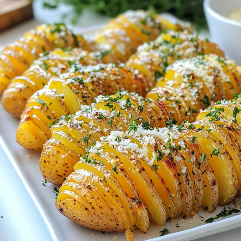 To make Garlic Herb Hasselback Potatoes, you need a few simple ingredients. Here’s what you will need: - 4 medium-sized russet potatoes - 4 tablespoons unsalted butter, melted - 6 cloves garlic, minced - 2 tablespoons fresh rosemary, chopped - 2 tablespoons fresh thyme, chopped - 1 teaspoon paprika - Salt and pepper to taste - ¼ cup grated Parmesan cheese (optional) - Chopped parsley for garnish These ingredients work together to create a flavor that is rich and savory. The garlic and herbs bring great taste, while the butter adds a nice richness. The potatoes become crispy on the outside and soft on the inside. If you love cheese, adding Parmesan gives a wonderful touch. Don't skip the parsley; it adds a fresh look and taste. When choosing potatoes, go for medium russet potatoes. They hold their shape well and have a fluffy texture. The fresh herbs are a must for the best flavor. Using fresh garlic also makes a big difference. Gather these ingredients, and you are ready to start this tasty dish! {{ingredient_image_1}} First, preheat your oven to 425°F (220°C). This heat helps the potatoes cook evenly and get crispy. Next, wash the potatoes well. Remove any dirt and then dry them with a towel. This step is key for crispiness. Now, let’s slice the potatoes. Place each potato on a cutting board. Cut them crosswise into thin slices, but don’t cut all the way through. Leave about ¼ inch at the bottom. This keeps the potato together and creates those tasty little pockets. In a small bowl, combine the melted butter, minced garlic, chopped rosemary, chopped thyme, paprika, salt, and pepper. Mix well. This garlic herb mixture adds tons of flavor. Make sure the herbs and garlic are spread evenly in the butter. This way, every bite of potato bursts with tasty goodness. Arrange the sliced potatoes on a baking sheet lined with parchment paper. This makes for easy cleanup later. Use a pastry brush or a spoon to generously spread the garlic herb mixture over each potato. Let it seep into the cuts for extra flavor. Bake in the preheated oven for about 50-60 minutes. Halfway through baking, baste the potatoes again with the leftover butter mixture. For the last 10 minutes, sprinkle grated Parmesan cheese on top if you want. This creates a lovely, cheesy crust. When the potatoes are golden and crispy, take them out and let them cool for a few minutes. Finally, garnish with chopped parsley for a fresh look before you serve them. To get the best texture from Hasselback potatoes, slicing is key. Cut each potato into thin slices, but stop about ¼ inch from the bottom. This keeps the potato intact. For crispiness, bake at 425°F (220°C). This high heat helps the edges crisp up nicely. Use parchment paper on your baking sheet for easy cleanup. You can boost flavor in many ways. Try adding extra seasonings like onion powder or black pepper for a kick. For herb variations, mix it up! Use thyme, sage, or even dill. Each herb brings a unique taste. Garnish your potatoes for a stunning finish. Chopped parsley adds a fresh touch. You can also sprinkle extra cheese on top for a beautiful crust. For serving suggestions, pair these potatoes with roasted vegetables or a light salad. They work great alongside grilled chicken or fish, making a complete meal. Pro Tips Choose the Right Potatoes: For the best Hasselback potatoes, opt for medium-sized russet potatoes, as they hold their shape well and have a fluffy interior when cooked. Perfectly Even Slices: To ensure even cooking and presentation, use chopsticks or a wooden spoon on either side of the potato as a guide while slicing. This prevents cutting all the way through. Flavor Infusion: Allow the garlic herb mixture to marinate for a few minutes before brushing it on the potatoes. This enhances the flavors and ensures a more aromatic dish. Don't Skip the Baste: Basting the potatoes halfway through baking with the remaining butter mixture not only adds flavor but also helps achieve a golden, crispy exterior. {{image_2}} If you love cheese, this part is for you. You can use many types of cheese. Try cheddar, gouda, or even feta. Each cheese gives a new taste. For a smoky flavor, use smoked cheese. It adds depth and richness to your dish. Just sprinkle some on top during the last minutes of baking. The cheese will melt and form a tasty crust. Want to make it vegan? It is easy! Swap the butter for olive oil or vegan butter. Both work well and keep the potatoes moist. For cheese, use a vegan cheese option. Nutritional yeast is another great choice. It gives a cheesy flavor without dairy. These substitutions keep the dish tasty and plant-based. Want to add a kick? Try chili flakes or paprika. They bring heat and a lively twist. Mix in different herbs, too! Basil or oregano can change the flavor profile. Experiment with your favorite spices to find the best mix. Each option gives your potatoes a unique taste that you will love. To keep your cooked Garlic Herb Hasselback Potatoes fresh, follow these steps: - Let the potatoes cool completely before storing. - Place them in an airtight container. - Store in the fridge for up to 3 days. Using glass or plastic containers works best for easy stacking. Reheating can change the texture of your potatoes. Here’s how to get them just right: - Oven Method: Preheat your oven to 350°F (175°C). Place the potatoes on a baking sheet. Bake for about 15-20 minutes until heated through. This method keeps them crispy. - Microwave Method: Place the potatoes on a microwave-safe plate. Heat for about 1-2 minutes. This method is quick but may make them a bit soft. Can you freeze Hasselback potatoes? Yes, but with care: - First, let the potatoes cool completely. - Wrap each potato tightly in plastic wrap. - Place them in a freezer-safe bag or container. For thawing, move them to the fridge overnight before reheating. This helps keep their texture nice. Hasselback potatoes are a fun way to cook potatoes. They originated in Sweden. The dish features potatoes sliced thin, but not all the way through. This method lets the potato cook evenly while holding its shape. Each slice gets crispy and holds flavors well. Yes, you can! While russet potatoes work great, you can try others. Yukon golds are creamy, while red potatoes keep their shape well. Choose potatoes that are similar in size for even cooking. To check for doneness, look for a golden-brown color. The outside should be crispy. You can insert a fork into the potato. It should slide in easily. If it feels firm, it needs more time. Absolutely! You can slice and season the potatoes in advance. Store them in water to prevent browning. Just dry them well before baking. Bake them when you're ready for a delicious side dish. This blog post covered everything about making delicious Hasselback potatoes. We discussed the right ingredients and step-by-step instructions. You learned helpful tips for texture and flavor, along with variations to suit your tastes. Storing and reheating are simple if you follow the guidelines. Try this recipe for a tasty side dish. Adjust flavors to your liking, and share with friends. Cooking can be fun and easy, especially with new ideas! Enjoy your delightful creation, and remember to get creative!