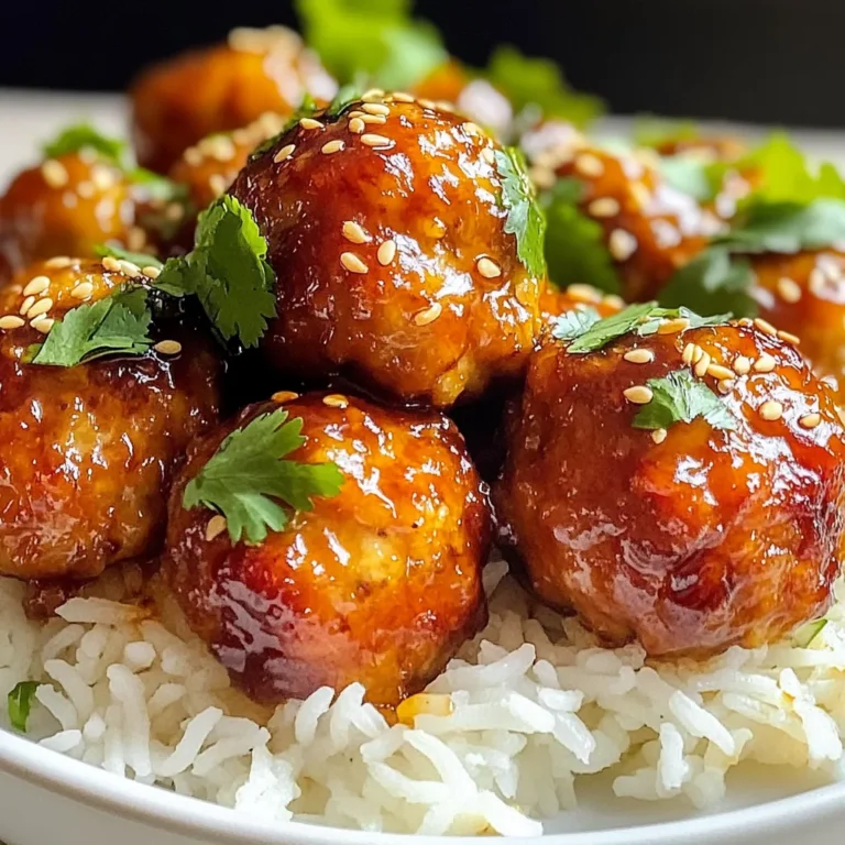 To make these tasty meatballs, you need: - 1 lb ground chicken - 1/2 cup breadcrumbs - 1/4 cup grated Parmesan cheese - 2 cloves garlic, minced - 1/4 cup green onions, finely chopped - 1 large egg - 2 tablespoons soy sauce - 1 teaspoon ginger, grated - 1/4 teaspoon black pepper These simple ingredients come together to create a juicy and flavorful meatball. The ground chicken keeps the meatballs light, while the breadcrumbs and Parmesan add texture. Garlic and green onions give a fresh taste, and soy sauce brings in umami. For the sweet and savory sauce, gather: - 1/2 cup honey - 1/4 cup soy sauce - 1 tablespoon sesame oil This sauce is the star of the dish. Honey offers sweetness, while soy sauce adds depth. Sesame oil introduces a nutty flavor that ties everything together. Garnishes can elevate your dish. Consider using: - Sesame seeds - Fresh cilantro leaves These garnishes add a pop of color and extra flavor. You can also serve the meatballs over rice or alongside veggies for a complete meal. Enjoy the mix of textures and tastes! {{ingredient_image_1}} First, you need to preheat your oven. Set it to 400°F (200°C). This heat helps cook the meatballs evenly. Next, line a baking sheet with parchment paper. This step keeps the meatballs from sticking. In a large bowl, gather all the meatball ingredients. Combine 1 pound of ground chicken, 1/2 cup of breadcrumbs, and 1/4 cup of grated Parmesan cheese. Add 2 cloves of minced garlic and 1/4 cup of finely chopped green onions. Then, crack in 1 large egg. Pour in 2 tablespoons of soy sauce, 1 teaspoon of grated ginger, and 1/4 teaspoon of black pepper. Mix these ingredients well until they blend smoothly together. Now, use your hands to form the mixture into small meatballs. Aim for about 1 inch in diameter. Place these meatballs on your lined baking sheet. Make sure to leave space between each one. This space allows them to cook evenly. Once they are all on the sheet, put it in the preheated oven. Bake for 20 to 25 minutes until the meatballs turn golden brown. While the meatballs bake, it’s time to make the honey garlic sauce. In a small saucepan, mix together 1/2 cup of honey, 1/4 cup of soy sauce, and 1 tablespoon of sesame oil. Heat this mixture over medium heat. Stir it until it warms up, about 2 to 3 minutes. Do not let it boil. Once the meatballs are done, take them out of the oven. Move them to a large bowl. Pour the honey garlic sauce over the hot meatballs. Toss them gently to coat evenly. Finally, transfer the coated meatballs to a serving platter. Garnish with sesame seeds and fresh cilantro leaves. Enjoy your meal! To make moist meatballs, always use fresh ground chicken. Fresh meat keeps moisture. Mixing in breadcrumbs and Parmesan helps too. The egg binds the mixture and adds moisture. Don't overmix the ingredients. Overmixing makes meatballs tough. Form the meatballs gently and keep them about one inch wide. This size cooks evenly and stays juicy. Prep ahead to save time. You can mix the meatball ingredients the night before. Shape them and store in the fridge. This makes cooking easier on busy days. Use a cookie scoop for quick and even portions. Also, line your baking sheet with parchment paper to avoid sticking. For even cooking, space the meatballs on the baking sheet. Leave about one inch between each ball. This way, hot air circulates around them. Rotate the baking sheet halfway through cooking for better results. Check the meatballs with a food thermometer. They should reach 165°F (74°C) to be fully cooked. Pro Tips Use Fresh Ingredients: Fresh garlic and ginger will give your meatballs a vibrant flavor that dried versions simply can't match. Adjust Sweetness: If you prefer a less sweet sauce, reduce the amount of honey or add more soy sauce to balance the flavors. Experiment with Herbs: Feel free to add herbs like parsley or basil for a different flavor profile and freshness. Serve with Dipping Sauce: Consider serving extra honey garlic sauce on the side as a delicious dipping sauce for the meatballs. {{image_2}} You can swap ground chicken for other meats. Ground turkey works well and has a similar taste. For a richer flavor, try ground beef. If you want a lighter option, ground pork is a great choice. You can even use ground lamb for a unique twist. For plant-based options, use lentils or chickpeas. Just mash them and mix with your favorite spices. While honey garlic sauce is a hit, you can explore other flavors. A teriyaki sauce adds a sweet, tangy kick. For a spicy touch, use a sriracha glaze. You can create a sweet-and-sour sauce with vinegar, sugar, and ketchup. If you love Asian flavors, try a hoisin sauce. Each sauce brings its own taste to the meatballs. To make this dish gluten-free, use gluten-free breadcrumbs or oats. You can also use ground nuts as a binder. For a low-carb version, skip the breadcrumbs altogether. Instead, add grated zucchini or cauliflower rice to the mixture. This keeps the meatballs moist and tasty. Always check labels for hidden gluten in sauces. After enjoying your honey garlic chicken meatballs, you can save the leftovers. Place any extra meatballs in an airtight container. Make sure they cool down before sealing. Store them in the fridge for up to three days. This way, they stay fresh and tasty. Reheating meatballs is easy. You can use the oven or the microwave. For the oven, preheat it to 350°F (175°C). Place the meatballs on a baking sheet and heat for about 10-15 minutes. If using a microwave, put the meatballs on a safe plate. Heat them for 1-2 minutes, checking to ensure they are warm throughout. Freezing meatballs is a great option for later meals. To freeze, first, let the meatballs cool completely. Then, arrange them in a single layer on a baking sheet. Freeze them for 1-2 hours until firm. Once frozen, transfer the meatballs to a freezer bag. They can last up to three months in the freezer. When ready to eat, thaw them overnight in the fridge and reheat as mentioned above. Yes, you can use ground turkey. It has a mild flavor similar to chicken. The texture will be slightly different, but the meatballs will still taste great. Just follow the same recipe for mixing and baking. You might enjoy a leaner option with ground turkey. To add heat to the sauce, include red pepper flakes or sriracha. Start with a small amount and taste it. You can always add more if you want extra spice. Another option is to mix in some chopped jalapeños for a fresh kick. These meatballs pair well with many sides. You can serve them over jasmine rice or with steamed broccoli. They also taste great in a wrap or on a bed of mixed greens. Feel free to drizzle extra sauce on top for more flavor. Cooked meatballs last about three to four days in the fridge. Be sure to store them in an airtight container. If you want them to last longer, consider freezing them. This way, you can enjoy them later without losing flavor. We explored how to make tasty honey garlic chicken meatballs. You learned about key ingredients, easy steps, and useful tips. Don't forget to try different proteins and sauces for fun new flavors. Remember to store leftovers well and reheat them properly. This dish can fit your diet, too. Whether you serve them as a snack or a meal, these meatballs are sure to please. Enjoy creating your own delicious version!