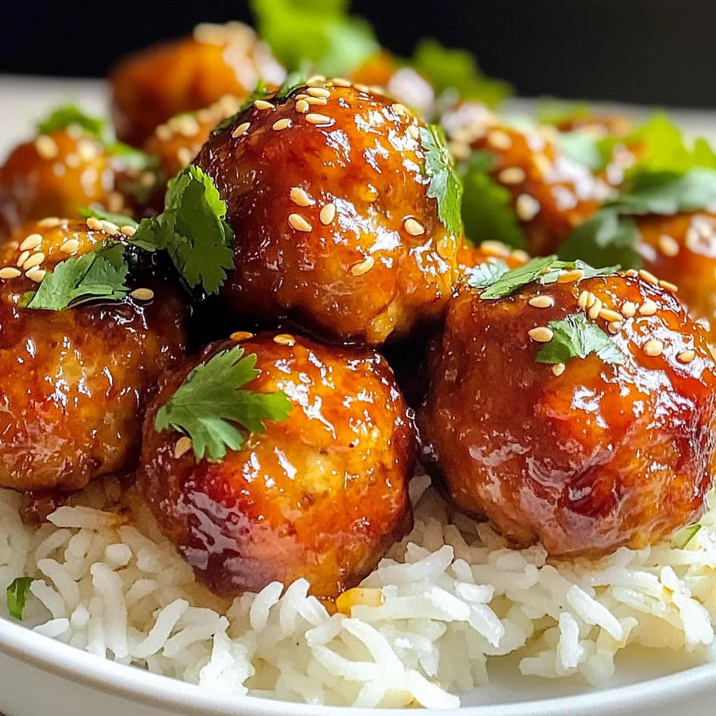 To make these tasty meatballs, you need: - 1 lb ground chicken - 1/2 cup breadcrumbs - 1/4 cup grated Parmesan cheese - 2 cloves garlic, minced - 1/4 cup green onions, finely chopped - 1 large egg - 2 tablespoons soy sauce - 1 teaspoon ginger, grated - 1/4 teaspoon black pepper These simple ingredients come together to create a juicy and flavorful meatball. The ground chicken keeps the meatballs light, while the breadcrumbs and Parmesan add texture. Garlic and green onions give a fresh taste, and soy sauce brings in umami. For the sweet and savory sauce, gather: - 1/2 cup honey - 1/4 cup soy sauce - 1 tablespoon sesame oil This sauce is the star of the dish. Honey offers sweetness, while soy sauce adds depth. Sesame oil introduces a nutty flavor that ties everything together. Garnishes can elevate your dish. Consider using: - Sesame seeds - Fresh cilantro leaves These garnishes add a pop of color and extra flavor. You can also serve the meatballs over rice or alongside veggies for a complete meal. Enjoy the mix of textures and tastes! {{ingredient_image_1}} First, you need to preheat your oven. Set it to 400°F (200°C). This heat helps cook the meatballs evenly. Next, line a baking sheet with parchment paper. This step keeps the meatballs from sticking. In a large bowl, gather all the meatball ingredients. Combine 1 pound of ground chicken, 1/2 cup of breadcrumbs, and 1/4 cup of grated Parmesan cheese. Add 2 cloves of minced garlic and 1/4 cup of finely chopped green onions. Then, crack in 1 large egg. Pour in 2 tablespoons of soy sauce, 1 teaspoon of grated ginger, and 1/4 teaspoon of black pepper. Mix these ingredients well until they blend smoothly together. Now, use your hands to form the mixture into small meatballs. Aim for about 1 inch in diameter. Place these meatballs on your lined baking sheet. Make sure to leave space between each one. This space allows them to cook evenly. Once they are all on the sheet, put it in the preheated oven. Bake for 20 to 25 minutes until the meatballs turn golden brown. While the meatballs bake, it’s time to make the honey garlic sauce. In a small saucepan, mix together 1/2 cup of honey, 1/4 cup of soy sauce, and 1 tablespoon of sesame oil. Heat this mixture over medium heat. Stir it until it warms up, about 2 to 3 minutes. Do not let it boil. Once the meatballs are done, take them out of the oven. Move them to a large bowl. Pour the honey garlic sauce over the hot meatballs. Toss them gently to coat evenly. Finally, transfer the coated meatballs to a serving platter. Garnish with sesame seeds and fresh cilantro leaves. Enjoy your meal! To make moist meatballs, always use fresh ground chicken. Fresh meat keeps moisture. Mixing in breadcrumbs and Parmesan helps too. The egg binds the mixture and adds moisture. Don't overmix the ingredients. Overmixing makes meatballs tough. Form the meatballs gently and keep them about one inch wide. This size cooks evenly and stays juicy. Prep ahead to save time. You can mix the meatball ingredients the night before. Shape them and store in the fridge. This makes cooking easier on busy days. Use a cookie scoop for quick and even portions. Also, line your baking sheet with parchment paper to avoid sticking. For even cooking, space the meatballs on the baking sheet. Leave about one inch between each ball. This way, hot air circulates around them. Rotate the baking sheet halfway through cooking for better results. Check the meatballs with a food thermometer. They should reach 165°F (74°C) to be fully cooked. Pro Tips Use Fresh Ingredients: Fresh garlic and ginger will give your meatballs a vibrant flavor that dried versions simply can't match. Adjust Sweetness: If you prefer a less sweet sauce, reduce the amount of honey or add more soy sauce to balance the flavors. Experiment with Herbs: Feel free to add herbs like parsley or basil for a different flavor profile and freshness. Serve with Dipping Sauce: Consider serving extra honey garlic sauce on the side as a delicious dipping sauce for the meatballs. {{image_2}} You can swap ground chicken for other meats. Ground turkey works well and has a similar taste. For a richer flavor, try ground beef. If you want a lighter option, ground pork is a great choice. You can even use ground lamb for a unique twist. For plant-based options, use lentils or chickpeas. Just mash them and mix with your favorite spices. While honey garlic sauce is a hit, you can explore other flavors. A teriyaki sauce adds a sweet, tangy kick. For a spicy touch, use a sriracha glaze. You can create a sweet-and-sour sauce with vinegar, sugar, and ketchup. If you love Asian flavors, try a hoisin sauce. Each sauce brings its own taste to the meatballs. To make this dish gluten-free, use gluten-free breadcrumbs or oats. You can also use ground nuts as a binder. For a low-carb version, skip the breadcrumbs altogether. Instead, add grated zucchini or cauliflower rice to the mixture. This keeps the meatballs moist and tasty. Always check labels for hidden gluten in sauces. After enjoying your honey garlic chicken meatballs, you can save the leftovers. Place any extra meatballs in an airtight container. Make sure they cool down before sealing. Store them in the fridge for up to three days. This way, they stay fresh and tasty. Reheating meatballs is easy. You can use the oven or the microwave. For the oven, preheat it to 350°F (175°C). Place the meatballs on a baking sheet and heat for about 10-15 minutes. If using a microwave, put the meatballs on a safe plate. Heat them for 1-2 minutes, checking to ensure they are warm throughout. Freezing meatballs is a great option for later meals. To freeze, first, let the meatballs cool completely. Then, arrange them in a single layer on a baking sheet. Freeze them for 1-2 hours until firm. Once frozen, transfer the meatballs to a freezer bag. They can last up to three months in the freezer. When ready to eat, thaw them overnight in the fridge and reheat as mentioned above. Yes, you can use ground turkey. It has a mild flavor similar to chicken. The texture will be slightly different, but the meatballs will still taste great. Just follow the same recipe for mixing and baking. You might enjoy a leaner option with ground turkey. To add heat to the sauce, include red pepper flakes or sriracha. Start with a small amount and taste it. You can always add more if you want extra spice. Another option is to mix in some chopped jalapeños for a fresh kick. These meatballs pair well with many sides. You can serve them over jasmine rice or with steamed broccoli. They also taste great in a wrap or on a bed of mixed greens. Feel free to drizzle extra sauce on top for more flavor. Cooked meatballs last about three to four days in the fridge. Be sure to store them in an airtight container. If you want them to last longer, consider freezing them. This way, you can enjoy them later without losing flavor. We explored how to make tasty honey garlic chicken meatballs. You learned about key ingredients, easy steps, and useful tips. Don't forget to try different proteins and sauces for fun new flavors. Remember to store leftovers well and reheat them properly. This dish can fit your diet, too. Whether you serve them as a snack or a meal, these meatballs are sure to please. Enjoy creating your own delicious version!