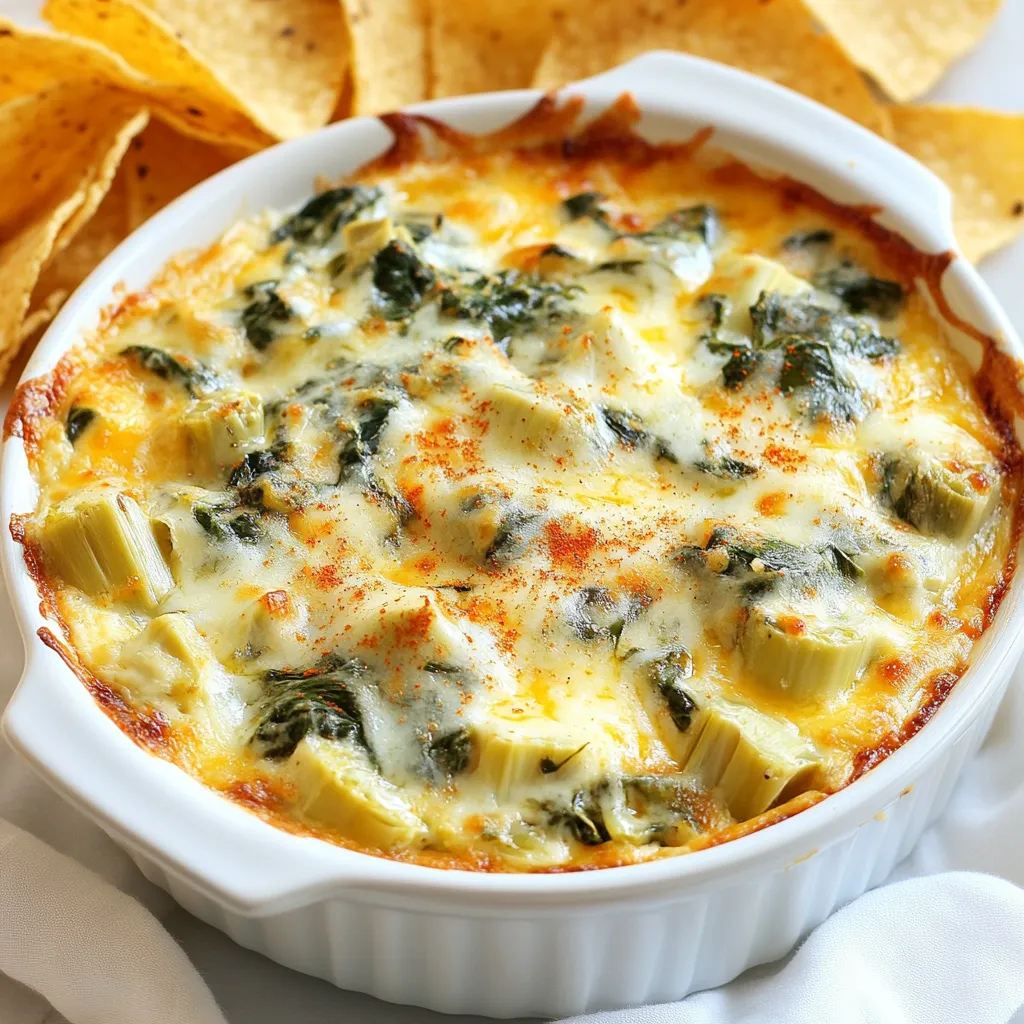 To make this cheesy spinach artichoke dip, you need the following ingredients: - 1 cup frozen spinach, thawed and drained - 1 cup canned artichoke hearts, chopped - 1 cup cream cheese, softened - 1/2 cup sour cream - 1/2 cup mayonnaise - 1 cup shredded mozzarella cheese - 1/2 cup grated Parmesan cheese - 2 cloves garlic, minced - 1 teaspoon lemon juice - 1/2 teaspoon salt - 1/4 teaspoon black pepper These ingredients blend together to create a rich, creamy dip that is hard to resist. For a little extra kick, consider adding: - 1/4 teaspoon crushed red pepper flakes - Fresh herbs like parsley or chives for garnish These optional ingredients can enhance the flavors and add a pop of color. If you don't have some ingredients, don't worry! You can try these substitutions: - Greek yogurt instead of sour cream for a tangy taste - Cottage cheese can replace cream cheese for a lower-fat option - Any cheese can work in place of mozzarella, like cheddar or gouda These swaps keep the dip delicious while catering to your pantry needs. {{ingredient_image_1}} First, gather all your ingredients. You need frozen spinach, artichoke hearts, and various cheeses. Here’s a simple list: - 1 cup frozen spinach, thawed and drained - 1 cup canned artichoke hearts, chopped - 1 cup cream cheese, softened - 1/2 cup sour cream - 1/2 cup mayonnaise - 1 cup shredded mozzarella cheese - 1/2 cup grated Parmesan cheese - 2 cloves garlic, minced - 1 teaspoon lemon juice - 1/2 teaspoon salt - 1/4 teaspoon black pepper - 1/4 teaspoon crushed red pepper flakes (optional) Start by preheating your oven to 375°F (190°C). This ensures the dip bakes evenly. Next, mix the cream cheese, sour cream, and mayonnaise in a bowl until smooth. It should be nice and creamy. Then, add the chopped artichoke hearts and spinach. Stir until everything blends well. After that, mix in the mozzarella and Parmesan cheese. These cheeses add great flavor and texture. Finally, fold in the minced garlic, lemon juice, salt, black pepper, and optional red pepper flakes. This mix adds depth to the dip. Once your mixture is ready, transfer it to a baking dish. Spread it evenly to help it cook well. Bake the dip in your preheated oven for 20-25 minutes. You want it to be bubbly and golden on top. That’s the sign it’s done! After baking, take it out of the oven. Let it cool for a few minutes. This helps avoid burns when you serve it. Serve the dip warm for the best taste. You can sprinkle some paprika or fresh parsley on top for a nice touch. Pair it with tortilla chips, crusty bread, or fresh veggie sticks. Each bite will be cheesy and satisfying. Enjoy! To get the creamiest dip, start with softened cream cheese. This makes mixing easy. Blend cream cheese, sour cream, and mayonnaise until smooth. Avoid lumps for a silky texture. For an extra smooth dip, you can use a hand mixer. This ensures all ingredients mix well together. The blend of cheeses makes a big difference. I recommend using mozzarella for stretchiness. It melts nicely and adds a mild flavor. Parmesan adds a sharp bite and richness. You can also try adding some cheddar for a tangy kick. Mixing these cheeses creates a great taste and texture. To boost the flavor, use fresh garlic. Fresh garlic gives a stronger taste than powder. Lemon juice brightens the dip and adds freshness. If you like spice, add crushed red pepper flakes for heat. You can also mix in some fresh herbs, like parsley or basil, for extra flavor. Pro Tips Adjust the Creaminess: If you prefer a creamier dip, consider adding an extra 1/4 cup of cream cheese or sour cream for a richer texture. Fresh Spinach Option: Replace frozen spinach with fresh spinach for a vibrant flavor. Just sauté it quickly until wilted before adding to the mix. Cheese Variations: Experiment with different cheeses like cheddar, gouda, or pepper jack for a unique twist on the classic flavor profile. Make Ahead: Prepare the dip a day in advance and refrigerate. Just bake it right before serving for an easy appetizer. {{image_2}} You can change the cheese in your dip for new flavors. Try using sharp cheddar for a bolder taste. Gouda gives a nice smoky note. You can even mix cheeses, like mozzarella and feta, for a unique twist. Each cheese adds a special touch to your dip, making it fun to explore. Want some heat? Add crushed red pepper flakes for spice. You can also include diced jalapeños for a kick. They add both flavor and heat. You can adjust the spice level to suit your taste. This version is perfect for those who enjoy a bit of fire in their food. You can make this dip lighter without losing taste. Replace cream cheese with Greek yogurt for creaminess and protein. Using low-fat sour cream and mayonnaise helps cut calories, too. You can also add more veggies, like bell peppers or mushrooms, to boost nutrition. These swaps make the dip healthier but just as tasty. After enjoying your cheesy spinach artichoke dip, store any leftovers in an airtight container. Make sure to let it cool to room temperature first. Place the container in the fridge. It will keep well for about three days. If you want to enjoy it later, follow the next steps. To reheat your dip, preheat your oven to 350°F (175°C). Transfer the dip to a baking dish. Cover it with foil to keep it from drying out. Bake for about 15-20 minutes, or until it is hot and bubbly. You can also microwave individual portions in short bursts. Stir well between each burst to heat evenly. You can freeze your cheesy spinach artichoke dip for later. First, let it cool completely. Then, transfer it to a freezer-safe container. Make sure to leave some space at the top, as the dip may expand. It can last in the freezer for up to two months. When you're ready to eat it, thaw it in the fridge overnight before reheating. Yes, you can prepare this dip a day before. Just mix all the ingredients and store it in the fridge. When you're ready to eat, bake it as directed. This makes it super easy for parties or gatherings. The flavors also blend well together when it sits overnight. This dip pairs great with many things. Here are my top picks: - Tortilla chips - Crusty bread - Vegetable sticks like carrots and celery - Pita chips These choices add nice crunch and taste. You can also use crackers for a fun twist. Yes, spinach artichoke dip is gluten-free! The main ingredients do not contain gluten. Just make sure to use gluten-free bread or chips if you serve it with those. Always check the labels on your ingredients to be safe. Enjoy without worry! This article covered how to make a tasty Spinach Artichoke Dip. We discussed key ingredients and fun variations. You learned about baking methods and how to serve it best. The tips help you create a creamy dip and explore flavor boosts. Don’t forget storage tips for leftovers and reheating. With these steps, your dip will impress all! Enjoy making your own version, and share it with friends!