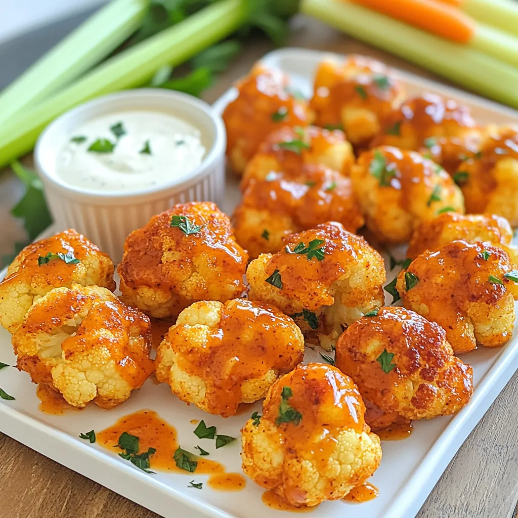 Let’s dive into the ingredients you need for Spicy Buffalo Cauliflower Bites. This recipe uses simple items that pack big flavor. - 1 medium head of cauliflower, cut into bite-sized florets - 1 cup all-purpose flour - 1 cup buttermilk (or use plant-based milk + 1 tablespoon vinegar for a vegan option) - 1 teaspoon garlic powder - 1 teaspoon onion powder - 1 teaspoon smoked paprika - 1/2 teaspoon cayenne pepper (adjust to taste) - Salt and pepper to taste - 1 cup buffalo sauce (store-bought or homemade) - 2 tablespoons olive oil - Fresh parsley, chopped (for garnish) You want fresh cauliflower florets for the best taste. The batter needs flour and buttermilk, which gives the bites a nice crunch. Garlic powder, onion powder, smoked paprika, and cayenne pepper add a kick. Don’t forget salt and pepper to balance the flavors. The buffalo sauce is key. It gives that signature spicy kick. Olive oil helps to blend the sauce well. Finally, fresh parsley adds a pop of color when you serve. This mix creates a tasty and easy dish for any occasion. {{ingredient_image_1}} 1. Preheat your oven to 450°F (230°C). Line a baking sheet with parchment paper. This helps prevent sticking and makes cleanup easy. 2. In a large mixing bowl, combine the flour, garlic powder, onion powder, smoked paprika, cayenne pepper, salt, and pepper. This mix gives the bites their great flavor. 3. Slowly whisk in the buttermilk until you have a smooth batter. It should be thick but pourable. Adjust with more flour or milk if needed. 4. Dip each cauliflower floret into the batter. Make sure it is fully coated. Place it on the lined baking sheet, spacing them out a bit. 1. Bake the cauliflower in the preheated oven for 20-25 minutes. They should turn golden and crispy. Turn them halfway through for even cooking. 2. For best results, keep an eye on the bites. If they start to brown too fast, lower the oven temperature slightly. 1. In a small saucepan, heat the buffalo sauce and olive oil together. Stir until warmed through but do not boil. Remove from heat. 2. Once the cauliflower is done roasting, drizzle the buffalo sauce over the bites. Toss gently to coat them evenly. 3. Return the coated cauliflower to the oven for another 10 minutes. This helps the sauce set and caramelize slightly. 4. When done, remove the bites from the oven. Let them cool for a couple of minutes before serving. Enjoy! To get the best texture, your batter should be thick but pourable. If it’s too runny, add a bit more flour. If it’s too thick, mix in more buttermilk. When you coat the florets, make sure each piece is fully covered. This helps them crisp up nicely in the oven. Turning the florets halfway through baking is key. It ensures even cooking and that golden color you want. Cayenne pepper gives these bites their heat. If you like it spicy, stick with 1/2 teaspoon. For a milder bite, reduce it to 1/4 teaspoon. You can also swap cayenne for paprika for less heat. If you want a flavorful kick without the heat, use a mild hot sauce instead of buffalo sauce. Garnishing adds a nice touch. Fresh parsley on top not only looks good but also adds flavor. Serve the bites warm on a platter. Include dips like ranch or blue cheese dressing on the side. For color, pair them with crunchy carrot and celery sticks. This makes your dish pop and adds freshness! Pro Tips Use Fresh Cauliflower: For the best flavor and texture, choose a fresh head of cauliflower that feels heavy and has tightly packed florets. Adjust the Spice Level: Feel free to modify the amount of cayenne pepper based on your heat preference. Start with less if you're sensitive to spice. Ensure Even Coating: Make sure each floret is thoroughly coated in the batter before baking to achieve a uniform crispy texture. Experiment with Sauces: Try different sauces like teriyaki or barbecue for a unique twist on the classic buffalo flavor. {{image_2}} For a vegan twist, use plant-based milk. Almond or oat milk works well. Add one tablespoon of vinegar to mimic buttermilk. For the batter, you can swap all-purpose flour with chickpea flour or almond flour. Both options give a nice crunch. You can get creative with seasonings. Try adding a pinch of cumin or chili powder for extra kick. If you love garlic, add more garlic powder. For a homemade buffalo sauce, mix hot sauce with melted vegan butter. This gives a rich and creamy taste. If you have an air fryer, it’s a great choice! Set it to 400°F (200°C). Cook the cauliflower bites for 15-20 minutes, shaking halfway through. This makes them crispy and less oily. You can also grill them for a smoky flavor. Just toss the coated florets on the grill for about 10 minutes. Keep an eye on them to avoid burning. To keep your Spicy Buffalo Cauliflower Bites fresh, use airtight containers. Glass or plastic containers work well. Allow the bites to cool before sealing them. This helps prevent moisture buildup. The bites can last in the fridge for about three days. If you want to store them longer, consider freezing them. Place the bites in a single layer on a baking sheet and freeze for about an hour. Once frozen, transfer them to a freezer bag. When it comes to reheating, the oven is the best choice. Preheat your oven to 350°F (175°C). Place the bites on a baking sheet and heat for about 10-15 minutes. This method keeps the bites crispy. You can also use a microwave, but it may make them soggy. If you use the microwave, heat in short bursts to avoid overcooking. To maintain texture, add a paper towel under the bites. This helps absorb excess moisture. You can pair these bites with many tasty sides. Here are some ideas: - Ranch dressing for dipping - Blue cheese dressing for a classic touch - Carrot sticks for crunch - Celery sticks to cool the heat - Fresh salad with greens and veggies These sides balance the spice and add great flavors. To make these bites gluten-free, switch the all-purpose flour. You can use: - Almond flour - Coconut flour - Gluten-free all-purpose flour These options work well in the batter. Just make sure to check for any hidden gluten in your buffalo sauce. Yes, you can use frozen cauliflower! Here are some tips: - Thaw and drain the cauliflower well. This step helps to remove excess water. - Adjust baking time since frozen florets may need a bit longer. - Check for doneness by ensuring they get crispy. Using frozen cauliflower is a good option when fresh is not available. You learned how to make spicy buffalo cauliflower bites from scratch. We covered every step, from selecting ingredients to baking tips. Remember to adjust spice levels to suit your taste. Play with flavors by trying different seasonings or sauces. Store leftovers properly to keep them fresh. Enjoy these bites as a tasty snack or side. Now, it’s time to cook and enjoy your creation. Happy cooking!