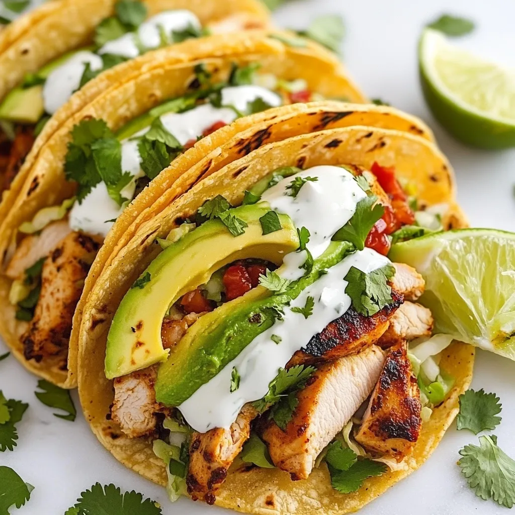 - 1 lb boneless, skinless chicken thighs - ¼ cup fresh lime juice - ¼ cup fresh cilantro, chopped - 2 cloves garlic, minced - 1 teaspoon ground cumin - 1 teaspoon chili powder - 1 teaspoon salt - ½ teaspoon black pepper - 8 small corn or flour tortillas - 1 avocado, sliced - 1 cup shredded cabbage - ½ cup sour cream - Extra cilantro leaves for garnish - Lime wedges for serving Use fresh chicken thighs for the best taste. Look for bright color and no odor. Choose limes that feel heavy for their size; they have more juice. Fresh cilantro should be bright green and crisp. Avoid wilted or yellow leaves. When picking tortillas, check for soft and flexible texture. This ensures they wrap well around the filling. Each serving of cilantro lime chicken tacos offers a balance of protein, healthy fats, and fiber. The chicken provides about 22 grams of protein. Avocados add healthy fats and fiber. Cabbage gives extra vitamins and crunch. With a small dollop of sour cream, you can enjoy these tacos without guilt. Each taco can range from 300 to 400 calories, depending on your toppings. {{ingredient_image_1}} To start, gather your ingredients. In a large bowl, mix together the lime juice, chopped cilantro, minced garlic, cumin, chili powder, salt, and black pepper. This marinade gives your chicken a fresh, zesty kick. Next, add the chicken thighs to the bowl. Toss them until they're fully coated with the marinade. Cover the bowl and place it in the fridge. Let the chicken soak for at least 30 minutes. If you have time, two hours will give even more flavor. After marinating, it’s time to cook. Preheat your grill or skillet to medium-high heat. Remove the chicken from the marinade, letting any excess drip off. Place the chicken on the grill or in the skillet. Cook each side for about 5-7 minutes. You want the chicken to reach an internal temperature of 165°F. This ensures it’s safe to eat and fully cooked. Once done, take the chicken off the heat and let it rest for a few minutes. This helps keep it juicy. Now, while the chicken rests, warm your tortillas. You can do this on the grill or a separate skillet. Heat them for about 30 seconds on each side. This makes them soft and easy to fold. Once everything is ready, slice the chicken into strips. To assemble your tacos, place a few strips of chicken on each tortilla. Top with avocado slices and a handful of shredded cabbage. Finish with a drizzle of sour cream and some extra cilantro leaves. Don’t forget the lime wedges on the side for a squeeze of extra flavor! Grilling gives your chicken a nice char and smoky flavor. It also allows the fat to drip off, making it a bit healthier. If you don’t have a grill, a skillet works great too. It retains moisture and cooks the chicken evenly. Both methods are quick and effective. Just make sure to monitor the cooking time closely. The key to perfectly cooked chicken is temperature. Always aim for that 165°F mark. Use a meat thermometer to check. If you don’t have one, cut into the chicken. The juices should run clear, not pink. Cooking time can vary slightly based on the thickness of your chicken thighs. Thin pieces may cook faster, while thicker ones take longer. Just keep an eye on them, and you’ll have delicious chicken for your tacos! For the best flavor, marinate the chicken for at least 30 minutes. If you have time, let it sit for up to 2 hours. This helps the chicken soak up the lime juice and spices. Use a glass or plastic bowl, not metal, to prevent a reaction with the marinade. Ensure the chicken is fully coated for even flavor. Warm the tortillas before adding fillings. This makes them soft and easy to fold. Place the chicken strips in the center of each tortilla. Add avocado slices and a handful of cabbage on top. Drizzle sour cream over the filling for creaminess. Use fresh cilantro leaves to garnish. Serve the tacos with lime wedges for a zesty kick. Pick a fresh salsa for extra flavor. A simple avocado salad pairs well, too. For a spicy touch, add sliced jalapeños. Consider a light beer or a refreshing lemonade as a drink. Pro Tips Marinate for Maximum Flavor: Allow the chicken to marinate for at least 2 hours, or even overnight, to really let the flavors penetrate the meat. Choose the Right Tortillas: For a more authentic taste, use corn tortillas, but if you prefer flour, choose high-quality ones that are soft and pliable. Rest the Chicken: Let the chicken rest for a few minutes after cooking to allow the juices to redistribute, ensuring each bite is juicy and tender. Garnish Creatively: Experiment with different toppings like pickled onions, jalapeños, or a squeeze of orange juice for an extra burst of flavor. {{image_2}} You can switch up the protein in your tacos. Chicken thighs taste great, but chicken breast is leaner. Just marinate it the same way. If you crave seafood, try shrimp. Cook shrimp for just 2-3 minutes on each side. Adjust the marinade time to keep it tasty. You can easily make these tacos vegan or vegetarian. Grilled veggies like bell peppers, zucchini, and onions work well. Toss them in the same marinade for flavor. Tofu is another option. Press it to remove extra water, then marinate and grill it. This adds a nice texture and taste. Toppings can make your tacos even more fun. Mango salsa adds a sweet twist. Just mix diced mango, onion, cilantro, and lime juice. Cheese is another great choice. Crumbled queso fresco or shredded cheddar can enhance the flavor. Don't forget extra avocado slices or a squeeze of lime! You can store leftover tacos in an airtight container. Keep the chicken separate from the tortillas. This helps keep everything fresh. The tacos stay good for about 2-3 days in the fridge. If you store them together, the tortillas can get soggy. If you want to freeze the chicken, place it in a freezer bag. Make sure to squeeze out as much air as possible. You can freeze the marinated chicken for up to 3 months. When you’re ready to cook, thaw it overnight in the fridge. This keeps the chicken tasty and safe. To reheat the chicken, you can use a skillet or microwave. If using a skillet, heat it over medium. Add a splash of water to keep the chicken moist. Cook for about 5-7 minutes until heated through. If using a microwave, place the chicken in a microwave-safe dish. Cover it and heat in short bursts, checking often. This way, the chicken stays juicy and delicious. Yes, you can make cilantro lime chicken tacos ahead of time. You can marinate the chicken and store it in the fridge. This helps the flavors blend well. Marinate for at least 30 minutes, but you can go up to two hours for better taste. You can also prepare the toppings early. Just keep the avocado slices in lemon juice to prevent browning. When ready, cook the chicken and warm the tortillas. This saves time when you want to serve. If you don't have lime juice, you can use lemon juice. Lemon juice has a similar tartness and bright flavor. You can also use vinegar, like apple cider vinegar, but it will change the taste slightly. For a unique twist, try orange juice. It adds sweetness and a different flavor profile to the tacos. Just remember to adjust the amount to your taste. To get the best flavor for the marinade, use fresh ingredients. Fresh lime juice and chopped cilantro make a big difference. Make sure to really mix the marinade well. Let the chicken sit in the marinade for at least 30 minutes. For even more flavor, marinate it for up to two hours. This allows the spices to soak into the meat. Always make sure to grill the chicken to the right temperature, which is 165°F (75°C). This ensures tender and juicy chicken for your tacos. In this post, we covered how to make delicious cilantro lime chicken tacos. We discussed the best ingredients, cooking methods, and tips for marinating. You learned about various proteins, tasty toppings, and how to store leftovers. As you explore these ideas, remember that simple changes can elevate your meals. Enjoy trying new flavors and pairings. Happy cooking!