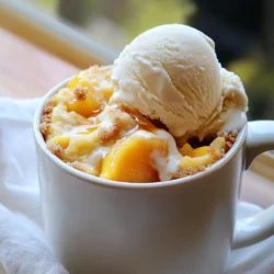 - 1 ripe peach, chopped - 3 tablespoons all-purpose flour - 2 tablespoons granulated sugar - 1/8 teaspoon baking powder - 1/8 teaspoon cinnamon - Pinch of salt - 3 tablespoons milk - 1 tablespoon vegetable oil - 1/2 teaspoon vanilla extract - 1 tablespoon brown sugar (for topping) - Optional: Vanilla ice cream (for serving) Gathering the right ingredients is key to making a great Microwave Peach Cobbler Mug Cake. First, you need a ripe peach. Make sure it is soft and sweet. This fruit adds flavor and moisture. Next, grab some all-purpose flour. This will give the cake its structure. You will also need granulated sugar for sweetness. Baking powder helps the cake rise. A touch of cinnamon adds warmth and a nice flavor. Don’t forget the pinch of salt. It balances the sweetness. For the wet mix, you need milk, vegetable oil, and vanilla extract. These ingredients create a smooth batter. Lastly, use brown sugar on top. It makes a sweet crust. If you like, add a scoop of vanilla ice cream. This makes your dessert even better. With these ingredients ready, you can start making your mug cake. It’s quick and fun! First, grab a microwave-safe mug. In your mug, combine the dry ingredients. Add the chopped peach, flour, granulated sugar, baking powder, cinnamon, and salt. Mix well until the dry ingredients coat the peach pieces. This helps spread the flavor evenly. Next, it’s time to add the wet ingredients. Pour in the milk, vegetable oil, and vanilla extract. Stir everything together until you have a smooth batter. Make sure there are no lumps. A good mix is key for a soft cake. Now, let’s add the brown sugar topping. Sprinkle it on top of your batter. This will create a tasty, caramelized crust when cooked. Microwave your mug cake on high for 1 minute and 30 seconds. After that, check if it’s done. If it’s a bit wet in the middle, microwave it for another 10-15 seconds. Keep an eye on it, as microwave times can vary. Once it’s cooked, let the mug cake cool for about a minute. This makes it easier to eat. For a special touch, serve the mug cake warm. Add a scoop of vanilla ice cream on top. You can also drizzle honey or sprinkle more cinnamon for extra flavor. Enjoy your simple and sweet treat! To get a great mug cake, you must check for doneness. After microwaving, poke the center with a toothpick. If it comes out clean, your cake is ready. If it’s still wet, microwave it for an extra 10-15 seconds. This small step makes a big difference in texture. Remember, microwaves vary in power. Some cook faster than others. If your microwave is strong, check the cake at 1 minute. If it's weak, you might need the full 1 minute and 30 seconds. Always watch closely to avoid overcooking. Toppings can take your mug cake to the next level. I love adding a scoop of vanilla ice cream on top. It melts into the warm cake and adds creaminess. You can also drizzle honey for extra sweetness. A sprinkle of extra cinnamon adds a lovely touch. For a fun twist, try adding spices. You can mix in ginger or nutmeg for a different taste. If you like nuts, sprinkle some chopped pecans or walnuts on top. Each of these options can change the flavor profile and make your mug cake unique. {{image_2}} You can swap out peaches for other fruits. Apples work great in this mug cake. Just chop them up like you would with peaches. Berries are another fun choice, too. Try blueberries or raspberries for a tart twist. Mixing fruits is also a hit. Combine peaches with berries for a fruity explosion. You can even add some chopped nuts for crunch. This keeps the flavor fresh and fun. If you need a gluten-free version, use almond flour or coconut flour. Both work well in this mug cake. They keep it light and fluffy. For a dairy-free option, substitute milk with almond or oat milk. You can also skip the ice cream or use a dairy-free version. These swaps make the dish friendly for many diets. To store your leftover mug cake, let it cool first. Then, cover the mug with plastic wrap or a lid. You can keep it in the fridge for up to two days. This keeps it fresh and tasty. If you want to reheat it, place the mug in the microwave. Heat it for about 15 to 20 seconds. Check to see if it's warm enough. If not, add a few more seconds. You can prepare some ingredients ahead of time. Chop the peach and store it in a small bowl. Keep it in the fridge until you are ready to use it. You can also mix the dry ingredients and store them in a jar. When you want a quick treat, just add the wet ingredients. For quick serving, warm your mug cake in the microwave for about 30 seconds, or until it's nice and hot. This way, you can enjoy a sweet dessert in no time. Making this mug cake is quick and easy. It takes about 5 minutes to prep. Cooking in the microwave takes 1 minute and 30 seconds. So, the total time is just 2 minutes and 30 seconds. You can enjoy a warm dessert in no time! Yes, you can use frozen peaches! Just remember to thaw them first. Drain any extra juice after thawing. Frozen peaches can work well, but fresh peaches give a better taste. Fresh fruit adds a nice texture and flavor. If your mug cake is dry, this could be due to too much flour or cooking too long. To keep it moist, use the right flour amount. Also, check your microwave time. If it feels dry, try adding a bit more milk next time. This will help make it softer and more delicious! This blog post shared a simple microwave peach cobbler mug cake recipe. We covered ingredients, steps, and tips for perfecting your cake. You learned how to enhance flavors and explore variations with different fruits. Proper storage and reheating methods help keep your dessert tasty. With these easy steps, you can enjoy a quick treat anytime. Experiment with flavors and enjoy the fun of baking in a mug!