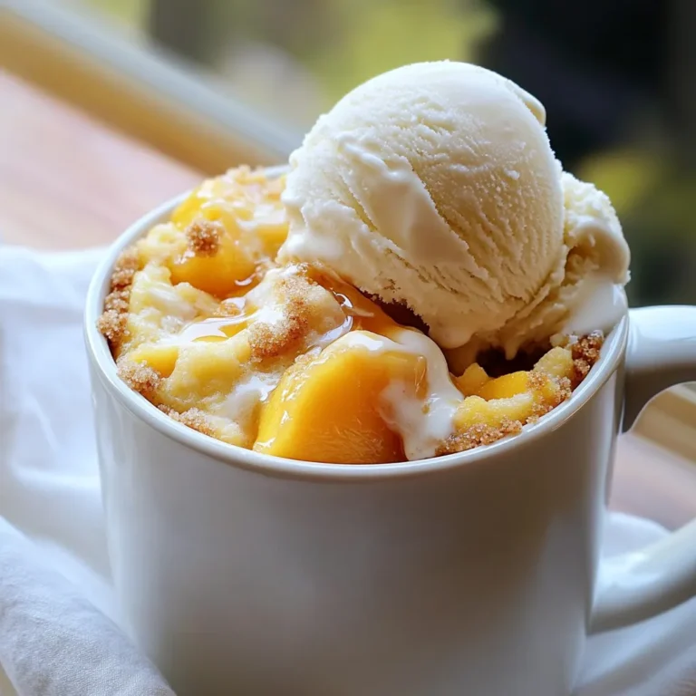 - 1 ripe peach, chopped - 3 tablespoons all-purpose flour - 2 tablespoons granulated sugar - 1/8 teaspoon baking powder - 1/8 teaspoon cinnamon - Pinch of salt - 3 tablespoons milk - 1 tablespoon vegetable oil - 1/2 teaspoon vanilla extract - 1 tablespoon brown sugar (for topping) - Optional: Vanilla ice cream (for serving) Gathering the right ingredients is key to making a great Microwave Peach Cobbler Mug Cake. First, you need a ripe peach. Make sure it is soft and sweet. This fruit adds flavor and moisture. Next, grab some all-purpose flour. This will give the cake its structure. You will also need granulated sugar for sweetness. Baking powder helps the cake rise. A touch of cinnamon adds warmth and a nice flavor. Don’t forget the pinch of salt. It balances the sweetness. For the wet mix, you need milk, vegetable oil, and vanilla extract. These ingredients create a smooth batter. Lastly, use brown sugar on top. It makes a sweet crust. If you like, add a scoop of vanilla ice cream. This makes your dessert even better. With these ingredients ready, you can start making your mug cake. It’s quick and fun! First, grab a microwave-safe mug. In your mug, combine the dry ingredients. Add the chopped peach, flour, granulated sugar, baking powder, cinnamon, and salt. Mix well until the dry ingredients coat the peach pieces. This helps spread the flavor evenly. Next, it’s time to add the wet ingredients. Pour in the milk, vegetable oil, and vanilla extract. Stir everything together until you have a smooth batter. Make sure there are no lumps. A good mix is key for a soft cake. Now, let’s add the brown sugar topping. Sprinkle it on top of your batter. This will create a tasty, caramelized crust when cooked. Microwave your mug cake on high for 1 minute and 30 seconds. After that, check if it’s done. If it’s a bit wet in the middle, microwave it for another 10-15 seconds. Keep an eye on it, as microwave times can vary. Once it’s cooked, let the mug cake cool for about a minute. This makes it easier to eat. For a special touch, serve the mug cake warm. Add a scoop of vanilla ice cream on top. You can also drizzle honey or sprinkle more cinnamon for extra flavor. Enjoy your simple and sweet treat! To get a great mug cake, you must check for doneness. After microwaving, poke the center with a toothpick. If it comes out clean, your cake is ready. If it’s still wet, microwave it for an extra 10-15 seconds. This small step makes a big difference in texture. Remember, microwaves vary in power. Some cook faster than others. If your microwave is strong, check the cake at 1 minute. If it's weak, you might need the full 1 minute and 30 seconds. Always watch closely to avoid overcooking. Toppings can take your mug cake to the next level. I love adding a scoop of vanilla ice cream on top. It melts into the warm cake and adds creaminess. You can also drizzle honey for extra sweetness. A sprinkle of extra cinnamon adds a lovely touch. For a fun twist, try adding spices. You can mix in ginger or nutmeg for a different taste. If you like nuts, sprinkle some chopped pecans or walnuts on top. Each of these options can change the flavor profile and make your mug cake unique. {{image_2}} You can swap out peaches for other fruits. Apples work great in this mug cake. Just chop them up like you would with peaches. Berries are another fun choice, too. Try blueberries or raspberries for a tart twist. Mixing fruits is also a hit. Combine peaches with berries for a fruity explosion. You can even add some chopped nuts for crunch. This keeps the flavor fresh and fun. If you need a gluten-free version, use almond flour or coconut flour. Both work well in this mug cake. They keep it light and fluffy. For a dairy-free option, substitute milk with almond or oat milk. You can also skip the ice cream or use a dairy-free version. These swaps make the dish friendly for many diets. To store your leftover mug cake, let it cool first. Then, cover the mug with plastic wrap or a lid. You can keep it in the fridge for up to two days. This keeps it fresh and tasty. If you want to reheat it, place the mug in the microwave. Heat it for about 15 to 20 seconds. Check to see if it's warm enough. If not, add a few more seconds. You can prepare some ingredients ahead of time. Chop the peach and store it in a small bowl. Keep it in the fridge until you are ready to use it. You can also mix the dry ingredients and store them in a jar. When you want a quick treat, just add the wet ingredients. For quick serving, warm your mug cake in the microwave for about 30 seconds, or until it's nice and hot. This way, you can enjoy a sweet dessert in no time. Making this mug cake is quick and easy. It takes about 5 minutes to prep. Cooking in the microwave takes 1 minute and 30 seconds. So, the total time is just 2 minutes and 30 seconds. You can enjoy a warm dessert in no time! Yes, you can use frozen peaches! Just remember to thaw them first. Drain any extra juice after thawing. Frozen peaches can work well, but fresh peaches give a better taste. Fresh fruit adds a nice texture and flavor. If your mug cake is dry, this could be due to too much flour or cooking too long. To keep it moist, use the right flour amount. Also, check your microwave time. If it feels dry, try adding a bit more milk next time. This will help make it softer and more delicious! This blog post shared a simple microwave peach cobbler mug cake recipe. We covered ingredients, steps, and tips for perfecting your cake. You learned how to enhance flavors and explore variations with different fruits. Proper storage and reheating methods help keep your dessert tasty. With these easy steps, you can enjoy a quick treat anytime. Experiment with flavors and enjoy the fun of baking in a mug!