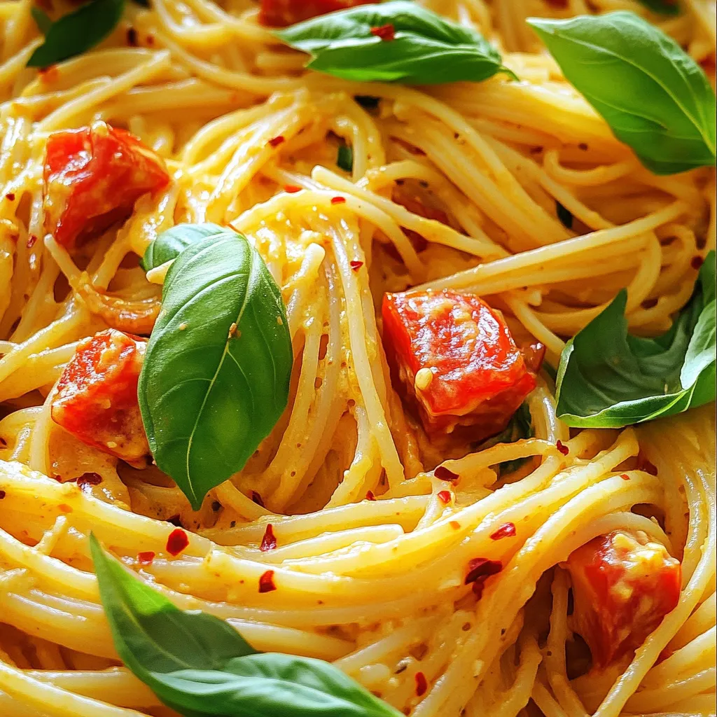 - 3 large red bell peppers - 2 tablespoons olive oil - 4 cloves garlic, minced - 1 teaspoon smoked paprika - 1 teaspoon dried basil - 1 cup vegetable broth - 1 can (14 oz) coconut milk - 12 oz pasta (preferably whole grain or gluten-free) - Salt and pepper to taste - Fresh basil leaves for garnish - Crushed red pepper flakes (optional) Gathering fresh ingredients is key. I love using vibrant, large red bell peppers. They bring a sweet and smoky flavor to the dish. The olive oil adds richness and helps with roasting. Garlic gives a warm depth to the sauce. Smoked paprika and dried basil add amazing flavor notes that truly shine. Vegetable broth keeps everything plant-based while adding depth. Coconut milk creates a creamy texture without dairy. Choose your favorite pasta—whole grain or gluten-free works well. Remember to have salt and pepper on hand. Fresh basil leaves make a lovely garnish, adding color and flavor. If you like heat, crushed red pepper flakes are a fun option. With these ingredients, you can create a meal that is not only tasty but also visually stunning. Each ingredient plays a role in the final flavor, making this pasta a delightful dish for any occasion. - Preheat the oven to 425°F (220°C). - Cut the red bell peppers in half and remove the seeds. Place them cut side down on a baking sheet. Drizzle with 1 tablespoon of olive oil. Roasting brings out the sweetness in the peppers. After about 25 to 30 minutes, the skins will blister and char. This adds great flavor. After roasting, let them cool. Then, peel off the skins and chop the peppers into chunks. - Roast the peppers and sauté the garlic. - Add remaining ingredients and simmer. In a large skillet, add the remaining tablespoon of olive oil. Heat over medium heat and add the minced garlic. Sauté for 1 to 2 minutes until it smells nice. Next, add the roasted peppers, smoked paprika, dried basil, vegetable broth, and coconut milk. Stir everything together. Let it simmer for 5 to 7 minutes. Now, blend the sauce until smooth. You can use an immersion blender or a regular one. Season with salt and pepper to taste. This sauce is creamy and rich. - Cook pasta, reserve water, and mix with the sauce. In a large pot, cook the pasta according to the package instructions. After cooking, drain the pasta but keep about 1/2 cup of the pasta water. This water helps to adjust the sauce's thickness. Add the cooked pasta to the sauce and toss it all together. If the sauce seems too thick, add some reserved pasta water until it’s just right. Serve hot, garnished with fresh basil leaves. You can also sprinkle crushed red pepper flakes if you like some heat. Enjoy your meal! To make the sauce smooth, use an immersion blender. This tool helps you blend right in the pan. If you don’t have one, a regular blender works too. Just be careful with hot liquids. If your sauce seems thick, add some reserved pasta water. This water has starch, which helps the sauce stick to the pasta. Add a little at a time until it reaches your desired creaminess. To boost flavor, consider adding more spices. A pinch of oregano or thyme can brighten the taste. You can also add a squeeze of lemon juice for a zesty kick. Want a heartier meal? Add protein like chickpeas or lentils. They blend well and give you extra nutrients. You can mix them in just before serving. Pair the pasta with a fresh side salad. A simple mix of greens, tomatoes, and cucumbers works great. This adds crunch and freshness to your meal. For presentation, serve the pasta in shallow bowls. Top with fresh basil leaves and a sprinkle of crushed red pepper flakes. This makes the dish look inviting and colorful. {{image_2}} For a gluten-free option, try using gluten-free pasta. Many brands make great choices, like brown rice or chickpea pasta. These pastas hold up well and taste great. You can also swap out the coconut milk. Almond milk or oat milk works well too. These nut milk alternatives keep the dish creamy. Add veggies like spinach or mushrooms for extra taste. Spinach wilts down nicely and adds color. Mushrooms bring a meaty texture. You can stir them in while the sauce simmers. Using different herbs or spices can change the flavor. Try thyme or oregano for a new twist. Or add a dash of lemon juice for brightness. Make the sauce ahead of time. It keeps well in the fridge for about five days. You can also freeze it for up to three months. Just thaw before using. When storing, keep the pasta and sauce separate. This way, the pasta stays firm. To reheat, warm the sauce in a skillet. Add the pasta and a splash of water to keep it moist. To store your vegan roasted red pepper pasta, let it cool first. Place it in an airtight container. This helps keep it fresh and tasty. You can store it in the fridge for up to three days. If you want to enjoy it later, freezing is a great option. To freeze the pasta and sauce, follow these steps: - Allow the dish to cool completely. - Divide it into portions. - Place each portion in a freezer-safe container. - Seal tightly to prevent freezer burn. For thawing, take it out of the freezer and place it in the fridge overnight. To reheat, warm it on the stove over low heat. You may need to add a splash of water or broth to loosen it up. Use glass or BPA-free plastic containers for storage. Glass containers are great for reheating. Label your containers with the date and contents. This way, you can keep track of how long they have been in the fridge or freezer. Yes, you can add red pepper flakes for heat. They give the dish a spicy kick. Start with a small amount. You can always add more later. If you want less heat, skip them or use just a pinch. The roasted peppers add a sweet flavor, so you may not need them. To make this dish nut-free, simply avoid any nut-based products. The recipe already uses coconut milk, which is nut-free. If you want a different flavor, try using oat milk or soy milk. Both create a creamy texture. Be sure to check labels to avoid hidden nuts. This way, everyone can enjoy the meal safely. This pasta pairs well with many sides. A simple green salad is a great choice. You can add a lemon dressing for freshness. Garlic bread also complements the dish nicely. If you want more veggies, roasted broccoli or steamed spinach work well. For a fun twist, serve with vegan garlic knots. These sides make your meal even more delightful. This blog post explored making a delicious vegan roasted red pepper pasta. You learned about key ingredients like red bell peppers and coconut milk. The step-by-step guide covered prepping ingredients and cooking methods. I shared tips for enhancing flavor and storing leftovers. You can adjust the recipe for dietary needs and enjoy various meal prep ideas. Cooking this dish will not only delight your taste buds but also impress your guests. Try it today to create a satisfying meal that’s easy to make!