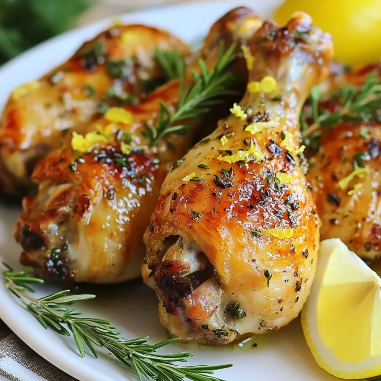 - 8 chicken drumsticks - 4 cloves garlic, minced - 2 tablespoons fresh rosemary, chopped - 2 tablespoons fresh thyme, chopped - 1 tablespoon fresh parsley, chopped - 1 tablespoon lemon juice - 3 tablespoons olive oil - Salt and pepper to taste - Zest of 1 lemon To make garlic herb chicken drumsticks, you need simple ingredients. The chicken is the star, so choose fresh drumsticks. Garlic adds a strong flavor, while fresh herbs like rosemary and thyme bring in earthiness. The parsley adds a bright touch. Lemon juice and zest give a nice zing that cuts through the richness of the chicken. Using quality olive oil helps the marinade stick well to the chicken. Don’t forget salt and pepper; they enhance all the flavors. Gather these items before you start. Having everything on hand makes cooking much easier. Feel free to get creative! You can add more herbs or even spices. Just keep the balance in mind. {{ingredient_image_1}} 1. Preheat your oven to 400°F (200°C). 2. In a small bowl, mix minced garlic, chopped rosemary, thyme, parsley, lemon juice, and olive oil. This creates a flavorful marinade. 3. Pat the chicken drumsticks dry with paper towels. Place them in a large mixing bowl. 1. Pour the marinade over the drumsticks. Make sure they are evenly coated. 2. Season the drumsticks with salt, pepper, and lemon zest. This adds a nice zing. 3. Let the drumsticks marinate for at least 30 minutes. For more flavor, you can marinate them overnight. 1. Arrange the marinated drumsticks on a baking sheet lined with parchment paper. This helps with easy cleanup. 2. Bake in the preheated oven for 35-40 minutes. Check the internal temperature. It should reach 165°F (75°C). 3. For crispy skin, broil the drumsticks for an extra 2-3 minutes if you like. This gives them a nice crunch. How can you enhance flavors with longer marination? Marinating the chicken drumsticks for longer boosts the taste. Letting them soak overnight is best. This gives the garlic and herbs time to infuse into the meat. You will taste the difference! How can you use a vacuum-sealed bag for quicker marination? A vacuum-sealed bag can speed up marination. It pulls air out, letting the marinade soak in faster. Just add the drumsticks and marinade to the bag, seal it, and shake. Let it sit for 30 minutes. How can you ensure chicken reaches a safe internal temperature? Always check the internal temperature of the chicken. Use a meat thermometer to make sure it hits 165°F (75°C). This keeps your meal safe and tasty. How should you adjust baking time for larger drumsticks? If your drumsticks are bigger, add a few extra minutes to the bake time. Check the chicken often to avoid overcooking. Larger pieces may need 45-50 minutes instead of 35-40 minutes. What are some presentation ideas for an appealing dish? Serve the drumsticks on a wooden board or a nice platter. Add extra herbs and lemon wedges around them. This makes the dish look fresh and inviting. What are some suggestions for sides to complement the drumsticks? Pair the chicken with roasted veggies or a fresh salad. Rice or mashed potatoes also work well. They will soak up the flavors from the chicken and add to the meal. Pro Tips Marinate Longer for Flavor: For the best flavor, marinate the chicken drumsticks overnight in the refrigerator. This allows the herbs and garlic to penetrate the meat more deeply. Use a Meat Thermometer: Always check the internal temperature of the chicken with a meat thermometer. It should reach 165°F (75°C) for safe consumption. Broil for Extra Crispiness: If you prefer crispy skin, broil the drumsticks for an additional 2-3 minutes after baking. Keep an eye on them to prevent burning. Rest Before Serving: Let the drumsticks rest for about 5 minutes after baking. This allows the juices to redistribute, resulting in juicier meat. {{image_2}} You can change the flavor of garlic herb chicken drumsticks easily. Try adding different herbs like oregano or basil. These herbs bring fresh and bright notes to the dish. You can also mix in spices like paprika or cumin. Paprika adds a warm, smoky taste, while cumin gives an earthy flavor. You have options for cooking these drumsticks. Grilling gives a nice char and smoky taste. However, baking is easy and keeps the chicken juicy. Both methods work well. If you want a healthier twist, try air frying. This method cooks the chicken with less oil, making it crisp without frying. You can adapt this recipe for your diet. To make it gluten-free, just check that your ingredients are gluten-free. Most fresh herbs and spices are safe. For those on paleo or keto diets, use olive oil and fresh herbs. Skip any added sugars or breading. These changes keep the dish tasty and diet-friendly. To keep your garlic herb chicken drumsticks fresh, refrigerate them right away. Place the drumsticks in an airtight container. This helps prevent any odors from mixing. Keep them in the fridge for up to four days. If you notice any off smells, it’s best to toss them. If you want to save drumsticks for later, freezing works great. First, let the drumsticks cool completely. Wrap each piece tightly in plastic wrap. Then, place them in a freezer-safe bag. Remove as much air as possible before sealing. They can last in the freezer for up to three months. When you're ready to eat, thaw them in the fridge overnight for best results. Reheating chicken can be tricky. You want to keep them juicy and tasty. The best method is to use the oven. Preheat it to 350°F (175°C). Place the drumsticks on a baking sheet. Heat for about 15-20 minutes. Use a meat thermometer to check that they reach 165°F (75°C). You can also reheat them in the microwave. Just cover them with a damp paper towel to prevent drying out. Can I use bone-in, skin-on chicken instead? Yes, you can use bone-in, skin-on chicken. This choice adds flavor and moisture. Adjust cooking time to ensure it cooks through. How do I know when the chicken is fully cooked? Check if the chicken reaches an internal temperature of 165°F (75°C). The meat should no longer be pink. Juices should run clear. What can I serve with garlic herb chicken drumsticks? Serve the drumsticks with roasted vegetables, rice, or a fresh salad. Garlic bread also pairs well for a hearty meal. What can I replace if I don’t have fresh herbs? You can use dried herbs as a substitute. Use one-third of the amount since dried herbs are stronger. Can I use lemon juice from a bottle? Yes, bottled lemon juice works in a pinch. Fresh lemon juice will give a brighter flavor, so use it if you can. How does cooking time change for different oven types? Cooking time may vary with convection ovens. These cook faster, so start checking at 30 minutes. Regular ovens take about 35-40 minutes. What if I don't have a meat thermometer? If you lack a meat thermometer, cut into a drumstick. The juices should run clear, and the meat should be white, not pink. This blog post showed you how to make tasty garlic herb chicken drumsticks from start to finish. We touched on ingredients, preparation, marination, cooking, and even storage tips. Remember, the key to success is marination and checking the chicken's internal temperature. You can customize the recipe with your favorite herbs or cooking methods. With these steps, you can create a delicious and satisfying meal. Enjoy experimenting with flavors and surprises in your cooking!
