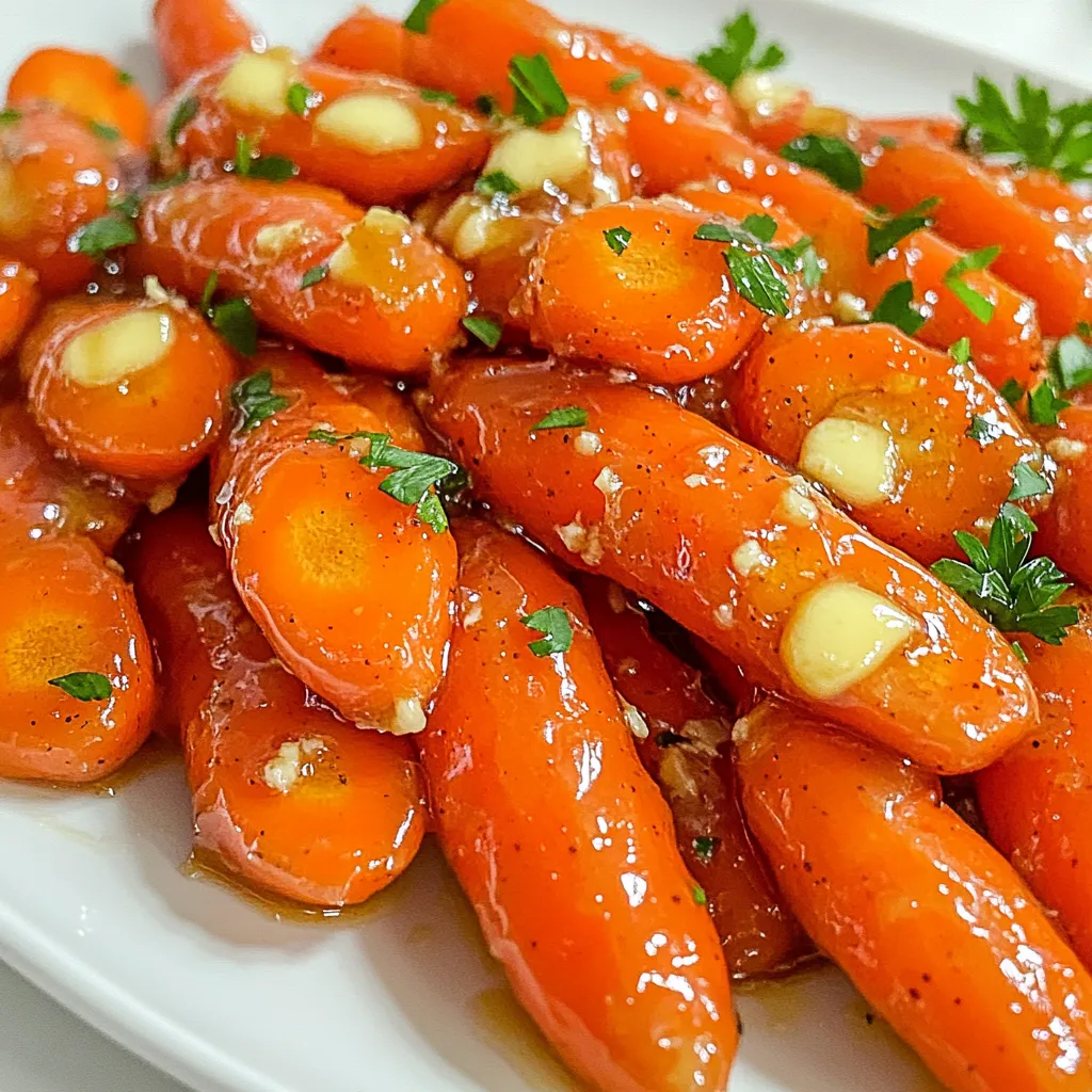 - 1 pound baby carrots, peeled and trimmed - 2 tablespoons honey - 2 tablespoons unsalted butter - 2 cloves garlic, minced - 1 teaspoon fresh ginger, grated - 1 tablespoon soy sauce (or tamari for gluten-free) - Salt and pepper to taste - Fresh parsley, chopped (for garnish) In this dish, baby carrots serve as the main star. They are sweet and tender, making them perfect for glazing. Honey adds a rich sweetness that balances the savory flavors. Unsalted butter provides creaminess and helps to coat the carrots. Garlic and ginger give a warm, aromatic touch. They add depth and make the dish more flavorful. Soy sauce (or tamari) brings umami and a bit of saltiness. Finally, salt and pepper enhance the taste. You can easily swap ingredients if needed. For a vegan option, replace butter with olive oil or vegan butter. Use maple syrup instead of honey for a plant-based sweetener. If you are gluten-free, stick with tamari instead of regular soy sauce. You can also use regular carrots if baby ones are not available. Just cut them into similar sizes for even cooking. 1. Start by melting the butter in a large skillet over medium heat. This takes about 1 minute. 2. Add the minced garlic and grated ginger. Cook for 1 minute. Stir often to prevent burning. 3. Toss in the baby carrots, mixing them well in the butter. This step should take around 2 minutes. 4. Pour in the honey and soy sauce. Add salt and pepper to taste. Stir well to coat the carrots evenly. 5. Cover the skillet and lower the heat. Cook for 10 to 15 minutes. Stir occasionally until the carrots are tender. 6. After the carrots are tender, remove the lid. Increase the heat to medium-high for 2 to 3 minutes. This helps thicken the glaze. 7. Taste your dish. Adjust the seasoning if needed. 8. Finally, garnish with chopped parsley before serving. - Melting butter: Watch the heat closely. Butter can burn quickly. - Garlic and ginger: Stir frequently. They can easily go from fragrant to burnt. - Coating carrots: Make sure all carrots are well covered. This ensures even flavor. - Covering skillet: Keep the lid on to trap steam. This helps cook the carrots faster. - Adjusting heat: Increase heat slowly. You want a gentle bubble, not a boil. - Tasting: Always taste before serving. This way, you can adjust flavors. - Use fresh garlic and ginger: Fresh ingredients give the best flavor. - Honey consistency: Warm honey slightly if it’s too thick. This helps it mix well. - Stirring regularly: Stir during cooking to help the glaze coat all carrots evenly. - Thickening the glaze: Let the glaze bubble. This allows excess moisture to evaporate. - Garnishing: Add parsley just before serving. It adds color and freshness to your dish. To make honey garlic glazed carrots even better, try adding spices. A pinch of cayenne pepper gives a nice kick. You can also add a sprinkle of paprika for a smoky flavor. If you love herbs, consider adding thyme or rosemary. These herbs pair well with the sweetness of the carrots. You can even toss in a splash of lemon juice for a bright touch. Experiment with these flavors to find what you like best. Presentation matters when serving honey garlic glazed carrots. Start by using a nice serving dish to show off the bright colors. Arrange the carrots in a circular pattern for a stunning look. Drizzle some of the glaze over the top to make it shine. Finally, sprinkle chopped parsley on top for a fresh touch. This adds color and a hint of flavor. A well-presented dish makes every meal feel special. One common mistake is overcooking the carrots. They should be tender but still have a slight crunch. Keep an eye on them while they cook. Stir occasionally to coat them evenly with the glaze. Another pitfall is burning the garlic. Garlic cooks quickly, so add it early but watch it closely. If it burns, it will taste bitter. Lastly, taste your dish before serving. Adjust the seasoning as needed to ensure perfect flavor. Following these tips will help you create a delicious side dish. {{image_2}} You can swap baby carrots with other veggies. Try using sliced bell peppers, zucchini, or green beans. Each will add its own flavor and texture. For a colorful dish, mix several vegetables. Just keep the cooking time in mind, as some may cook faster than others. If you need a vegan version, replace the butter with olive oil or vegan butter. The honey can be swapped for maple syrup or agave nectar. This keeps the sweetness but makes it plant-based. Always check your soy sauce for gluten-free options if needed. For extra flavor, add a splash of citrus juice, like lemon or orange, right at the end. You can also mix in fresh herbs such as thyme or rosemary. These herbs will enhance the dish and give it a fresh twist. Experimenting with spices like cumin or chili powder can add warmth and depth. To keep your Honey Garlic Glazed Carrots fresh, store them in an airtight container. Let them cool first. Place them in the fridge within two hours of cooking. They will stay good for about 3 to 5 days. Use a clean spoon to serve. This helps avoid germs. Reheat your carrots on the stove for the best texture. Place them in a skillet over low heat. Add a splash of water to help steam them. Stir often for even heating. You can also use a microwave if you are in a hurry. Use a microwave-safe dish and cover it loosely. Heat in short bursts, checking often to prevent overcooking. If you want to freeze your glazed carrots, first cool them completely. Place them in a freezer-safe bag or container. Remove as much air as possible. Label the bag with the date. They can last for up to 3 months in the freezer. When you are ready to eat, thaw them overnight in the fridge. Reheat as mentioned above for the best results. You can serve Honey Garlic Glazed Carrots with many dishes. They pair well with roasted chicken, grilled fish, or pork chops. The sweet and savory flavor makes them a great side. You can also enjoy them with rice or quinoa for a complete meal. For a special touch, serve them alongside a fresh salad. This combo adds color and texture to your table. Yes, you can use frozen carrots! They save time and are easy to find. However, they may need a bit longer to cook. Thaw them first for best results. Once thawed, follow the same steps in the recipe. Just monitor them to ensure they reach the right tenderness. The glaze will still coat the carrots nicely. Making this dish ahead is simple. You can prepare the carrots and glaze in advance. Cook them until they are tender, then let them cool. Store them in a sealed container in the fridge. When you're ready to eat, reheat them in a skillet. Add a bit of water to loosen the glaze if needed. They will taste just as good as fresh! Honey Garlic Glazed Carrots are simple and versatile. We went through the key ingredients and their roles, plus substitutions for dietary needs. I provided clear steps, helpful tips, and techniques to achieve a great glaze. You also learned how to enhance flavors, present your dish, and avoid common mistakes. Think about trying different vegetables and flavor options. With proper storage and reheating tips, you can enjoy these carrots later. This dish offers variety and satisfaction, making it a must-try for any meal.
