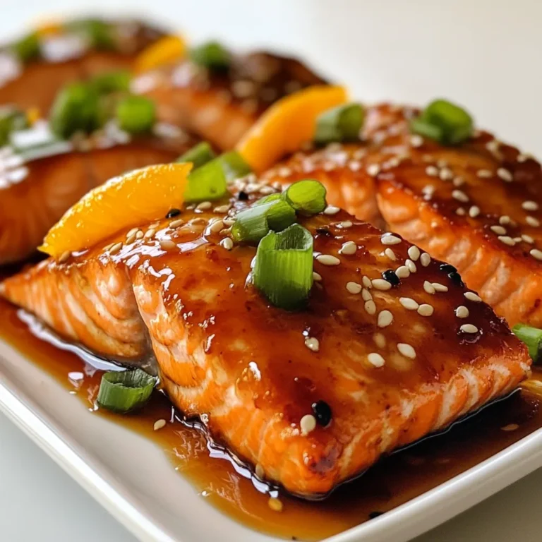 To make Orange Teriyaki Salmon, you'll need these simple, tasty ingredients: - 4 salmon fillets - 1/2 cup fresh orange juice - 1/4 cup soy sauce - 2 tablespoons honey - 1 tablespoon rice vinegar - 1 tablespoon grated fresh ginger - 2 cloves garlic, minced - 1 teaspoon cornstarch mixed with 2 tablespoons water (optional for thickening) - 1 tablespoon sesame oil - 2 green onions, sliced (for garnish) - Sesame seeds (for garnish) You can swap some ingredients if needed. For instance, use lime juice instead of orange juice. If you want a gluten-free option, choose tamari instead of soy sauce. Maple syrup can replace honey for a vegan version. Do not worry if you don’t have sesame oil; use olive oil as a substitute. Each change will bring its unique flavor to the dish. Using fresh ingredients is key for great taste. Fresh orange juice brightens the salmon. Grated ginger adds warmth and depth. Fresh garlic gives an aromatic punch. These ingredients work together to create a dish that is vibrant and flavorful. Always aim for fresh, high-quality items. Your taste buds will thank you! {{ingredient_image_1}} To start, make the teriyaki marinade. In a medium bowl, mix together: - 1/2 cup fresh orange juice - 1/4 cup soy sauce - 2 tablespoons honey - 1 tablespoon rice vinegar - 1 tablespoon grated fresh ginger - 2 cloves garlic, minced Whisk these ingredients until they blend well. Next, take your salmon fillets and place them in a shallow dish or a resealable plastic bag. Pour the teriyaki marinade over the salmon. Make sure each piece is coated nicely. Cover the dish or seal the bag and put it in the fridge. Let it marinate for at least 30 minutes. This step is key. It helps the salmon soak up all those tasty flavors. Now it’s time to cook the salmon. You can either grill or bake it. Both methods work well, but they give different tastes. Grilling: 1. Preheat your grill to medium-high heat. 2. Brush the grill with sesame oil to prevent sticking. 3. Place the salmon skin-side down on the grill. 4. Cook for about 4-5 minutes per side. Don’t forget to baste with the reserved marinade during cooking for extra flavor. Baking: 1. Preheat your oven to 375°F (190°C). 2. Line a baking dish with parchment paper for easy cleanup. 3. Place the salmon fillets in the baking dish. 4. Bake for about 15-20 minutes. Baste halfway through for added moisture. Both methods give you a delicious result, so choose whichever you prefer! To know when your salmon is done, look for a few signs. The fish should flake easily with a fork. If it does, it’s ready to eat. You can also check the color. The salmon should be opaque and not translucent inside. If you have a meat thermometer, aim for an internal temperature of 145°F (63°C). This ensures it’s cooked properly. If you want a thicker sauce, heat the leftover marinade in a small pot. Add cornstarch mixed with water, stirring until it thickens. Then pour it over the cooked salmon. Enjoy your meal! To boost the taste of your Orange Teriyaki Salmon, try adding zest. Grate the orange peel into the marinade. This adds a refreshing brightness. You can also use other citrus. Lime or lemon juice can give a nice twist. For extra depth, a splash of sesame oil enhances nutty notes. One common mistake is not marinating long enough. Marinate for at least 30 minutes. If you can, let it sit for an hour. This helps the salmon absorb the flavors. Another error is cooking at too high a heat. Salmon needs medium heat to cook evenly. If it’s too hot, it may burn on the outside and stay raw inside. To cook salmon perfectly, check for doneness with a fork. When it flakes easily, it’s done. The ideal internal temperature is 145°F (63°C). Use a meat thermometer for best results. If grilling, remember to flip it only once. This helps keep it moist. If baking, cover it with foil for the first half of cooking. This keeps in moisture and flavor. Pro Tips Marinating Time: For the best flavor, marinate the salmon for at least 1 hour or overnight if possible. This allows the flavors to penetrate deeper into the fish. Fresh Ingredients: Use fresh, high-quality ingredients for the marinade, especially the orange juice, as it greatly enhances the overall taste of the dish. Cooking Method: Grilling gives the salmon a wonderful smoky flavor, but baking is a great option for a more hands-off approach. Choose the method that suits your cooking style. Thickening the Sauce: If you prefer a thicker sauce, make sure to simmer the marinade after cooking to develop a richer flavor before serving. {{image_2}} You can make your orange teriyaki salmon even better by adding veggies. Try bell peppers, broccoli, or snap peas. These add color and nutrients. Chop the veggies into bite-sized pieces. Toss them in the marinade with the salmon. Grill or bake them together for a tasty, balanced meal. If you want to mix things up, try different marinades. You can replace the orange juice with lemon or lime juice. For a spicy kick, add some sriracha. You can also use maple syrup instead of honey. This gives a unique sweetness. Each change brings a new flavor to the dish, so feel free to experiment. You don't have to stick with salmon. This teriyaki sauce works great with other fish, like tilapia or trout. You can also use chicken or pork. Just adjust the cooking time based on the protein. Chicken may take longer, while fish cooks faster. Each protein will soak up the flavors, making it delicious. To keep your orange teriyaki salmon fresh, let it cool first. Then, place it in an airtight container. This helps lock in moisture and flavor. Store it in the fridge for up to three days. If you want to keep it longer, consider freezing it. When you want to enjoy your leftover salmon, reheat it gently. You can use the oven or a microwave. For the oven, set it to 350°F (175°C). Place the salmon on a baking sheet and cover it with foil. Heat for about 10-15 minutes. If using a microwave, cover the salmon with a damp paper towel and heat in short bursts, 30 seconds at a time. This keeps it moist. If you want to freeze the salmon, do it right after cooking. Wrap each fillet tightly in plastic wrap and then in aluminum foil. This prevents freezer burn. Store in the freezer for up to three months. When you’re ready to eat it, thaw it in the fridge overnight before reheating. Enjoy your tasty meal even later! Yes, you can use frozen salmon. Just make sure to thaw it first. You can thaw it in the fridge overnight or place it in a sealed bag and submerge it in cold water for about an hour. Once thawed, pat it dry before marinating. This helps the marinade stick better. Marinate the salmon for at least 30 minutes. This gives it time to soak in the orange and soy flavors. If you have more time, you can marinate it for up to 2 hours for a stronger taste. Just avoid marinating longer than that, as the fish can become too salty. You have many great options. Here are some ideas: - Steamed rice or jasmine rice - Quinoa for a healthy twist - Stir-fried vegetables like broccoli or bell peppers - A fresh green salad with sesame dressing - Noodles tossed in a light soy sauce These sides balance the sweet and savory flavors of the salmon. Choose what you like best! This blog covered how to make Orange Teriyaki Salmon, from choosing fresh ingredients to cooking. I shared tips on marinating, grilling, and baking. You learned how to avoid mistakes and make it perfect. Remember, fresh ingredients make a big difference. Feel free to try different veggies or proteins. Store leftovers right to enjoy later. With these tips, you'll cook a tasty salmon dish every time. Enjoy your cooking adventure!