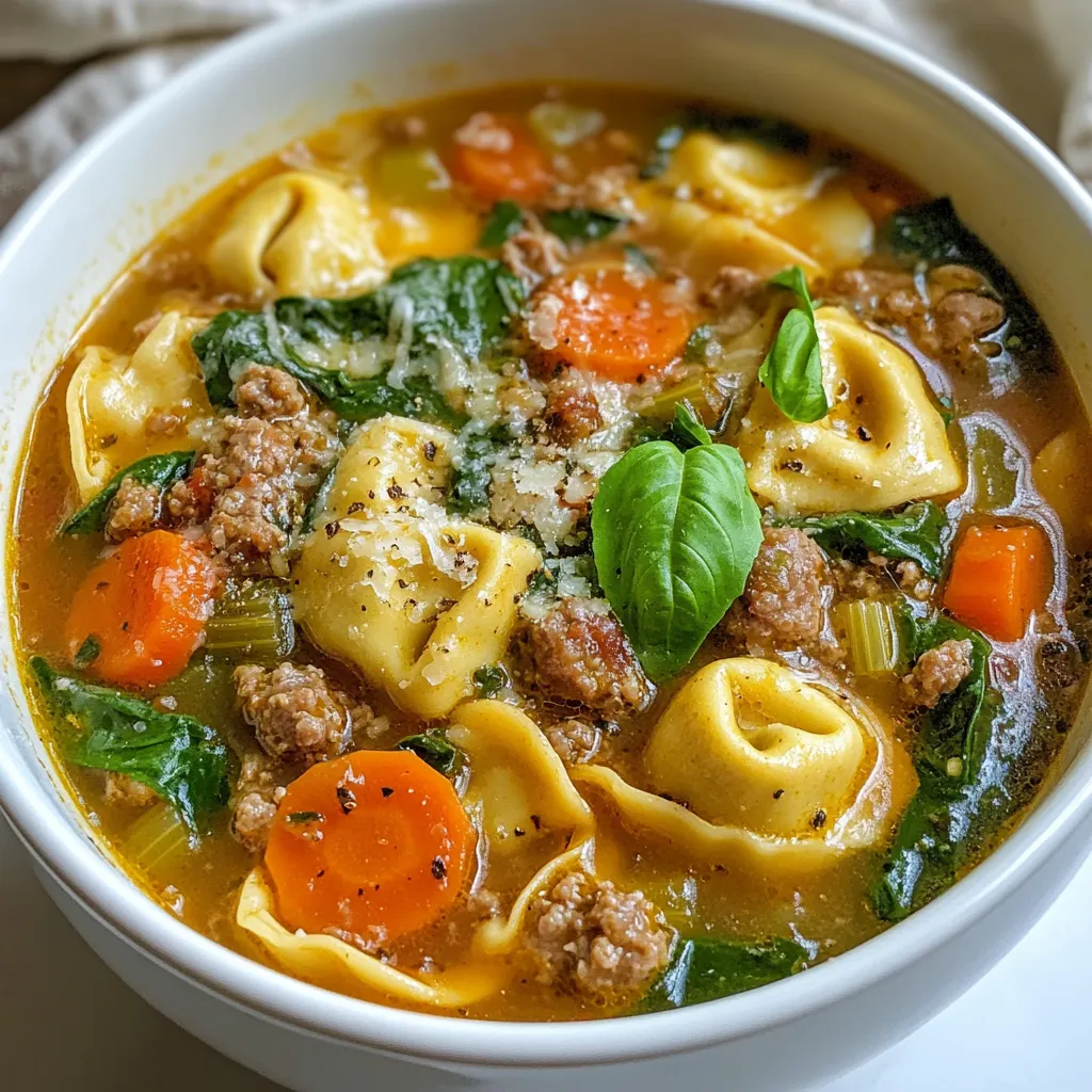 To make Italian sausage tortellini soup, gather these ingredients: - 1 lb Italian sausage (sweet or spicy) - 1 medium onion, chopped - 3 cloves garlic, minced - 2 carrots, diced - 2 celery stalks, diced - 6 cups chicken broth - 1 can (14.5 oz) diced tomatoes, undrained - 1 teaspoon dried oregano - 1 teaspoon dried basil - 1 package (9 oz) cheese tortellini - 2 cups fresh spinach - Salt and pepper to taste - 1 tablespoon olive oil - Grated Parmesan cheese for serving - Fresh basil leaves for garnish (optional) You can swap some ingredients based on what you have. Here are a few ideas: - Use ground turkey or chicken instead of Italian sausage for a lighter option. - If you don’t have fresh spinach, use kale or Swiss chard. - Swap chicken broth for vegetable broth for a vegetarian twist. - Canned diced tomatoes can be replaced with fresh tomatoes if you prefer. - You can also use gluten-free tortellini if you need a gluten-free option. Keep your ingredients fresh for the best flavor. Here are some tips: - Store fresh veggies in the fridge in a moisture-controlled bag. - Use fresh herbs like basil within a few days to enjoy their full taste. - Keep your cheese tortellini sealed and in the fridge until you’re ready to use it. - If using fresh spinach, wash and dry it just before adding it to the soup. - Try to use fresh sausage rather than pre-packaged ones for a better taste. {{ingredient_image_1}} 1. Start by gathering your ingredients. You need Italian sausage, onion, garlic, carrots, and celery. 2. Chop one medium onion and mince three cloves of garlic. 3. Dice two carrots and two celery stalks into small pieces. 4. Open your can of diced tomatoes. You’ll use these later. 1. In a large pot, heat one tablespoon of olive oil over medium heat. 2. Add the chopped onion and cook for 3 to 4 minutes. The onion should look clear. 3. Add the minced garlic, diced carrots, and celery. Stir and cook for 5 more minutes. 4. Remove the casing from one pound of Italian sausage. Add it to the pot. 5. Break the sausage into smaller pieces. Cook for 5 to 7 minutes until brown. 6. Pour in 6 cups of chicken broth and the can of diced tomatoes. 7. Add one teaspoon of dried oregano and one teaspoon of dried basil. Stir everything well. 8. Bring the soup to a simmer. Let it cook for 10 minutes. This helps the flavors blend. 9. Add one package of cheese tortellini. Cook according to the package, usually 3 to 5 minutes. 10. Stir in 2 cups of fresh spinach until it wilts. Season with salt and pepper to taste. 1. Serve the soup hot in bowls. 2. Top with grated Parmesan cheese for a tasty finish. 3. Add fresh basil leaves if you like a pop of color and flavor. To boost flavor, use quality sausage. Sweet or spicy, both work well. Fresh herbs can add a bright note. Try using fresh basil instead of dried. A splash of lemon juice can add zest too. For a richer taste, sauté the garlic until golden. This caramelizes it and draws out the sweetness. Adding a dash of red pepper flakes can bring a nice heat. Prep your veggies ahead of time. Chop and store them in the fridge. This cuts down on cooking time. Use pre-packaged tortellini. They cook fast and are easy to find. You can also make this soup in a slow cooker. Just brown the sausage first, then add everything else. Let it cook on low for a few hours. This gives the flavors time to deepen. Don’t skip the seasoning! Without salt and pepper, the soup can taste flat. Avoid overcrowding the pot with too many ingredients. This can lead to uneven cooking. Make sure to follow the cooking times for tortellini. Overcooked pasta can become mushy and lose texture. Lastly, don’t add spinach too early. Stir it in just before serving for the best flavor and color. Pro Tips Use Fresh Herbs: Fresh basil and oregano can elevate the flavor of your soup. Add them towards the end of cooking for a vibrant taste. Cook Tortellini Separately: For a firmer texture, consider cooking the tortellini separately and adding it to the soup just before serving. Add a Kick: If you like it spicy, consider adding red pepper flakes when browning the sausage for an extra layer of heat. Store Wisely: If you have leftovers, store the tortellini separately from the broth to prevent it from becoming mushy in the fridge. {{image_2}} You can easily make a vegetarian version of this soup. Use plant-based sausage instead of Italian sausage. You can find many great brands at the store. Replace chicken broth with vegetable broth for a rich base. Add more veggies like mushrooms or zucchini for extra flavor. This makes the soup hearty and delicious. To make a low-carb version, skip the tortellini. Instead, use cauliflower rice or zucchini noodles. These options keep the soup filling without the carbs. You can also add more leafy greens, like kale or Swiss chard, for bulk. This way, you enjoy a tasty soup while sticking to your diet goals. You can change the soup's flavor by adding different herbs and spices. Try fresh herbs like rosemary or thyme for a different taste. For a spicy kick, add red pepper flakes. Experimenting with lemon juice or vinegar can brighten the flavors too. Don't hesitate to adjust the recipe to fit your taste buds! To store your Italian sausage tortellini soup, let it cool first. Transfer it to an airtight container. You can store it in the fridge for up to three days. If you plan to keep it longer, freezing is a great option. When you’re ready to enjoy the leftovers, pour the soup into a pot. Heat it over medium heat until it warms through. You can also use the microwave. Just place it in a microwave-safe bowl and heat in 30-second bursts, stirring in between. If you want to freeze the soup, do so before adding the tortellini and spinach. This will keep the textures nice. Pour the cooled soup into freezer-safe containers or bags. Make sure to leave some space for expansion. It can last in the freezer for up to three months. When you’re ready to eat, thaw it in the fridge overnight, then reheat as mentioned above. Yes, you can use frozen tortellini. Just add them to the soup during the last few minutes of cooking. This allows them to cook right in the broth. Frozen tortellini cooks well and saves time. You can use vegetable broth for a vegetarian option. Water will work too, but it may lack flavor. You might also try beef broth for a richer taste. Adjust seasonings as needed to balance the flavors. To store the soup, let it cool completely. Place it in an airtight container. It can last up to four days in the fridge. If you want to keep it longer, you can freeze it. Absolutely! Adding more vegetables is a great way to boost nutrition. Consider using zucchini, bell peppers, or green beans. Just chop them small so they cook quickly and blend well in the soup. The soup lasts about four days in the fridge. Make sure it’s well-sealed in a container. If you notice any off smells or changes in texture, it’s best to toss it out. We explored the key ingredients and smart substitutions to make your dish shine. I shared easy step-by-step instructions, including tips for freshness and serving suggestions. You learned how to enhance flavor and save time while avoiding common mistakes. Finally, I provided storage tips and answered frequently asked questions. With these insights, you can create a delicious Italian Sausage Tortellini Soup that fits your needs and preferences. Happy cooking!