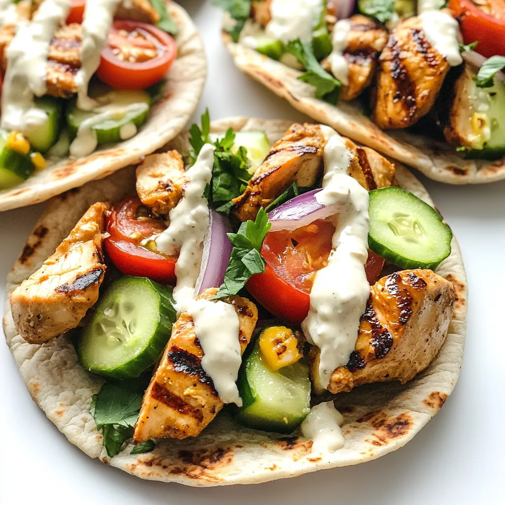 - 1 lb boneless, skinless chicken thighs - 4 whole wheat pita breads - 3 tablespoons olive oil - 2 teaspoons ground cumin - 2 teaspoons ground coriander - 1 teaspoon paprika - 1 teaspoon ground turmeric - 1 teaspoon garlic powder - ½ teaspoon cayenne pepper (adjust for heat preference) - Salt and pepper to taste - 1 cup cucumber, diced - 1 cup tomatoes, diced - ½ red onion, thinly sliced - Fresh parsley for garnish - 1 cup plain Greek yogurt - 2 tablespoons tahini - 1 tablespoon lemon juice The chicken is the star of this dish. I prefer boneless, skinless chicken thighs. They stay juicy and tender after cooking. Whole wheat pita bread is healthy and adds a nutty flavor. The marinade gives the chicken its bold taste. Olive oil helps the spices stick. Cumin and coriander add warmth. Paprika gives a hint of sweetness. Turmeric adds color and health benefits. Garlic powder brings depth, and cayenne offers a kick. Adjust the cayenne for your heat level. Fresh toppings make each bite bright and crunchy. Diced cucumber and tomatoes add freshness. Thinly sliced red onion gives a sharp taste. I love adding fresh parsley for color and flavor. The tahini sauce adds creaminess and a nutty touch. Mixing Greek yogurt with tahini and lemon juice creates a perfect sauce. Gather these ingredients, and you are ready to make delicious chicken shawarma pita wraps! {{ingredient_image_1}} To make the chicken shawarma, start by mixing the marinade ingredients. In a bowl, combine the olive oil, ground cumin, ground coriander, paprika, ground turmeric, garlic powder, cayenne pepper, salt, and pepper. Stir until well blended. This mix adds rich flavor to the chicken thighs. Next, add the chicken thighs to the bowl. Use your hands or a spoon to coat them well in the marinade. Once coated, cover the bowl. Place it in the refrigerator for at least one hour. If you have time, marinating overnight makes the flavors even better. Now it’s time to cook the chicken. Preheat your grill or grill pan over medium-high heat. This step is vital for achieving a nice char and juicy meat. Grill the marinated chicken thighs for about 6-7 minutes on each side. To ensure they are safe to eat, check that the internal temperature reaches 165°F (75°C). After grilling, remove the chicken and let it rest for 5 minutes. This helps keep the juices inside. While the chicken is resting, prepare the tahini sauce. In a small bowl, mix the plain Greek yogurt, tahini, lemon juice, and a pinch of salt. Stir this mixture until it becomes smooth and creamy. This sauce adds a wonderful tang to the wraps. Slice the grilled chicken into thin strips. Next, warm the pita breads on the grill for about one minute on each side. This step makes them soft and easy to fold. To assemble the wrap, start by spreading a generous spoonful of the tahini sauce inside each pita. Layer in the sliced chicken, diced cucumber, diced tomatoes, and thinly sliced red onion. For a final touch, garnish with fresh parsley. Drizzle a little extra tahini sauce if you like. Fold the pita wraps and serve immediately while they are warm. Marinating chicken adds deep flavor. A longer marination time gives the spices time to soak in. I suggest marinating for at least one hour. For best flavor, try marinating overnight. Store marinated chicken in the fridge. This keeps it fresh. Always cover the bowl to prevent spills and odors. To know when your chicken is done, use a meat thermometer. The chicken should reach 165°F (75°C). This ensures it is safe to eat. Let the chicken rest for five minutes after grilling. This keeps it juicy. For perfectly warmed pita, grill them for about one minute on each side. This makes them soft and pliable. I love serving chicken shawarma with extra dipping sauces. Tahini sauce pairs well with the chicken. You can also try garlic sauce or a spicy yogurt dip. For sides, tabbouleh or a fresh salad works great. These add crunch and freshness. Enjoy your meal with family and friends! Pro Tips Marinate for Maximum Flavor: The longer you marinate the chicken, the more flavorful it will be. Aim for at least 4 hours or overnight for the best results. Use a Meat Thermometer: To ensure the chicken is cooked perfectly, use a meat thermometer. The internal temperature should reach 165°F (75°C). Customize Your Toppings: Feel free to add your favorite toppings like pickles, olives, or shredded lettuce for added texture and flavor. Warm Your Pitas: Warming the pita bread before serving keeps them soft and pliable, making them easier to fill and fold. {{image_2}} You can change the main protein in your shawarma wraps. If you prefer chicken breast, it works great. Beef is a tasty option too. Just slice it thin and marinate it the same way. For a vegetarian twist, use falafel. Falafel adds a nice crunch and flavor. You can make your wraps lighter while still enjoying great taste. To give your wraps a kick, try adding spicy harissa. This sauce brings heat and depth. You can also use yogurt sauces for a creamy touch. Experimenting with fresh herbs can change the whole flavor. Try adding mint or cilantro for a fresh taste. Each choice brings a new twist to your chicken shawarma. You can serve chicken shawarma in different styles. Try making a salad bowl with the same ingredients. Just mix the chicken, veggies, and tahini sauce over greens. If you're out of pita, use tortillas or lettuce leaves. Both are great alternatives for wraps. Each style offers a unique way to enjoy this delicious meal. To keep your chicken shawarma fresh, store it in the fridge. Place the chicken and toppings in separate containers. Use airtight containers to avoid moisture loss. Leftover chicken stays good for about 3 days. Use the toppings within 2 days for the best taste. You can freeze chicken shawarma for later use. First, let the chicken cool completely. Wrap it tightly in plastic wrap or aluminum foil. Then, place it in a freezer bag. This helps prevent freezer burn. To reheat, thaw the chicken in the fridge overnight. Heat it in a pan on medium until hot. Chicken shawarma stays fresh for a few days. Cooked chicken should last 3 to 4 days in the fridge. Fresh veggies like cucumbers and tomatoes last about 2 days. Check for any strange smells or colors. If you see any signs of spoilage, throw it away to stay safe. To add more heat to your chicken shawarma, try these simple tips: - Increase cayenne pepper in the marinade. - Add fresh sliced jalapeños or serranos inside the pita. - Drizzle with a spicy sauce like harissa or sriracha. These options let you control the spice level. Start with small amounts, then taste as you go. You can always add more heat, but it’s hard to take it away! Yes, you can cook chicken shawarma in the oven. Here’s how: - Preheat your oven to 425°F (220°C). - Spread marinated chicken on a baking sheet in a single layer. - Bake for 20-25 minutes, flipping halfway through. When the chicken is done, it should reach 165°F (75°C). This method gives you juicy chicken without a grill. Pair your shawarma wraps with these tasty sides: - Tabbouleh salad for a fresh, herby flavor. - Roasted vegetables for a warm side. - Pickled vegetables to add crunch and tang. These sides enhance your meal. They also balance the rich flavors of the shawarma. Enjoy experimenting with different combinations! In this article, we explored how to make delicious chicken shawarma pita wraps. We covered main ingredients like chicken thighs and whole wheat pita bread. You learned how to create a tasty marinade, grill the chicken, and assemble your wraps. Don't forget fresh toppings and sauce for flavor. You can switch proteins or add spices for a twist. Lastly, proper storage keeps your meal fresh. Dive into this fun recipe and enjoy tasty, healthy wraps anytime!
