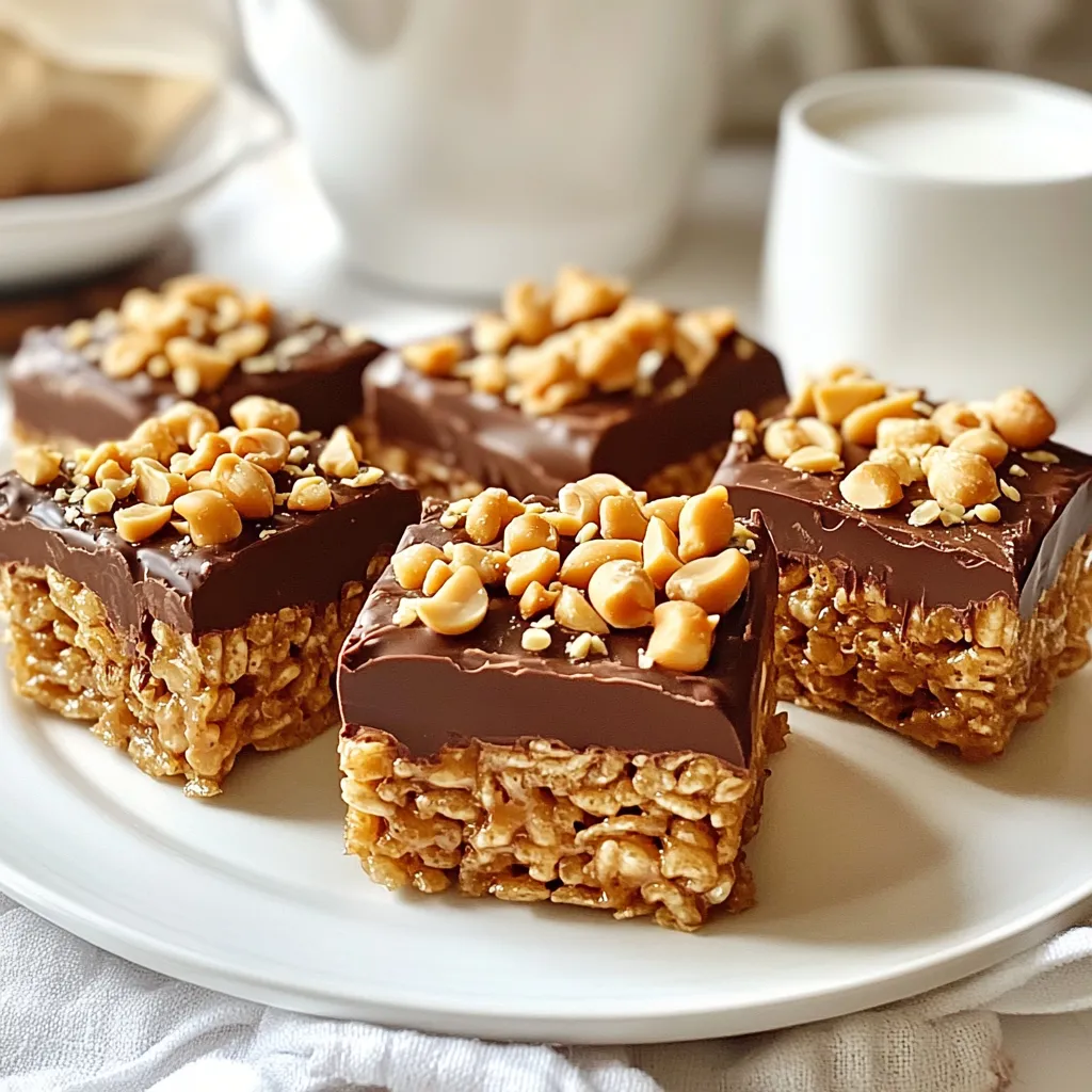 To make Peanut Butter Chocolate Rice Krispie Treats, gather these main ingredients: - 3 cups Rice Krispies cereal - 1 cup creamy peanut butter - 1 cup semi-sweet chocolate chips - 1/2 cup unsweetened cocoa powder - 1/2 cup honey or maple syrup - 1 teaspoon vanilla extract - A pinch of salt These items create a rich, chocolatey, and nutty treat that kids and adults love. For a fun twist and added chewiness, consider these optional ingredients: - 1/2 cup mini marshmallows Adding mini marshmallows gives your treats a delightful texture. They melt and mix well with the other ingredients. If you need to swap out an ingredient, here are some suggestions: - Use almond butter instead of peanut butter for a nut-free option. - Replace honey or maple syrup with agave syrup for a vegan treat. - Try dark chocolate chips if you prefer a less sweet flavor. These substitutions can help you customize your treats while keeping them delicious. {{ingredient_image_1}} First, grab a 9x9-inch square baking dish. Line it with parchment paper. Leave some paper hanging over the edges. This makes it easy to lift out the treats later. Next, take a medium saucepan and add honey or maple syrup. Add the creamy peanut butter, cocoa powder, and a pinch of salt. Heat this mixture on medium. Stir it often until it gets smooth and starts to bubble. Once it bubbles, remove it from heat. Now, grab a large mixing bowl. Pour the warm chocolate-peanut butter mix over the Rice Krispies cereal. If you want chewy treats, add mini marshmallows here. Gently fold everything together until the Rice Krispies are coated evenly. For the topping, take a microwave-safe bowl. Add the rest of the semi-sweet chocolate chips. Microwave them in 30-second bursts, stirring each time. Keep going until the chocolate is smooth. Pour this melted chocolate over the Rice Krispies mixture. Use a spatula to spread it evenly. Finally, place the baking dish in the fridge. Chill it for at least 1 hour. This will help the treats set properly. Once they are firm, lift them out using the parchment overhang. Cut them into squares or bars. Enjoy your delicious Peanut Butter Chocolate Rice Krispie Treats! To melt chocolate well, use a microwave-safe bowl. Heat the chocolate chips in short bursts. Start with 30 seconds and stir in between. This prevents the chocolate from burning. If it seems hard, heat for another 15 seconds. Keep stirring until smooth. You can also use a double boiler for melting. Just heat water in a pot and place the bowl on top. For the best texture, combine the Rice Krispies gently with the chocolate-peanut butter mix. Use a spatula to fold them together. Avoid crushing the cereal. If you want chewiness, add mini marshmallows. They help create a soft bite. Press the mixture firmly into the pan, but do not pack it too tight. This helps keep them light and crispy. If your treats crumble, you may not have added enough binding agents. Try adding more peanut butter or honey. If they are too sticky, use less peanut butter next time. For uneven chocolate, make sure to spread it out evenly. If your treats are too dry, check the mixing time. You want everything well combined but not overmixed. Pro Tips Use Fresh Ingredients: Always check the expiration dates on your peanut butter and chocolate chips to ensure maximum flavor and quality in your treats. Press Firmly: When packing the mixture into the baking dish, press down firmly. This helps the treats hold their shape and makes them easier to cut into squares later. Cooling Time Matters: Allow the treats to chill completely in the refrigerator for at least an hour. This ensures they set properly and makes them easier to slice. Experiment with Toppings: Feel free to get creative with toppings! Drizzling caramel, adding sprinkles, or mixing in nuts can take your Rice Krispie treats to the next level. {{image_2}} You can add mini marshmallows to boost the texture. They give a soft, chewy bite. Just mix them in with the Rice Krispies after heating the peanut butter mixture. This little change makes the treats even more fun to eat. The marshmallows melt slightly, adding gooey goodness to each square. If you want a healthier twist, try almond butter instead of peanut butter. Almond butter has a nutty flavor and is rich in good fats. You can also use natural sweeteners like agave syrup. These swaps keep the taste great while cutting down on sugars and calories. Feel free to get creative! You can add chopped nuts for a crunch or dried fruit for a sweet kick. Walnuts, almonds, or cranberries work well. Just mix them in with the Rice Krispies. This way, you can make your treats unique and tasty. To keep your Peanut Butter Chocolate Rice Krispie Treats fresh, store them in an airtight container. Use parchment paper between layers to prevent sticking. If you have leftovers, they will stay best in a cool, dry place. These treats last about 3 to 5 days at room temperature. If you want them to last longer, consider refrigerating them. In the fridge, they can stay fresh for up to a week. Just remember to let them sit at room temperature for a few minutes before serving. This helps them regain their chewy texture. Yes, you can freeze these tasty treats! Wrap them tightly in plastic wrap, then place them in a freezer bag. They can stay frozen for up to 3 months. When you’re ready to enjoy, let them thaw in the fridge overnight. Then, take them out and let them come to room temperature before serving. This method keeps them fresh and delicious. Yes, you can make these treats ahead of time. They stay fresh for several days. Just store them in an airtight container. This keeps them soft and chewy. You can use agave syrup or brown rice syrup. Both options provide sweetness and moisture. They work well in this recipe, keeping your treats delicious. If your treats are crumbly, they likely need more binding. Melt a bit more peanut butter and syrup together. Pour it over the crumbly treats and mix well. Press the mixture firmly into the pan again. Yes, you can make a vegan version. Use maple syrup or agave syrup instead of honey. Also, choose dairy-free chocolate chips. This keeps the flavors rich and tasty while meeting vegan needs. This post covered how to make Peanut Butter Chocolate Rice Krispie Treats. You learned about essential ingredients, step-by-step instructions, and helpful tips. Variations can suit different tastes and dietary needs. Remember, finding the right texture is key, and substitutions can enhance your treats. Store them properly to enjoy every bite. With these easy steps and fun options, you can create tasty treats. Enjoy making your own unique version today!