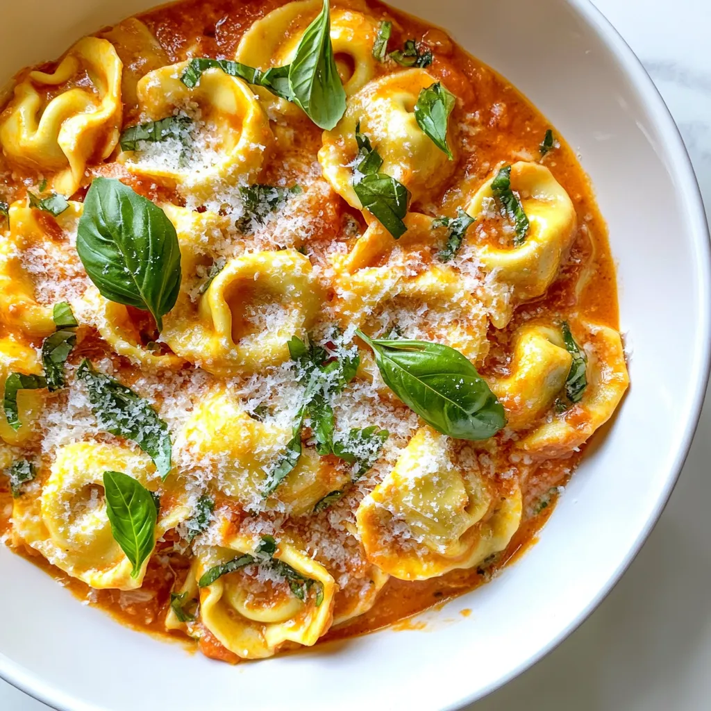 To make creamy tomato basil tortellini, gather these items: - 1 package (9 oz) fresh cheese tortellini - 1 tablespoon olive oil - 1 small onion, finely chopped - 3 cloves garlic, minced - 1 can (14 oz) diced tomatoes, undrained - 1/2 cup heavy cream - 1/4 cup fresh basil, chopped - 1 teaspoon dried oregano - Salt and pepper to taste - Parmesan cheese, grated (for serving) If you can't find some ingredients, here are good swaps: - Use frozen tortellini instead of fresh. - Swap heavy cream with half-and-half for a lighter option. - Try canned crushed tomatoes if you prefer a smoother sauce. - Fresh basil can be replaced with dried basil; just use less. Picking the best items makes a big difference. Here’s how: - Look for tortellini that feels firm and has no tears. - Choose onions that are smooth, firm, and have no soft spots. - Select garlic heads that are tight and heavy. - For tomatoes, pick cans with no dents or rust. - Smell the basil; it should have a strong aroma, showing it's fresh. These simple tips help ensure your creamy tomato basil tortellini turns out delicious and vibrant! {{ingredient_image_1}} Start by boiling water in a large pot. Add a pinch of salt to the water for flavor. Cook the fresh cheese tortellini according to the package instructions. This usually takes about 3-5 minutes. When done, drain the tortellini and set them aside. Make sure to not overcook them. You want them al dente, so they hold up in the sauce. In the same pot, heat 1 tablespoon of olive oil over medium heat. Add the finely chopped onion and sauté for about 3-4 minutes. You want the onion to be soft and translucent. Next, stir in 3 cloves of minced garlic and cook for another minute. This will make your kitchen smell amazing! Then, add one can of diced tomatoes, undrained. Let them simmer for about 5 minutes to blend the flavors. After that, reduce the heat to low. Stir in 1/2 cup of heavy cream and 1/4 cup of chopped fresh basil. Mix until everything is well combined. Now, it’s time to bring it all together. Add the cooked tortellini back into the pot. Gently toss them in the creamy sauce to coat. Season with 1 teaspoon of dried oregano, salt, and pepper to taste. Warm everything through for another 2-3 minutes. Serve your creamy tomato basil tortellini hot. Garnish with grated Parmesan cheese and some extra basil for a pop of color. Enjoy your meal! To get the creamiest sauce, start with heavy cream. It adds rich texture. Heat it gently with the tomatoes. This way, you avoid boiling. Stir often to blend flavors well. Mixing in fresh basil at the end keeps its bright taste. Always season with salt and pepper to taste. This simple step makes a big difference. One common mistake is overcooking the tortellini. Follow package instructions for the best results. Another mistake is adding the cream too early. If you do, it may curdle. Also, don’t skip the garlic. It adds a strong flavor. Finally, avoid skimping on the seasoning. Taste and adjust as needed for a balanced dish. To boost flavor, try adding a pinch of red pepper flakes. It gives a nice kick. You can also use fresh herbs like thyme or parsley. These add a fresh twist to the dish. For a richer taste, include a splash of balsamic vinegar. This makes the sauce deeper and more complex. Always remember to garnish with fresh Parmesan cheese. It adds a savory touch! Pro Tips Fresh Basil Boost: Always use fresh basil for the best flavor; it elevates the dish and adds a vibrant aroma. Optimal Creaminess: For a richer sauce, consider adding a bit more cream or a dollop of cream cheese for extra thickness. Tomato Variety: Experiment with different types of canned tomatoes, like San Marzano, for a sweeter and more robust tomato flavor. Perfectly Cooked Tortellini: Be careful not to overcook the tortellini; they should be al dente for the best texture in the dish. {{image_2}} You can make this dish vegan by swapping out a few key ingredients. Use plant-based tortellini instead of cheese-filled ones. For the creamy texture, replace heavy cream with coconut cream or cashew cream. These options give a rich taste without dairy. Add nutritional yeast for a cheesy flavor. You can still enjoy the classic taste while keeping it vegan. If you want to add protein, chicken or shrimp work great. For chicken, cook diced pieces in olive oil until golden brown. Then, remove and set aside before making the sauce. Add it back in with the tortellini. If you prefer shrimp, add them in the last few minutes of cooking. They cook quickly and will absorb the flavors well. You can switch up the herbs to change the flavor. Try adding thyme or parsley for a fresh twist. If you like heat, a pinch of red pepper flakes adds a nice kick. You can also use dried herbs if fresh ones are not available. Just remember to adjust the amounts since dried herbs are stronger. To store leftovers, let the tortellini cool down first. Then, place it in an airtight container. This helps keep it fresh. Store the container in the fridge. It will last for about three days. When you're ready to eat, check for any off smells or changes in color. You can freeze creamy tomato basil tortellini for later. First, let it cool completely. Then, transfer it to a freezer-safe bag or container. Remove as much air as you can. This prevents freezer burn. It can stay in the freezer for up to three months. When you want to eat it, thaw it in the fridge overnight. To reheat, use a pot on the stove. Add a splash of water or cream to help it warm up. Heat on low and stir gently. You can also microwave it. Place it in a bowl, cover it loosely, and heat in short bursts. Make sure to stir in between. This keeps it creamy and prevents burning. Enjoy your meal just like the first day! Yes, you can use frozen tortellini. Just cook it according to the package instructions. Frozen tortellini often cooks a bit longer than fresh. Keep an eye on it so it doesn't get too soft. The sauce will still taste great, and it saves time! You have many options to serve with creamy tomato basil tortellini. Here are some ideas: - Garlic bread for dipping - A fresh green salad with vinaigrette - Roasted vegetables for a colorful side - Steamed broccoli or green beans for added crunch These sides balance the rich flavors of the dish and make your meal more fun. Creamy tomato basil tortellini lasts about three to four days in the fridge. Store it in an airtight container. When you're ready to eat, just reheat it gently. If it seems too thick, add a splash of milk or cream to loosen it up. Enjoy every bite! In this blog post, I covered the key ingredients for creamy tomato basil tortellini and how to prepare it. You learned about substitutions, cooking methods, and tips for the best flavor and texture. Don't forget the variations, from vegan options to protein add-ins. I shared how to store leftovers, freeze extra servings, and reheat them well. Remember, great cooking is about practice and patience. With these tips, you’ll impress family and friends alike with your delicious tortellini dish. Enjoy your cooking journey!