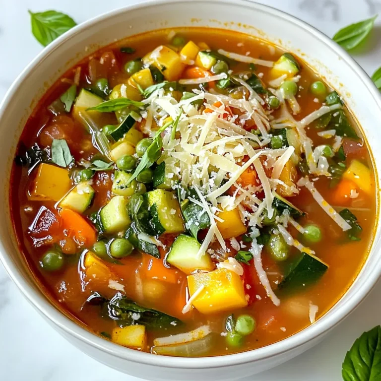 To make veggie packed minestrone soup, gather these simple ingredients: - 1 tablespoon olive oil - 1 medium onion, diced - 2 cloves garlic, minced - 2 carrots, diced - 2 celery stalks, diced - 1 zucchini, diced - 1 cup green beans, trimmed and cut into pieces - 1 can (15 oz) cannellini beans, drained and rinsed - 1 can (14.5 oz) diced tomatoes (with juice) - 6 cups vegetable broth - 1 teaspoon dried oregano - 1 teaspoon dried basil - Salt and pepper to taste - 1 cup small pasta (like ditalini or elbow) - 2 cups fresh spinach or kale - 1 tablespoon lemon juice - Grated Parmesan cheese (for serving, optional) Using fresh ingredients gives the best taste. Fresh vegetables add crunch and flavor. If you’re short on time, canned options work well too. Canned beans and tomatoes save prep time. Always rinse canned goods to cut down on salt. You can swap ingredients based on your needs. If you have a bean allergy, use more veggies instead. Try lentils or chickpeas for protein. If you don’t eat gluten, choose gluten-free pasta. For a dairy-free option, skip the cheese. Always adjust to fit your taste and diet. {{ingredient_image_1}} Start by heating the olive oil in a large pot over medium heat. Add the diced onion and sauté until it turns soft and clear, about 3-4 minutes. Next, stir in the minced garlic, carrots, and celery. Cook these for about 5 minutes, stirring often. You want the veggies to soften nicely. Then, add the zucchini, green beans, and cannellini beans to the pot. Mix everything well. Pour in the diced tomatoes with their juice and the vegetable broth. Season the soup with oregano, basil, salt, and pepper. Bring the mixture to a boil. Once boiling, lower the heat and let it simmer for about 15 minutes. This step helps all the flavors blend together. After that, add the small pasta to the pot. Cook it according to the package instructions until it is al dente, which usually takes about 7-10 minutes. In the last 2 minutes of cooking, stir in the fresh spinach or kale. This will make it bright and healthy. Finally, remove the pot from the heat and stir in lemon juice for a fresh taste. When you sauté vegetables, make sure to keep the heat at medium. This helps them cook evenly without burning. Cut the veggies into similar sizes so they cook at the same time. Stir them often during cooking to avoid sticking. If you want more flavor, add a pinch of salt right when you start cooking. This helps draw out moisture and adds more taste. Cooking pasta in the soup is easy and saves time. Just add it to the pot when the soup is almost done. Follow the package instructions for cooking time. This way, the pasta soaks up the soup’s flavor. For best results, do not overcook the pasta. It should be firm, or al dente. If you have leftovers, consider cooking the pasta separately next time. This prevents it from getting too soft when you reheat the soup. To boost the flavor, use fresh herbs. Fresh basil and oregano add great taste. You can also try adding a splash of balsamic vinegar for depth. For nutrition, include leafy greens like spinach or kale. They add vitamins and minerals. You can also add some lemon juice for a zesty kick. Don’t let leftover veggies go to waste. Chop them up and toss them into your soup. Carrots, bell peppers, or even broccoli work well. Just make sure they are cut small so they cook fast. This way, you add flavor and nutrition. You can also mix in any cooked grains you have on hand, like quinoa or rice. If your soup is too thick, add more vegetable broth or water. Stir it in slowly until you reach your desired thickness. If it is too thin, let it simmer longer to reduce. You can also mash some beans against the pot’s side for a thicker texture. This will give your soup a hearty feel without extra ingredients. Pro Tips Use Fresh Veggies: Fresh vegetables enhance the flavor and nutritional value of the soup. Opt for seasonal produce whenever possible. Customize Your Pasta: Feel free to substitute the small pasta with whole grain or gluten-free options for a healthier twist. Make It Ahead: This minestrone soup tastes even better the next day! Make a big batch and store leftovers in the fridge for quick meals. Adjust Your Seasoning: Always taste your soup before serving. Feel free to adjust the seasoning with more herbs or a splash of vinegar for extra flavor. {{image_2}} You can make minestrone soup gluten-free easily. Just swap the small pasta for gluten-free pasta. Many brands offer great options that taste good. You can also use rice or quinoa instead of pasta. Both add a nice texture and keep the soup hearty. If you want to add protein, you have great choices. For meat lovers, diced chicken is tasty. Cook it in the pot before adding veggies to let it brown. If you prefer plant-based protein, try adding cubed tofu. Add it with the beans for a nice, firm texture. Both options make the soup more filling. Seasonal veggies make this soup even better. In the spring, add peas or asparagus for a fresh taste. Summer brings sweet corn and bell peppers, perfect for a bright flavor. In the fall or winter, use root vegetables like squash or parsnips. Mixing and matching seasonal veggies keeps the soup fun and exciting. After cooking your veggie packed minestrone soup, let it cool. Store it in an airtight container. It will stay fresh in the fridge for about 3 to 5 days. Always check for any off smells before eating. If you see any signs of spoilage, toss it out. You can freeze the soup if you want to keep it longer. Use a freezer-safe container or a heavy-duty freezer bag. Make sure to leave some space for the soup to expand when it freezes. It can last for up to 3 months in the freezer. To thaw, place it in the fridge overnight or use the microwave for a quick defrost. When you're ready to eat, reheat your soup on the stove or in the microwave. If using the stove, warm it over medium heat until hot. Stir occasionally to prevent sticking. If you're using a microwave, heat it in 1-minute intervals, stirring in between. Add a splash of vegetable broth or water if it seems too thick. Enjoy your warm and hearty soup! Minestrone soup lasts about 3 to 5 days in the fridge. Store it in an airtight container. This keeps it fresh and safe to eat. If you notice any off smells or colors, it’s best to toss it out. Yes, you can make this soup ahead of time. It tastes even better after sitting for a day. The flavors blend well, making it rich and tasty. Just let it cool before putting it in the fridge. Reheat it when you're ready to enjoy. Yes, this minestrone soup is vegan-friendly. It uses vegetable broth and no animal products. You can enjoy this dish while sticking to a plant-based diet. Just skip the cheese if you want it completely vegan! You learned about making tasty minestrone soup with fresh, canned, and substitute options. The step-by-step guide showed how to cook perfectly. Tips helped enhance flavors and use leftovers smartly. We discussed gluten-free and protein-packed variations, plus easy storage and reheating. In closing, this soup is simple to make and fun to share. Enjoy creating your own version! Each bowl brings warmth and joy. Try new ingredients and make it yours!