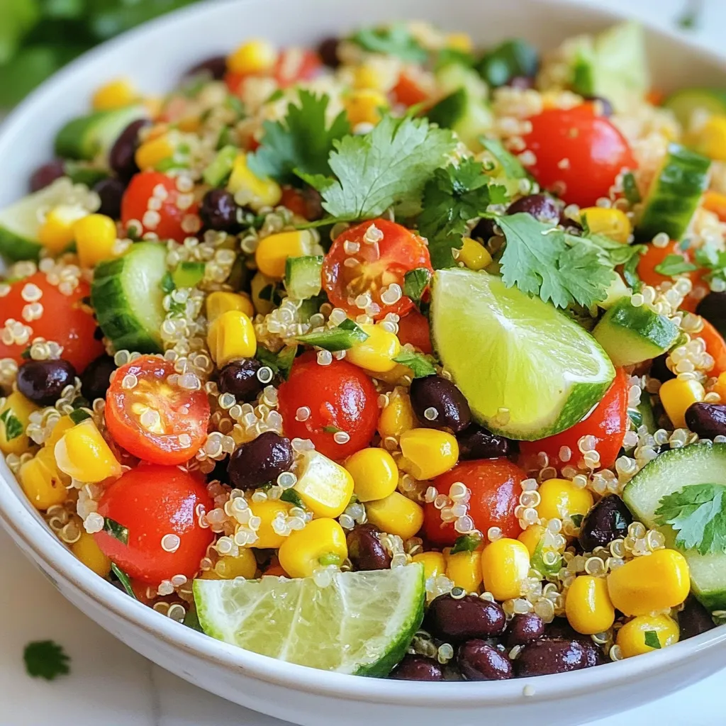 - 1 cup quinoa - 2 cups water or vegetable broth - 1 cup cherry tomatoes, halved - 1 cup cucumber, diced - 1 can black beans, rinsed and drained - 1/2 cup red bell pepper, diced - 1/4 cup red onion, finely chopped - 1/2 cup corn (fresh or canned) - 1/4 cup fresh cilantro, chopped - Juice of 2 limes - 3 tablespoons olive oil - 1 teaspoon cumin - Salt and pepper to taste Gathering the right ingredients makes all the difference. Quinoa is the star here. It’s small but packed with protein. I always rinse it first. This step helps remove a bitter coating called saponin. Next, grab two cups of either water or vegetable broth. The broth adds a nice flavor. Now it’s time for the veggies. I love using cherry tomatoes. They add sweetness and color. Chop them in half for a nice bite. The cucumber gives a refreshing crunch. Black beans bring protein and fiber. Make sure to rinse them well. The red bell pepper adds sweetness, while the red onion gives a bit of bite. Corn brings a lovely sweetness too. You can use fresh corn or canned. The last touch is fresh cilantro. It adds a bright, fresh taste. For the dressing, fresh lime juice is key. It gives zest and acidity. Olive oil adds richness. Cumin gives a warm, earthy flavor. Don’t forget salt and pepper to finish it off. These ingredients come together to make a delicious, fresh salad. {{ingredient_image_1}} To start, you need 1 cup of quinoa. Rinse it well under cold water. Next, combine the rinsed quinoa and 2 cups of water or vegetable broth in a medium pot. Bring this mixture to a boil over medium-high heat. Once it starts to boil, lower the heat to a simmer. Cover the pot and let it cook for about 15 minutes. The quinoa should become fluffy and absorb all the liquid. After cooking, take it off the heat and let it cool for a few minutes. Fluff the quinoa with a fork, then set it aside to cool completely. While your quinoa cools, you can prepare the salad. In a large bowl, combine the cooled quinoa with 1 cup of halved cherry tomatoes, 1 cup of diced cucumber, and 1 can of rinsed black beans. Add in 1/2 cup of diced red bell pepper, 1/4 cup of finely chopped red onion, and 1/2 cup of corn. Make sure to also include 1/4 cup of chopped fresh cilantro. Mix all these ingredients well to create a colorful and fresh combination. Now, let’s make the dressing. In a small bowl, whisk together the juice of 2 limes, 3 tablespoons of olive oil, 1 teaspoon of cumin, and a pinch of salt and pepper. Once it's mixed well, drizzle the dressing over the salad. Toss everything gently to ensure that the salad is well coated in the dressing. If needed, taste and adjust the seasoning with extra salt and pepper. Let the salad sit for at least 10 minutes. This allows the flavors to blend nicely before serving. - Rinse quinoa before cooking. This step removes bitter saponins and enhances flavor. - Let quinoa cool completely before mixing. This prevents your veggies from wilting. - Adjust lime and cumin based on taste. Start with less and add more to suit your palate. - Allow salad to sit for flavors to meld. Ten minutes of resting will bring out the best taste. - Use a shallow bowl for serving. This creates an inviting look that highlights the colors. - Garnish with lime wedges and cilantro. It adds brightness and freshness to your dish. Pro Tips Cook Quinoa Properly: Make sure to rinse the quinoa before cooking to remove its natural coating, called saponin, which can make it taste bitter. Chill for Better Flavor: After preparing the salad, let it sit in the refrigerator for at least 30 minutes before serving to allow the flavors to meld together. Customize Your Veggies: Feel free to swap out vegetables based on what you have on hand or your personal preference; bell peppers, avocados, or even diced mango can add a unique twist. Make it a Meal: Add grilled chicken or shrimp to the salad for a heartier dish, perfect for lunch or dinner. {{image_2}} You can change the recipe by using different beans. Try kidney beans or chickpeas instead of black beans. You can also add creamy avocado for a rich taste. If you want a different flavor in the dressing, use lemon juice instead of lime. This swap gives a bright twist to the salad. Want more crunch? Include nuts like almonds or sunflower seeds. They add a nice texture and extra nutrients. You can also mix in leafy greens like spinach or kale. This adds fiber and makes the salad even healthier. You can serve this salad as a side dish or make it a main course. It pairs well with grilled chicken or fish. The fresh flavors of the salad balance nicely with rich, savory proteins. Enjoy it at a picnic or as part of a family meal. To keep your cilantro lime quinoa salad fresh, store it in an airtight container. Place it in the fridge. It tastes best when eaten within 3-5 days. This way, you enjoy the crisp veggies and bright flavors. If you want to keep it longer, you can freeze the salad. Make sure to use a freezer-safe container. When you are ready to eat, thaw it in the refrigerator overnight. This method helps maintain the flavors and textures. Leftovers can lose some of their zing. To bring them back, add fresh dressing or a garnish before serving. You can also mix in new ingredients like fresh veggies or herbs after thawing. This keeps your meal exciting and fresh! - Prep time: 15 minutes - Total time: 35 minutes You can whip up this salad in no time. It takes just 15 minutes to prep. With cooking time included, you’ll be ready to serve in about 35 minutes. - Yes, it's great to prepare a few hours in advance This salad shines when you let it sit. You can make it a few hours before serving. The flavors blend nicely, making it even tastier. - Yes, quinoa is naturally gluten-free Quinoa is a fantastic grain for anyone avoiding gluten. It is safe and healthy for all. Enjoy this salad without worry. - Try using chili powder or paprika for a different flavor If cumin isn’t your favorite, don’t fret. Chili powder or paprika works well too. These spices add a nice twist to the salad. This blog post details how to make a tasty Cilantro Lime Quinoa Salad. We covered the main ingredients, step-by-step instructions, tips to perfect your salad, and variations you can try. You can enjoy this dish as a side or main dish. With just a few simple steps, you can create a meal that is fresh, healthy, and full of flavor. Happy cooking!
