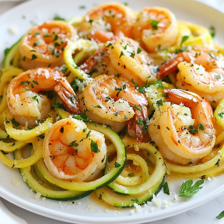 - 2 medium zucchinis (for zoodles) - 1 pound shrimp, peeled and deveined - 4 tablespoons unsalted butter - 4 cloves garlic, minced The main players in this dish are fresh zucchini, shrimp, and garlic butter sauce. Zucchini makes a great base for zoodles. They soak up flavors well and give a nice crunch. Shrimp adds protein, while garlic butter brings rich taste. - 1/2 teaspoon red pepper flakes (adjust to taste) - 1 tablespoon lemon juice - Salt and pepper to taste Seasonings elevate the dish. Red pepper flakes add a kick. Lemon juice brightens the flavors. Don’t forget salt and pepper to enhance everything. - Fresh parsley, chopped (for garnish) - Grated Parmesan cheese (optional) Garnishes make your meal look nice. Fresh parsley adds color and a hint of freshness. Grated Parmesan cheese can make the dish creamier if you like. {{ingredient_image_1}} - Spiralizing zucchini To make zoodles, wash the zucchinis well. Then, use a spiralizer to turn them into long noodles. This tool is quick and fun! If you don’t have one, don’t worry. You can use a vegetable peeler. Just slice thin strips of zucchini, and you'll have zoodles. - Alternative methods for zoodles Another method is to use a box grater. Grate zucchini into thin strands. This will give you zoodles that are a bit different but still tasty. No matter how you make them, zoodles are a great low-carb option. - Melting butter and sautéing garlic In a large skillet, melt 2 tablespoons of butter over medium heat. Once it’s bubbling, add minced garlic and red pepper flakes. Sauté for about 30 seconds. The smell of garlic will fill your kitchen. It’s the best! - Cooking shrimp until pink and opaque Now, add the shrimp to the skillet. Cook them for 2-3 minutes on each side. You will know they are ready when they turn pink and opaque. Don’t forget to season with salt and pepper for extra flavor. Once cooked, remove the shrimp and place them on a plate. - Sautéing zoodles in garlic butter In the same skillet, add the remaining 2 tablespoons of butter. Once melted, toss in the zoodles. Sauté them for 2-3 minutes. You want them tender but still crunchy. This keeps them fresh and delicious. - Mixing shrimp with zoodles and lemon juice Now, return the shrimp to the skillet. Add lemon juice and gently toss everything together. Cook for another minute to heat through. The lemon adds a bright flavor that makes this dish shine! To cook zoodles just right, aim for about 2-3 minutes. This keeps them tender yet firm. Too long, and they turn mushy. To avoid sogginess, do not overcook them. Always use a hot skillet, and drain any excess water before adding them to the pan. Adjust the spice level by adding more or fewer red pepper flakes. If you want a kick, go for a full teaspoon. For a different taste, consider adding herbs like basil or oregano. A pinch of smoked paprika can also boost the flavor. Pair your Garlic Butter Shrimp Zoodles with a fresh salad or crusty bread. Both add a nice contrast. For plating, twirl the zoodles into a nest on each plate. Place shrimp on top for a lovely look. Finish with a sprinkle of parsley and Parmesan for color and taste. Pro Tips Choose Fresh Zucchini: Look for firm zucchinis with smooth skin for the best flavor and texture in your zoodles. Don't Overcook the Shrimp: Shrimp cooks quickly; remove it from the heat as soon as it turns pink to keep it tender and juicy. Adjust the Spice Level: Modify the amount of red pepper flakes based on your heat preference for a personalized dish. Serving Suggestion: Pair with a light salad or crusty bread to make a complete meal that balances the flavors of the dish. {{image_2}} You can switch up the protein in Garlic Butter Shrimp Zoodles. If you prefer chicken, use diced breast instead of shrimp. Cook the chicken until it is golden and cooked through. For a plant-based option, tofu works wonders. Press and cube firm tofu, then sauté it until crispy. You can also try other seafood. Scallops or lobster add a nice touch. Cook them similarly to shrimp until they become opaque. Not a fan of zucchini? You can use other veggies for noodles. Carrots are great when spiralized. Sweet potatoes also make a tasty zoodle substitute. They bring a hint of sweetness, which balances well with garlic butter. Whole wheat spaghetti is another option. It adds more fiber and a hearty feel. Just cook it according to package directions, then mix with the garlic butter sauce. Want to amp up the flavor? Adding cheese is a delicious idea. Grated Parmesan works well on top. For a creamier dish, consider stirring in heavy cream. It makes the sauce rich and luxurious. Herbs and spices can enhance your dish, too. Fresh basil or thyme adds depth. Try a sprinkle of smoked paprika for a twist. Adjust the flavors to suit your taste buds! To keep your Garlic Butter Shrimp Zoodles fresh, store them in an airtight container. Layer the zoodles and shrimp gently. This helps avoid mushiness. You should eat them within 2 days for the best taste. After that, they may lose flavor and texture. To reheat your dish, use the stovetop for the best results. Heat a skillet over low heat. Add a splash of water for moisture and stir gently. This method keeps the zoodles from getting too soft. If you use a microwave, place the dish in a covered bowl. Heat in short bursts of 30 seconds. Stir after each burst to avoid hot spots. You can freeze zoodles and shrimp, but it’s best to freeze them separately. For zoodles, blanch them in boiling water for 1-2 minutes, then cool in ice water. Drain and pack them into freezer bags. For shrimp, place them in a single layer on a baking sheet. Freeze until firm, then transfer to bags. When ready to use, thaw in the fridge overnight for best results. This keeps them from becoming watery. You can make zoodles with a vegetable peeler. Simply peel the zucchini into thin strips. Keep peeling until you reach the seed core. This method gives you wide, flat strips. You can also use a box grater to create thin strands. Just be careful with your fingers. Yes, you can prep zoodles and shrimp in advance. Store zoodles in an airtight container in the fridge for up to two days. Cook the shrimp just before you serve for the best flavor. If you want to make the whole dish ahead, eat it within a day to keep it fresh. You can use olive oil or coconut oil as a butter substitute. Both add great flavor and keep the dish light. If you're looking for a dairy-free option, vegan butter works well too. Be sure to adjust the heat to avoid burning the oil. Store any leftovers in an airtight container. Place them in the fridge for up to two days. The zoodles may get a bit soggy, but they will still taste good. Reheat the dish in a skillet over medium heat. Add a splash of water or oil to help with moisture. Stir gently until everything is warm. You can also use the microwave, but the skillet keeps the zoodles from getting too soft. Absolutely! You can add bell peppers, spinach, or cherry tomatoes for extra nutrition. Just sauté them with the garlic before adding the shrimp. This adds more color and flavor to your meal. Yes, Garlic Butter Shrimp Zoodles is naturally gluten-free. Zoodles are a great alternative to pasta. You can enjoy this dish without worrying about gluten. Yes, you can use frozen shrimp. Just thaw them in the fridge overnight or run them under cold water. Make sure they are peeled and deveined before cooking. This blog post shared an easy way to make Garlic Butter Shrimp Zoodles. We explored key ingredients like zucchini, shrimp, and garlic butter sauce. I offered tips on cooking zoodles and shrimp to get great flavor and texture. You learned about variations, storage tips, and how to answer common questions. Enjoy this dish, and feel free to make it your own. Cooking should be fun and exciting!