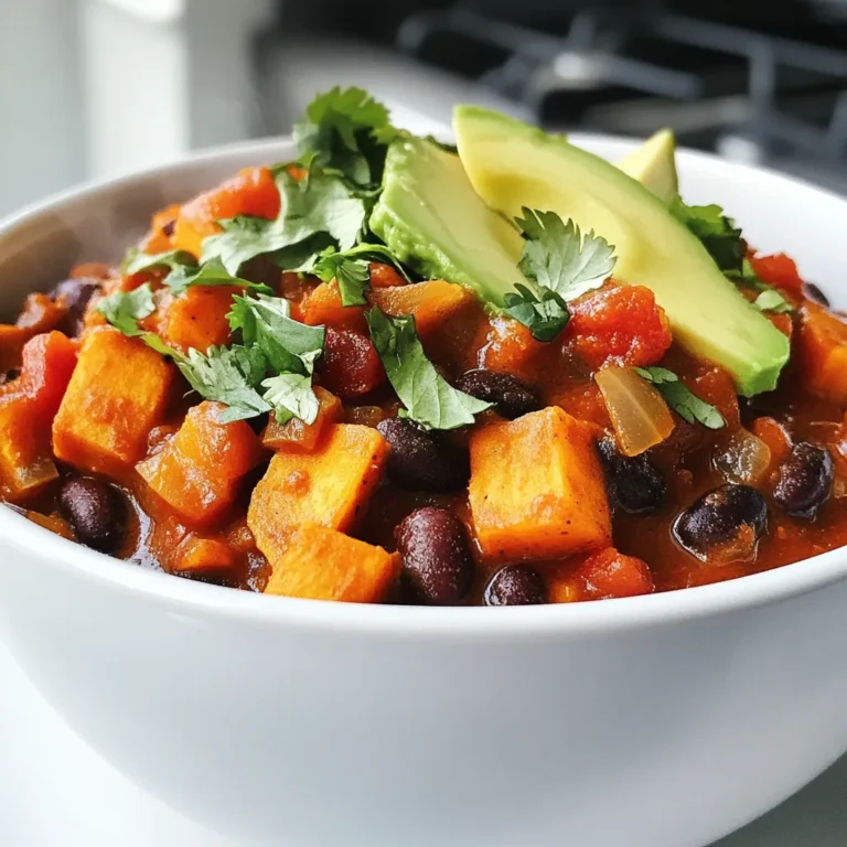 Let's dive into the heart of this dish. Here’s what you need: - 2 medium sweet potatoes, peeled and diced - 1 can (15 oz) black beans, drained and rinsed - 1 can (14.5 oz) diced tomatoes with green chilies - 1 red bell pepper, diced - 1 yellow onion, chopped - 3 cloves garlic, minced - 2 cups vegetable broth - 2 tablespoons chili powder - 1 teaspoon cumin - 1 teaspoon smoked paprika - Salt and pepper to taste - 2 tablespoons olive oil - Fresh cilantro for garnish - Avocado slices for topping (optional) Each ingredient plays a key role in creating the rich flavors of this chili. Sweet potatoes add natural sweetness and creaminess. Black beans add protein and fiber. The diced tomatoes with green chilies give a nice kick. Red bell pepper and onion add crunch and depth. Garlic boosts the flavor, while the spices bring everything together. I love using vegetable broth for a rich base that ties all these ingredients. Olive oil helps sauté the veggies, making them tender and tasty. Finally, cilantro and avocado are great garnishes. They add freshness and creaminess to each bowl. Enjoy the process of gathering these items, as they will come together to create a delightful meal! {{ingredient_image_1}} 1. Sautéing the onion and garlic Start by heating the olive oil in a large pot over medium heat. Add the chopped onion and sauté for 3-4 minutes until it turns soft and clear. Then, add the minced garlic and diced red bell pepper. Sauté for another 2 minutes until the mix smells great. 2. Adding sweet potatoes and spices Next, stir in the diced sweet potatoes. Add the chili powder, cumin, smoked paprika, salt, and pepper. Cook this mix for about 5 minutes while stirring. You want the spices to coat the sweet potatoes well. 3. Incorporating liquid ingredients Pour in the vegetable broth. Now, add the canned diced tomatoes and black beans. Make sure to include all the juices from the tomatoes. Stir everything together until it’s mixed well. 4. Simmering the chili Bring the mixture to a boil. Then, reduce the heat to low. Cover the pot with a lid and let it simmer for 25-30 minutes. Check the sweet potatoes after 25 minutes to see if they are tender. 5. Adjusting seasonings After simmering, taste the chili. You may want to add more spices to suit your taste. Adjust the salt and pepper as needed. Serve this warm chili in bowls, and make it pretty with fresh cilantro and avocado slices on top if you like. Enjoy! - Achieving the perfect texture: Cook the sweet potatoes until they are soft but not mushy. They should hold their shape well in the chili. Stir gently while simmering to avoid breaking them apart. - Spice adjustments for heat level: Add more chili powder if you like it spicy. For mild flavors, use less chili powder. Taste often to find your best balance. - Enhancing flavors with additional herbs: Fresh herbs like thyme or oregano can boost flavor. Add them near the end of cooking for a fresh taste. - Garnishing ideas: Top each bowl with fresh cilantro for color and flavor. Add avocado slices for creaminess and a nice texture. - Serving with side dishes: Serve the chili with tortilla chips for a crunchy bite. A scoop of sour cream adds creaminess and balances the spice. Pro Tips Fire Up the Flavor: Enhance the depth of flavor by toasting the spices in the oil before adding the vegetables. This releases their essential oils and boosts the overall taste of the chili. Sweet Potato Substitutions: If you don't have sweet potatoes on hand, butternut squash or regular potatoes can be used as a substitute for a different yet delicious flavor profile. Make It Your Own: Feel free to add other vegetables such as corn, zucchini, or carrots to the chili for extra nutrition and texture. Just toss them in during the cooking process. Flavor Boost with Acidity: A splash of lime juice or a dash of vinegar just before serving can brighten the flavors and add a refreshing touch to your chili. {{image_2}} You can change the ingredients to fit your taste. Here are some ideas: - Alternative beans: Use kidney beans, pinto beans, or chickpeas instead of black beans. Each adds a different flavor. - Different vegetables: Add corn for sweetness or zucchini for a fresh crunch. You can also try carrots or bell peppers. - Spice substitutions: If you want a milder chili, skip the chili powder. Use paprika or Italian herbs for a different kick. You can easily adapt this chili to fit dietary needs. - Making it gluten-free: All the ingredients here are gluten-free. Just double-check the broth and any spices you use. - Vegan versus vegetarian options: This chili is already vegan! If you want to make it vegetarian, add cheese or sour cream on top for creaminess. - Refrigeration tips and duration: Let the chili cool down before storing it. Place it in an airtight container. It stays fresh in the fridge for up to 4 days. - Freezing options for leftovers: You can freeze the chili in a freezer-safe container. It lasts up to 3 months in the freezer. Thaw it in the fridge overnight before reheating. - Best methods to reheat: Reheat the chili on the stove over medium heat. Stir it often to heat it evenly. You can also use the microwave. Heat it in a microwave-safe bowl for 1-2 minutes, stirring halfway through. - Adjusting consistency after storage: If the chili thickens from storage, add a splash of vegetable broth or water. Stir it well to reach your desired consistency. Can I make this chili ahead of time? Yes, you can make this chili ahead of time. It tastes even better the next day. Store it in the fridge for up to three days. You can also freeze it for up to three months. How do I make this recipe spicier? To make this recipe spicier, add more chili powder or diced jalapeños. You can also use hot sauce for extra heat. Start with a little, then taste as you go. What can I serve with Sweet Potato Black Bean Chili? You can serve this chili with tortilla chips for crunch. A dollop of sour cream adds creaminess, too. Fresh avocado slices and cilantro make it look nice and taste great. Is Sweet Potato Black Bean Chili healthy? Yes, this chili is healthy! It is full of fiber, vitamins, and plant-based protein. Sweet potatoes are rich in nutrients and antioxidants. Black beans provide protein and fiber. Can I use other types of beans? Absolutely! You can use kidney beans, pinto beans, or cannellini beans. Each type of bean adds a unique flavor and texture. Just drain and rinse them before adding. You explored key ingredients for a tasty sweet potato black bean chili. I shared step-by-step instructions to guide your cooking. I offered tips for the perfect texture and spice levels. You can experiment with different ingredients and dietary choices to fit your needs. Plus, I covered how to store and reheat leftovers effectively. Overall, this dish is simple, healthy, and adaptable for everyone. Enjoy creating your chili masterpiece!
