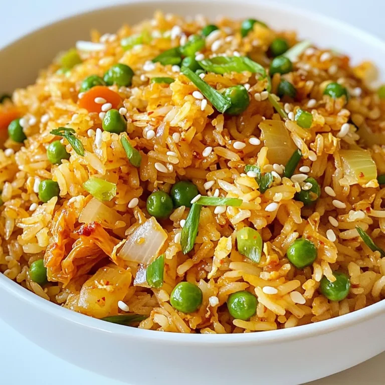 - 2 cups cooked rice - 1 cup kimchi - 2 tablespoons vegetable oil - Kimchi juice - Gochujang (Korean chili paste) - Sesame seeds for garnish - Large skillet or wok - Measuring cups and spoons - Knife and cutting board When making spicy kimchi fried rice, I always start with the main ingredients. You need 2 cups of cooked rice. Day-old rice works best because it’s drier. Next, grab 1 cup of chopped kimchi. This gives the dish its signature flavor. Lastly, use 2 tablespoons of vegetable oil for cooking. For optional ingredients, I suggest using kimchi juice. It adds more flavor. Gochujang, or Korean chili paste, spices things up. A sprinkle of sesame seeds at the end adds a nice touch. You also need a large skillet or wok to cook everything. Measuring cups and spoons help you get the right amounts. A knife and cutting board are essential for chopping your veggies. {{ingredient_image_1}} - Get all ingredients ready. - Chop kimchi, onions, garlic, ginger, and carrot. First, gather everything you need. This step makes cooking easier and faster. Chop the kimchi into small pieces. Dice the onion, garlic, ginger, and carrot into bite-sized bits. Having everything ready helps you focus on cooking. - Heat vegetable oil in skillet. - Sauté aromatics (onion, garlic, ginger). - Add diced carrot and stir-fry. Next, heat the vegetable oil in a large skillet over medium heat. Once hot, add the diced onion, minced garlic, and grated ginger. Sauté them for about two minutes. You want the onion to turn translucent. Then, toss in the diced carrot and stir-fry for another two to three minutes. The carrot should soften but not lose its crunch. - Incorporate kimchi and kimchi juice. - Add cooked rice and stir-fry. - Season with soy sauce and gochujang. Now it’s time to add flavor. Stir in the chopped kimchi and any kimchi juice you have. Cook this for two to three minutes. This helps the kimchi caramelize, adding sweetness. Increase the heat to high and add the cooked rice. Break up any clumps with a spatula. Stir-fry for about three to four minutes until it’s heated through. Finally, add soy sauce and gochujang. Mix well so the rice gets an even color. Season with salt and pepper to taste. - Cook and scramble the eggs. - Fold in frozen peas. - Serve with garnishes. Push the rice mixture to one side of the skillet. Pour in the beaten eggs in the clear space. Scramble them until fully cooked, then mix them into the rice. Next, fold in the frozen peas and stir until everything is hot. Remove from heat and serve with sliced green onions and sesame seeds on top. Enjoy your delicious dish! Using day-old rice is best for fried rice. It dries out and firms up, which keeps the rice from being mushy. If you don’t have day-old rice, make fresh rice and cool it quickly. Spread it on a baking sheet to cool. This helps it firm up too. To adjust spice level, add more gochujang. Start with a small amount and taste as you go. If you like it less spicy, use less gochujang. You can also add soy sauce for saltiness and umami. Try adding sesame oil for a nutty flavor. Fry rice in a hot skillet or wok. This keeps the rice from sticking. Stir constantly to cook evenly. For best results, do not overcrowd the pan. This lets steam escape, which helps avoid mushiness. Pro Tips Use Day-Old Rice: For the best texture, use rice that has been cooked and chilled for at least a few hours, as it helps prevent mushiness. Adjust Spice Level: If you prefer a milder dish, reduce the amount of gochujang or add it gradually until you reach your desired heat. Customize with Proteins: Feel free to add cooked chicken, shrimp, or tofu for extra protein and flavor to make it a complete meal. Fresh Herbs for Garnish: Consider adding fresh cilantro or basil along with green onions for a fresh flavor boost and vibrant color. {{image_2}} You can add proteins for extra flavor and nutrition. Chicken, beef, or tofu work well. - Chicken: Cook diced chicken for about 5-7 minutes until no longer pink. - Beef: Use thinly sliced beef and cook for 3-5 minutes. - Tofu: Add cubed tofu and sauté for 4-6 minutes until golden. Feel free to adjust cook times based on how thick your pieces are. Adding more vegetables makes the dish colorful and healthy. - Try bell peppers, zucchini, or mushrooms for extra taste. - Seasonal veggies like asparagus in spring or squash in fall can brighten the dish. Mix and match to suit your taste and what you have at home. You can easily adapt this recipe to meet dietary needs. - Gluten-free: Use tamari instead of soy sauce for a gluten-free option. - Vegan: Swap eggs for scrambled tofu or leave them out entirely. These changes keep the dish tasty while catering to different diets. To keep your spicy kimchi fried rice fresh, cool it first. Store it in an airtight container. This keeps moisture in while preventing new odors from mixing. In the fridge, it stays good for about 3 to 4 days. When you're ready to enjoy leftovers, you can use the microwave or stovetop. For the microwave, place the rice in a bowl. Cover it with a damp paper towel to keep it moist. Heat in short bursts, stirring in between. If you prefer the stovetop, add a splash of water to the pan. Heat over medium until warmed, stirring often. This gives a nice texture back to your rice. You can freeze spicy kimchi fried rice for longer storage. First, cool it completely. Then, scoop it into a freezer-safe bag or container. Remove as much air as possible to prevent freezer burn. It will last for about 2 to 3 months in the freezer. When you’re ready to eat it, thaw in the fridge overnight. Reheat as mentioned above. This way, you can enjoy your meal without losing flavor. Spicy kimchi fried rice lasts about 3 to 4 days in the fridge. Store it in an airtight container. Keeping it sealed helps prevent moisture and bacteria. When you reheat it, make sure it’s hot all the way through. Yes, you can use fresh kimchi. Fresh kimchi has a crunchier texture. This can add a nice bite to the dish. However, aged kimchi gives a deeper flavor. The choice depends on your taste. Kimchi fried rice pairs well with many sides. Try serving it with a fried egg on top. You can also enjoy it with pickled vegetables or a side of salad. For drinks, cold beer or a light tea complements the meal nicely. Spicy kimchi fried rice can be healthy. It includes vegetables like carrots and peas. Kimchi is a fermented food and contains probiotics, which are good for gut health. Just watch your portions, especially with soy sauce and oil. To make kimchi fried rice, start with cooked rice and kimchi. Sauté aromatics in oil and stir-fry veggies. You can add proteins, adjust spice, or try new vegetables. Remember, day-old rice works best. Store leftovers safely and enjoy reheating them later. This dish is simple, flavorful, and versatile. Experiment with your favorite ingredients and make it your own. Enjoy every bite of your creation.