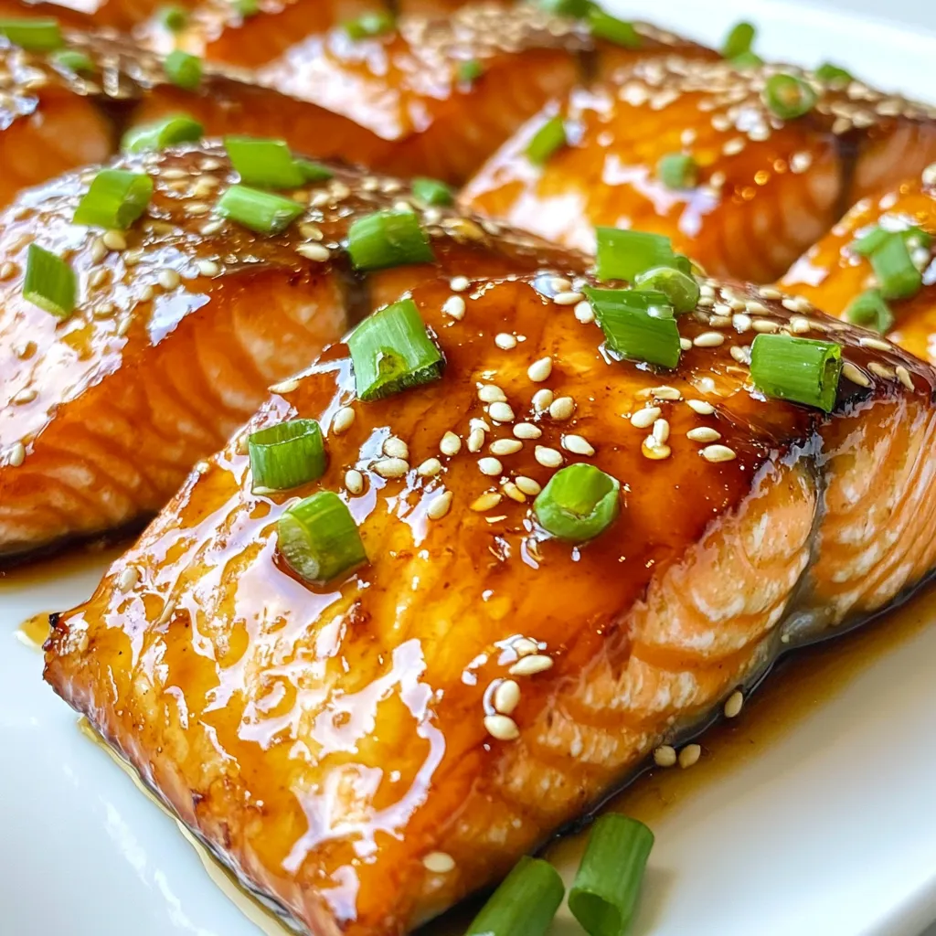 To make Honey Garlic Glazed Salmon, gather these fresh ingredients: - 4 salmon fillets (6 oz each) - 1/4 cup honey - 3 tablespoons soy sauce (or tamari for gluten-free) - 3 cloves garlic, minced - 1 tablespoon fresh ginger, grated - 2 tablespoons olive oil - Salt and pepper to taste - 1 tablespoon sesame seeds (for garnish) - 2 green onions, chopped (for garnish) These simple items come together to create a tasty dish. The honey adds sweetness, while soy sauce gives a savory punch. Fresh garlic and ginger bring a lovely warmth. You'll enjoy how easy it is to find these ingredients. They are often in your kitchen or at your local store. When selecting salmon, look for bright color and firm texture. This ensures freshness and enhances the dish's flavor. Each ingredient plays a key role in the final taste. So, make sure to measure carefully for the best results. Now that you have your ingredients, you're ready to create a delicious meal! {{ingredient_image_1}} First, grab a bowl. In it, whisk together the honey, soy sauce, minced garlic, and grated ginger. Add olive oil, salt, and pepper. Mix until everything is well combined. This marinade gives the salmon its sweet and savory flavor. Next, take your salmon fillets and place them in a shallow dish. Pour the marinade over the salmon. Make sure each piece is coated well. Cover the dish and let it marinate in the fridge for at least 30 minutes. This step makes the salmon extra tasty. While the salmon marinates, preheat your oven to 400°F (200°C). Line a baking dish with parchment paper. This helps with cleanup later. After marinating, place the salmon skin side down in the dish. Bake it for about 12 to 15 minutes. The salmon should flake easily with a fork when it’s done. As the salmon bakes, take the leftover marinade and pour it into a small saucepan. Heat it over medium heat. Let it simmer for about 5 to 7 minutes. You want it to thicken slightly. This will be the glaze that adds flavor to your salmon. When the salmon has about 2 minutes left in the oven, brush the thickened glaze over the fillets. This will give your salmon a shiny and delicious finish. Once the salmon is done, take it out of the oven. Transfer it to serving plates. Drizzle any remaining glaze from the pan over the top. For a lovely presentation, garnish with sesame seeds and chopped green onions. Serve it with steamed broccoli or jasmine rice for a complete meal. Enjoy your tasty honey garlic glazed salmon! When picking salmon, look for bright, shiny skin. Fresh salmon should not smell fishy. You want fillets that feel firm and moist. If you can, buy wild-caught salmon; it's often tastier. Farmed salmon is fine too, but check for quality. Marinating salmon is key to great flavor. I find that 30 minutes works well. If you have more time, marinate for up to 2 hours. This allows the flavors to soak in better. Don't go overboard, as too long can make fish mushy. Overcooked salmon becomes dry and tough. I recommend using a fork to check doneness. Salmon is done when it flakes easily but is still moist. Baking it for 12-15 minutes at 400°F is usually perfect. If you’re unsure, take it out a minute early. You can always cook it more if needed. Presentation matters. After baking, sprinkle sesame seeds and chopped green onions on top. This adds color and crunch. You can also serve it with steamed broccoli or jasmine rice for a nice plate. A beautiful dish makes it more enjoyable to eat! Pro Tips Choose Fresh Salmon: Always opt for the freshest salmon you can find for the best flavor and texture. Don’t Overcook: Keep an eye on the salmon while baking; it should flake easily but still remain moist. Thicken the Glaze: Allow the glaze to simmer until it reaches a syrupy consistency for a richer flavor. Pair with Sides: Serve with steamed vegetables or a grain like rice to complement the dish and create a balanced meal. {{image_2}} You can add spices to the marinade for a twist. Try adding black pepper or chili flakes. For a warm flavor, use paprika or cumin. These spices will give the dish a unique kick. Each spice changes the taste, making it fun to explore. If you want to change the sweetener, consider maple syrup or agave. These options work well with the other flavors. They add their own sweetness while keeping the dish balanced. You can even use brown sugar for a deeper taste. Each sweetener creates a different vibe for the salmon. Serving honey garlic glazed salmon with different sides can change the meal. Steamed broccoli is a great choice, adding color and nutrients. You can also serve it with jasmine rice for a filling option. For a lighter meal, try a fresh salad with a citrus dressing. Each side brings its own flair to the dish. To keep your leftover salmon fresh, place it in an airtight container. You can store it in the fridge for up to three days. Make sure it cools down before sealing it. This helps keep the flavor and texture intact. When it’s time to eat the leftovers, reheat them gently. I recommend using the oven for the best results. Set the oven to 275°F (135°C) and bake the salmon for about 10-15 minutes. This way, it warms through without drying out. If you prefer, you can use the microwave. Just heat it in short bursts to avoid overcooking. If you want to save the salmon for later, freezing is a great option. Wrap each fillet tightly in plastic wrap or aluminum foil. Then, place them in a freezer bag. Label the bag with the date. You can freeze the salmon for up to three months. When you're ready to eat, thaw it in the fridge overnight before reheating. You should marinate the salmon for at least 30 minutes. This allows the flavors to soak in well. If you have more time, you can marinate it for up to two hours. Just don’t go too long, or the fish can get too salty. Yes, you can use other types of fish. Cod, trout, or tilapia work well too. Just keep in mind that cooking times may vary. Thicker fish may take longer, while thinner ones will cook faster. I love serving this salmon with steamed broccoli or jasmine rice. You can also try it with a fresh salad. The sweet glaze pairs well with many sides, so feel free to get creative! Yes, honey garlic glazed salmon is healthy. Salmon is rich in omega-3 fatty acids, which are great for your heart. The honey adds sweetness without refined sugars, making this a balanced meal option. You can prepare the marinade in advance. Just marinate the salmon when you’re ready to cook. This recipe works best fresh, but you can store leftovers for later. In this article, we covered how to make honey garlic glazed salmon. You learned the key ingredients, step-by-step instructions, and useful tips. I shared several variations and storage info to help you enjoy this dish longer. Remember, the right marinade and cooking time make all the difference. Enjoy your delicious salmon, and feel free to get creative with sides and spices. Happy cooking!