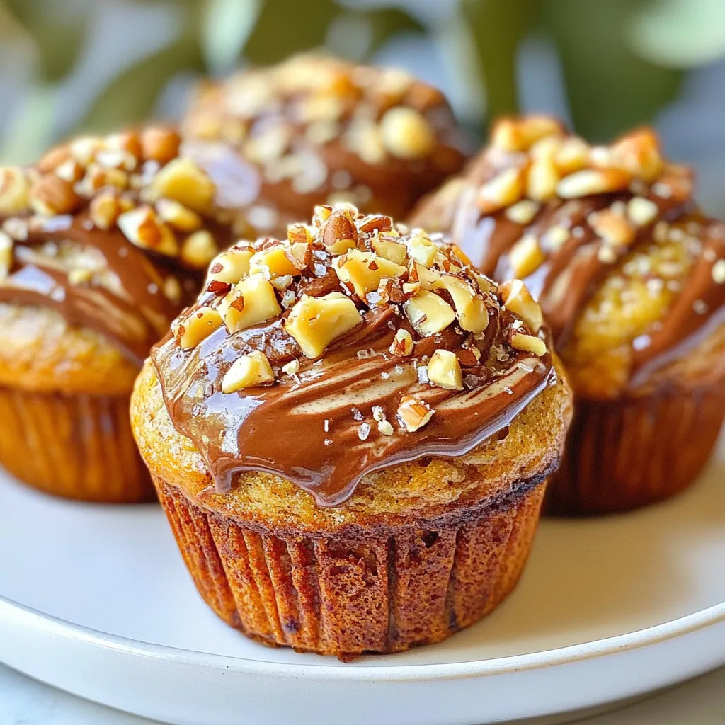 To make Nutella swirl banana muffins, you need simple and fresh ingredients. Here’s what you’ll need: - 2 ripe bananas, mashed - 1/2 cup granulated sugar - 1/4 cup brown sugar - 1/3 cup vegetable oil - 1 large egg - 1 teaspoon vanilla extract - 1 teaspoon baking soda - 1/2 teaspoon salt - 1 1/2 cups all-purpose flour - 1/3 cup Nutella - Optional: chopped hazelnuts or walnuts Ripe bananas give the muffins natural sweetness and moisture. The mix of granulated and brown sugars adds depth of flavor. Vegetable oil keeps the muffins soft and tender. One egg helps bind everything together. Don’t forget the baking soda and salt; they help the muffins rise and enhance the taste. All-purpose flour is the main base for the batter. Nutella, the star of the show, adds a rich, chocolatey swirl. If you like, add chopped hazelnuts or walnuts on top for some crunch. These ingredients come together to create a delicious treat that is sure to impress. {{ingredient_image_1}} First, preheat your oven to 350°F (175°C). This step warms up the oven for even baking. While it heats, prepare your muffin tin. You can either line it with paper liners or grease each cup well. This helps the muffins come out easily after baking. In a large bowl, combine 2 ripe, mashed bananas, 1/2 cup granulated sugar, 1/4 cup brown sugar, and 1/3 cup vegetable oil. Mix these together until the mixture is smooth. Bananas add moisture and sweetness to the muffins. The oil keeps them soft. In another bowl, whisk together 1 teaspoon baking soda, 1/2 teaspoon salt, and 1 1/2 cups all-purpose flour. Gradually add this dry mix to the wet mixture. Stir gently until just combined. Remember, it’s okay if a few lumps remain. Overmixing can make your muffins tough. Now, scoop about 1/4 cup of the batter into each muffin cup, filling them halfway. Next, take a teaspoon of Nutella and drop it into the center of each cup. Use a toothpick or knife to swirl the Nutella gently into the batter. This creates a lovely marbled look. Place the muffin tin in the preheated oven and bake for 18-20 minutes. Check for doneness by inserting a toothpick into the center of a muffin. If it comes out clean, your muffins are ready. If not, give them a few more minutes. Once baked, let the muffins cool in the pan for about 5 minutes. After that, transfer them to a wire rack to cool completely. This prevents them from getting soggy at the bottom. Enjoy the warm, sweet smell as they cool! To get soft and fluffy muffins, avoid overmixing. Mix the wet ingredients until smooth, then add the dry ones. Stir gently. It’s fine to have some lumps. This keeps your muffins tender. If you mix too much, they can become tough. Use a spatula to fold instead of a whisk. This makes blending easier and more gentle. Swirling Nutella can be tricky. Start by adding the batter to the muffin cup. Leave some space in the center. Drop a teaspoon of Nutella right in the middle. Use a toothpick or knife to swirl. Make sure not to mix it completely. You want a nice marbled look. It should be pretty and delicious! Adding toppings can enhance your muffins. Consider sprinkling chopped hazelnuts or walnuts on top. They add crunch and flavor. You can also drizzle more Nutella on top after baking. For a sweeter touch, top with chocolate chips or a sprinkle of sea salt. Try different toppings to find your favorite mix! Pro Tips Use Overripe Bananas: The riper the bananas, the sweeter and more flavorful your muffins will be. Look for bananas with plenty of brown spots for the best results. Don’t Overmix: When combining the wet and dry ingredients, mix just until combined. Overmixing can lead to dense muffins, so stop when you see a few lumps. Nutella Swirl Technique: For a beautiful swirl, drop the Nutella in the center and use a toothpick or knife to gently swirl it in. Be careful not to mix it completely into the batter. Cooling Time: Allow the muffins to cool in the pan for a few minutes before transferring them to a wire rack. This helps them set and makes them easier to remove without breaking. {{image_2}} To make gluten-free Nutella swirl banana muffins, you can easily swap the all-purpose flour for a gluten-free flour blend. Look for a blend that contains xanthan gum. This will help keep the muffins soft and fluffy. Just use the same amount of gluten-free flour as the recipe calls for with regular flour. The rest of the ingredients stay the same. Your muffins will be just as tasty! You can turn these muffins into a loaf by adjusting baking time and method. Instead of filling muffin cups, pour the batter into a greased loaf pan. Use about the same amount of batter, but bake for 50-60 minutes. Check for doneness using a toothpick. It should come out clean when the bread is ready. This makes a great breakfast or snack option! Want to spice things up? You can add flavor with spices like cinnamon or nutmeg. Just one teaspoon of cinnamon can elevate the taste. Mix it in with the dry ingredients. You might also try adding a splash of almond extract or a handful of chocolate chips for extra flavor. These little tweaks can make your muffins even more special! To keep your Nutella swirl banana muffins fresh, store them in an airtight container. They stay soft and tasty this way. Place the muffins at room temperature. If it's hot or humid, you may want to refrigerate them. Using a paper towel can help absorb excess moisture. This keeps the muffins from getting soggy. Freezing muffins is a smart choice if you want to save some for later. Let the muffins cool completely first. Wrap each muffin in plastic wrap or aluminum foil. Then, place them in a freezer bag. When you're ready to enjoy them, take out a muffin and let it thaw at room temperature. You can also heat it in the microwave for a quick treat. Just warm it for about 15-20 seconds. These muffins are best enjoyed fresh, but they last well. At room temperature, they stay good for about 3 days. If you store them in the fridge, they can last up to a week. However, they may lose some of their fluffy texture over time. For the best taste, eat them within a few days. Yes, you can use frozen bananas. Just thaw them first. Once thawed, mash them well. This helps keep the muffins moist and sweet. If you have ripe bananas in the freezer, this is a great way to use them. They blend well into the batter. If you need a Nutella substitute, try almond butter or peanut butter. Both give a nice flavor. You can also use chocolate hazelnut spread. For a lighter option, you can use cocoa powder mixed with a bit of sugar. Each choice brings a new taste to the muffins. To make the muffins vegan, replace the egg with a flax egg. Mix one tablespoon of flaxseed meal with three tablespoons of water. Let it sit for a few minutes to thicken. You can also use plant-based oil instead of vegetable oil. Use non-dairy milk like almond or soy instead if you want to add liquid. These swaps make the muffins vegan-friendly while keeping them tasty. In summary, this blog post guides you through making delicious Nutella swirl banana muffins. We discussed the key ingredients, from ripe bananas to optional nuts. You learned the step-by-step process, from mixing wet and dry ingredients to baking. Remember the tips for texture and swirling Nutella. You also discovered variations like gluten-free options and storage advice. These muffins offer tasty fun for everyone. Enjoy your baking adventure!
