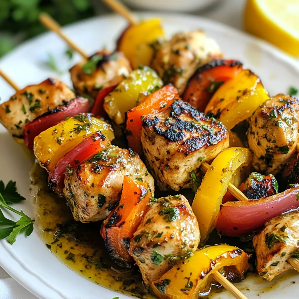 - 2 lbs chicken breast, cut into 1-inch cubes - 1/4 cup fresh lemon juice (about 2 lemons) - 1/4 cup olive oil - 3 cloves garlic, minced The main stars of this dish are chicken, lemon juice, olive oil, and garlic. Chicken breast is tender and perfect for kabobs. The fresh lemon juice adds brightness and flavor. Olive oil keeps everything moist and enhances the taste. Garlic gives a nice kick to the marinade. - 1 bell pepper, cut into 1-inch pieces - 1 red onion, cut into 1-inch pieces - 1 tablespoon honey - 2 teaspoons dried oregano - 2 teaspoons dried thyme - Salt and pepper, to taste Adding bell pepper and red onion brings color and crunch. Honey balances the tang from the lemon. Oregano and thyme add depth of flavor. Don't forget salt and pepper to taste! - Wooden skewers (soaked in water for 30 minutes) - Grill or grilling pan - Mixing bowl You will need wooden skewers for threading. Make sure to soak them in water for 30 minutes. This prevents burning on the grill. A grill or grilling pan is essential for that smoky flavor. Lastly, a mixing bowl is great for making the marinade. {{ingredient_image_1}} In a large bowl, combine these ingredients: - 1/4 cup fresh lemon juice - 1/4 cup olive oil - 3 cloves garlic, minced - 1 tablespoon honey - 2 teaspoons dried oregano - 2 teaspoons dried thyme - Salt and pepper to taste Whisk them together well. The lemon juice gives flavor. Olive oil adds richness. Garlic brings a nice kick. Honey balances the tartness. Oregano and thyme add depth. This marinade makes the chicken taste great! Next, add the chicken cubes to the bowl. Make sure to coat each piece well. Cover the bowl and place it in the fridge. I recommend marinating for at least 30 minutes. If you have time, let it sit for up to 2 hours. This allows the flavors to soak in deeply. Before grilling, preheat your grill to medium-high heat. Soak your wooden skewers in water for 30 minutes. This prevents them from burning on the grill. Once ready, thread the marinated chicken onto the skewers. Alternate with pieces of bell pepper and red onion. This adds color and flavor. When the grill is hot, place the skewers on it. Cook for about 10-12 minutes. Turn them occasionally to get nice grill marks. Check the chicken's internal temperature. It should reach 165°F (75°C). Once done, remove the kabobs and let them rest for a few minutes before serving. Marinating chicken boosts flavor. I recommend marinating for at least 30 minutes. For best results, try to marinate for up to 2 hours. This longer time allows the chicken to soak up the lemon juice and herbs. Keep the chicken in the fridge while marinating. This keeps it safe and fresh. To get those perfect grill marks, preheat your grill to medium-high heat. Make sure your grill grates are clean. Place the kabobs on the grill and don't move them right away. Let them cook for 3-4 minutes before turning. This helps form nice grill marks. Turn the kabobs only once or twice for even cooking. Aim for a cooking time of 10-12 minutes total. When serving, use a large platter for a beautiful display. Arrange the kabobs so they look colorful and inviting. Sprinkle fresh herbs on top for a pop of color. Adding lemon wedges next to the kabobs gives a fresh touch. This way, guests can squeeze extra lemon juice on their kabobs for added zing. Pro Tips Marinate Longer for Flavor: For the best flavor, marinate the chicken for at least 2 hours or overnight if possible. This allows the herbs and spices to penetrate the meat more deeply. Use Fresh Herbs: Fresh herbs can elevate the flavor of your kabobs. If you have access to fresh oregano or thyme, use them instead of dried for a more vibrant taste. Preheat the Grill: Make sure your grill is preheated to medium-high heat before adding the kabobs. This ensures a good sear and prevents the chicken from sticking. Check Chicken Temperature: Always use a meat thermometer to check that the chicken has reached an internal temperature of 165°F (75°C) to ensure it’s fully cooked and safe to eat. {{image_2}} You can switch chicken for shrimp or tofu. Shrimp cooks fast and adds a sweet taste. Tofu is a great choice for a vegetarian option. Just make sure to press the tofu first. This helps remove extra water. You can also marinate tofu like chicken for added flavor. You can use many vegetables on kabobs. Zucchini, cherry tomatoes, and mushrooms all work well. They add color and taste. Cut them into pieces similar in size to chicken and onions. This helps them cook evenly. These swaps keep the dish exciting and fresh. Try different herbs and spices for new flavors. You can use basil, cilantro, or rosemary. Each herb gives a unique twist to the dish. For a spicy kick, add chili flakes or cumin. Experimenting with your marinade keeps the kabobs fun and full of surprises. To keep your Lemon Herb Chicken Kabobs fresh, store them in the fridge. Place the leftover kabobs in an airtight container. This helps prevent them from drying out. They will stay good for up to three days. If you want to keep them longer, consider freezing. When reheating kabobs, do it safely to keep them juicy. One great method is using the oven. Preheat it to 350°F (175°C). Place the kabobs on a baking sheet. Cover them with foil to lock in moisture. Heat for about 10-15 minutes, checking that the chicken is warm all the way through. You can also reheat on the grill. Just heat them for a few minutes on low. Yes, you can freeze kabobs! First, let them cool completely. Wrap each kabob in plastic wrap. Then, place them in a freezer bag. Be sure to remove as much air as possible. They can last up to three months in the freezer. When you are ready to eat, thaw them in the fridge overnight before reheating. I recommend marinating chicken for at least 30 minutes. This helps the chicken soak up the flavors. For even better taste, try marinating it for up to 2 hours. The longer you marinate, the richer the flavor. Just don't go over 2 hours, as the acid in the lemon juice can make the chicken mushy. These kabobs pair well with many sides. Here are some tasty options: - Rice: Fluffy white rice or brown rice works great. - Salad: A fresh green salad adds crunch. - Grilled Veggies: Zucchini or asparagus on the grill adds flavor. - Pita Bread: Warm pita is perfect for dipping. - Yogurt Sauce: A tangy yogurt sauce can balance the dish. You can use bottled lemon juice, but fresh is better. Fresh lemon juice has a bright, zesty flavor. Bottled juice may taste flat and lack that punch. If you must use bottled juice, look for one with no added preservatives for the best taste. Lemon Herb Chicken Kabobs are easy to make and full of flavor. We started with key ingredients, including chicken and fresh veggies. Next, I shared step-by-step instructions for marinating and grilling. I also provided tips to make your kabobs perfect every time. You can adapt the recipe with different proteins and veggies. Lastly, I covered how to store and reheat leftovers safely. Enjoy creating this tasty meal and impress your friends with your skills!