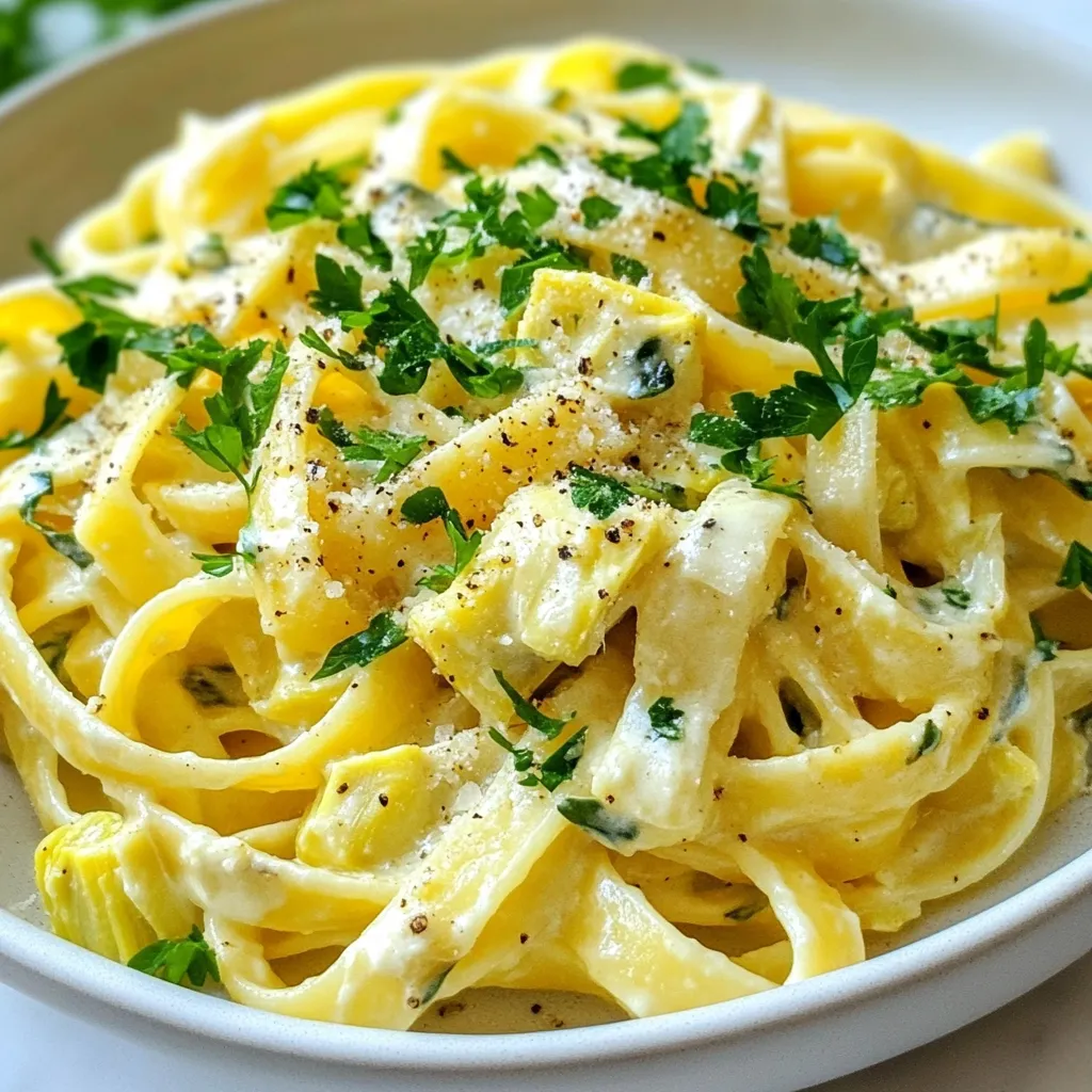 - 8 oz fettuccine pasta - 1 cup frozen spinach, thawed and drained - 1 cup canned artichoke hearts, chopped - 1 cup cream cheese, softened - 1 cup grated mozzarella cheese - 1/2 cup grated Parmesan cheese - 1/2 cup sour cream - 2 cloves garlic, minced - 1/2 teaspoon red pepper flakes (optional) - Salt and pepper to taste - 1 tablespoon olive oil - Fresh parsley, chopped for garnish These ingredients make a creamy, cheesy dish that brings joy to every bite. The fettuccine pasta serves as a perfect base. The spinach and artichokes add great flavor and texture. The cream cheese, mozzarella, and Parmesan create a rich, cheesy sauce that is hard to resist. You can add a few extra ingredients to make this dish your own. Here are some options: - Chopped green onions for freshness - Crumbled bacon for a smoky flavor - Sun-dried tomatoes for a burst of color and taste These optional ingredients help you personalize your pasta. They allow you to play with flavors and textures. If you have dietary needs, don’t worry. Here are some swaps you can try: - Use gluten-free pasta to make it gluten-free. - Swap cream cheese for a dairy-free version made from nuts. - Replace sour cream with Greek yogurt for a healthier twist. These substitutions keep the dish tasty while fitting different diets. Enjoy experimenting with what works best for you! {{ingredient_image_1}} First, fill a large pot with water. Add a good amount of salt. Bring the water to a boil. Once boiling, add 8 ounces of fettuccine pasta. Cook it according to the package instructions until it’s al dente. This will take about 8 to 10 minutes. After cooking, save 1/2 cup of pasta water. Then, drain the pasta and set it aside. Next, grab a large skillet. Heat 1 tablespoon of olive oil over medium heat. Once hot, add 2 minced garlic cloves. Sauté the garlic for about 1 minute until it smells great. Now, lower the heat. Add 1 cup of softened cream cheese to the skillet. Stir it until it melts and becomes creamy. Then, mix in 1/2 cup of sour cream, 1 cup of grated mozzarella cheese, and 1/2 cup of grated Parmesan cheese. Keep stirring until the sauce is smooth. Now it's time to add the good stuff! Stir in 1 cup of thawed and drained frozen spinach and 1 cup of chopped canned artichoke hearts. If you like a bit of heat, sprinkle in 1/2 teaspoon of red pepper flakes. Season it all with salt and pepper to taste. Let it simmer for about 5 minutes, stirring occasionally. Finally, add the cooked fettuccine to the sauce. Toss everything together until well mixed. If the sauce seems too thick, add some of the reserved pasta water to reach your desired creaminess. To get the creamiest texture in your Cheesy Spinach Artichoke Dip Pasta, use softened cream cheese. This blends easily with the other cheeses. Make sure to stir the sauce over low heat. Low heat keeps the cheese from clumping. If the sauce is too thick, add some reserved pasta water. This will help you reach the perfect creaminess. Feel free to change up the cheeses in this recipe. You can use cheddar for a sharper taste. For a twist, try pepper jack for some heat. Goat cheese adds a tangy flavor that pairs well with spinach and artichokes. Mixing different cheeses makes each bite unique and fun. To boost the flavor, add fresh herbs like basil or thyme. These add brightness to the dish. You can also experiment with spices. A pinch of garlic powder or onion powder can deepen the taste. If you want some heat, red pepper flakes are a great choice. Just remember to start small; you can always add more! Pro Tips Use Fresh Spinach: For an extra flavor boost, try substituting fresh spinach for frozen. Just sauté it until wilted before adding it to the sauce. Adjust Cheese to Taste: Feel free to experiment with the types of cheese used. Adding sharp cheddar or a sprinkle of blue cheese can enhance the flavor profile. Make it Creamier: If you prefer a creamier sauce, add an extra 1/4 cup of cream cheese or a splash of heavy cream to the mixture. Spice it Up: For those who love heat, increase the red pepper flakes or add a dash of hot sauce for an extra kick in flavor. {{image_2}} If you want to make this dish gluten-free, you have options. You can use gluten-free fettuccine or any pasta made from rice or quinoa. Look for brands that do not have added grains. Cook it just like regular pasta. This way, you keep the great taste without gluten. To make this recipe vegan, swap out the dairy. Use vegan cream cheese, nutritional yeast, and plant-based sour cream. For cheese, try a vegan mozzarella or make a cashew cheese. The flavors will still shine, and you won’t miss the dairy. You can add protein to the pasta for a heartier meal. Grilled chicken, shrimp, or tofu work well. Cook your protein separately and mix it in during the last step. This gives you a balanced dish with more nutrition and taste. To keep your Cheesy Spinach Artichoke Dip Pasta fresh, store it in an airtight container. Make sure it cools down first. This helps prevent extra moisture. You can keep it in the fridge for up to three days. If you want to save it longer, freezing is a great option. When you are ready to enjoy leftovers, reheat gently. Use a skillet over low heat. Add a splash of water or milk to help it stay creamy. Stir often to avoid sticking. You can also use the microwave. Heat in short bursts, stirring in between. This keeps the flavors bright. To freeze your pasta, portion it into small containers. Leave some space for expansion. When you want to eat it, take it out of the freezer. Let it thaw in the fridge overnight. You can also use the microwave on defrost setting. Once thawed, reheat as mentioned above. Enjoy a warm and cheesy meal any time! Yes, you can use fresh spinach! Just use about 4 cups of fresh spinach. Wash it well, then chop it. Sauté the fresh spinach in the skillet until it wilts, about 2 to 3 minutes. This keeps the flavor bright and fresh. Adjust the cooking time for fresh spinach to avoid overcooking. To add heat, use red pepper flakes. Start with 1/2 teaspoon and taste. You can also add diced jalapeños for a bold kick. If you love spice, try a dash of hot sauce or a sprinkle of cayenne pepper. Mix in these ingredients slowly, tasting as you go. This dish goes great with a crisp green salad. You can also serve garlic bread or a warm baguette. Roasted vegetables make a nice side, too. For a light touch, try steamed broccoli or asparagus. These sides balance the creamy pasta well and add freshness to your meal. This blog post covered how to make Cheesy Spinach Artichoke Dip Pasta. We discussed the main and optional ingredients, along with substitutions for diets. I shared step-by-step instructions for cooking pasta and making sauce. You learned tips for creamy texture and flavor boosts. Variations, like gluten-free and vegan options, offer flexibility. Finally, we explored storage and reheating methods to keep leftovers tasty. Now you can enjoy this dish anytime by applying these tips. Happy cooking!