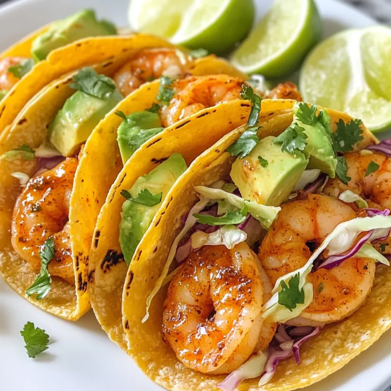 - 1 pound large shrimp, peeled and deveined - 2 tablespoons olive oil - 2 tablespoons chipotle pepper in adobo sauce, minced - 2 tablespoons fresh lime juice - 1 teaspoon garlic powder - 1 teaspoon cumin - 1 teaspoon smoked paprika - Salt and pepper to taste - 8 small corn tortillas - 1 cup shredded cabbage (green or purple) - 1 avocado, sliced - Fresh cilantro, chopped (for garnish) - Lime wedges (for serving) This recipe makes 4 servings. You can easily double the recipe for a larger crowd. If you want more tacos, just add more shrimp and tortillas. Adjust the seasonings to your taste. Want it spicier? Add more chipotle pepper. Prefer it milder? Cut back a bit. You can swap shrimp for chicken or tofu if you prefer. Olive oil can be replaced with avocado oil for a different flavor. If you don’t have chipotle peppers, use smoked paprika for a hint of smoke. Lime juice can be replaced with lemon juice in a pinch. For a crunchy topping, use shredded lettuce if you don’t have cabbage. {{ingredient_image_1}} To start, gather your mixing bowl. Add 2 tablespoons of minced chipotle pepper. Next, pour in 2 tablespoons of olive oil and 2 tablespoons of fresh lime juice. Then, sprinkle in 1 teaspoon of garlic powder, 1 teaspoon of cumin, and 1 teaspoon of smoked paprika. Finally, season with salt and pepper to taste. Mix all these ingredients well. This marinade packs a punch and will flavor the shrimp beautifully. Now, take 1 pound of peeled and deveined shrimp. Place the shrimp into the marinade. Toss the shrimp gently to coat them evenly. Let the shrimp sit for about 15 to 20 minutes. This step helps the shrimp absorb all those tasty flavors. Preheat your skillet over medium-high heat. Once hot, add the marinated shrimp in a single layer. Cook each side for 2 to 3 minutes. You'll know they are done when the shrimp turn pink and opaque. Avoid overcrowding the skillet. If you have a lot of shrimp, cook them in batches. This way, they will cook evenly and not steam. While the shrimp cooks, grab a separate dry skillet. Warm your corn tortillas over medium heat. Heat them for about 30 seconds on each side. You want them warm and pliable, not crispy. This makes them easier to fold and enjoy. To build your tacos, start with a small handful of shredded cabbage on each tortilla. Next, add a generous portion of the chipotle lime shrimp. Top it off with a few slices of avocado. Finally, sprinkle fresh cilantro on top for that extra touch. Serve the tacos with lime wedges on the side. Squeeze some lime over the shrimp for a fresh burst of flavor. Enjoy your tasty tacos! To get the best shrimp, choose large shrimp. They cook evenly and stay juicy. When you marinate, let the shrimp sit for at least 15 minutes. This helps them soak up all the flavors. Cook them in a hot skillet until they turn pink. If the shrimp curl, they are done! Avoid overcooking to keep them tender. You can add more zest with lime zest. A little lime zest gives a fresh kick. For crunch, try adding diced tomatoes or radishes. If you like heat, include more chipotle pepper. For a creamy touch, add a dollop of sour cream or yogurt. These little extras can make your tacos even better. Corn tortillas are traditional and work great. They have a nice flavor that pairs well with shrimp. For a softer bite, you can use flour tortillas. If you're looking for a healthier option, try whole wheat tortillas. Just warm them in a skillet to make them pliable. This step makes them easy to fill and fold. Pro Tips Marinate for Maximum Flavor: Allow the shrimp to marinate for at least 20 minutes, or even longer if you have time, to really enhance the flavor profile. Heat Control: Make sure your skillet is hot enough before adding the shrimp. This helps to sear the shrimp quickly, locking in moisture and flavor. Don’t Overcrowd the Skillet: Cook the shrimp in batches if necessary. Overcrowding will lower the skillet temperature and steam the shrimp instead of searing them. Fresh Ingredients: Use fresh lime juice and ripe avocados for the best taste. Fresh ingredients can make a significant difference in your taco assembly. {{image_2}} If you want a meat-free option, use grilled vegetables. Bell peppers and zucchini work well. You can also try black beans or chickpeas for protein. Toss them in the same marinade for great flavor! Sauces can change the whole dish. Try a mango salsa for a sweet twist. For a creamy touch, use a chipotle mayo. You can mix Greek yogurt with lime juice and chipotle for a zesty dip. Toppings let you make these tacos your own. Add fresh diced tomatoes for crunch. Pickled red onions give a nice tang. You can also use corn or radishes for extra texture. Don’t forget a squeeze of lime for brightness! To keep leftovers fresh, store the tacos in an airtight container. Place them in the fridge. Enjoy them within two days for the best taste. Don't forget to keep the shrimp and toppings separate. This way, the tortillas won't get soggy. You can freeze the cooked shrimp for later use. Allow the shrimp to cool completely. Place them in a freezer-safe bag. Remove as much air as possible, then seal it tight. Label the bag with the date. You can freeze it for up to three months. To reheat the shrimp, place them in a skillet over medium heat. Stir gently for about five minutes or until warmed through. For tortillas, heat them in a dry skillet for 30 seconds on each side. This will help revive their softness. You can serve many sides with these tacos. Some great options include: - Mexican rice - Black beans - Corn salad - Grilled veggies - Fresh salsa These sides add color and flavor to your meal. They pair well with the shrimp. Yes, you can use frozen shrimp. Just make sure to thaw it first. Place the shrimp in cold water for about 15 minutes. After that, pat them dry before marinating. This will help them soak up the flavors better. To reheat tacos, use a skillet. Heat it on medium heat. Place the tacos in the skillet for a few minutes. This keeps the tortillas soft. You can also wrap them in foil and warm them in the oven at 350°F for about 10 minutes. These tacos have a mild to moderate spice level. The chipotle pepper adds a smoky flavor with some heat. If you want it spicier, add more chipotle pepper or include jalapeños. Adjust to your taste. Yes, you can prepare the shrimp ahead. Marinate it and store it in the fridge for up to 24 hours. This will enhance the flavors. Just cook it right before serving for the best taste. You learned how to make Chipotle Lime Shrimp Tacos from key ingredients to tasty variations. I shared tips for the best texture, flavor, and storage. These tacos can suit many tastes, with both shrimp and veggie options. Take your time to explore the variations. Enjoy making these tacos your own! Trust me, you’ll love how easy and fun they are to prepare. Let your creativity shine as you create delicious meals for family and friends.