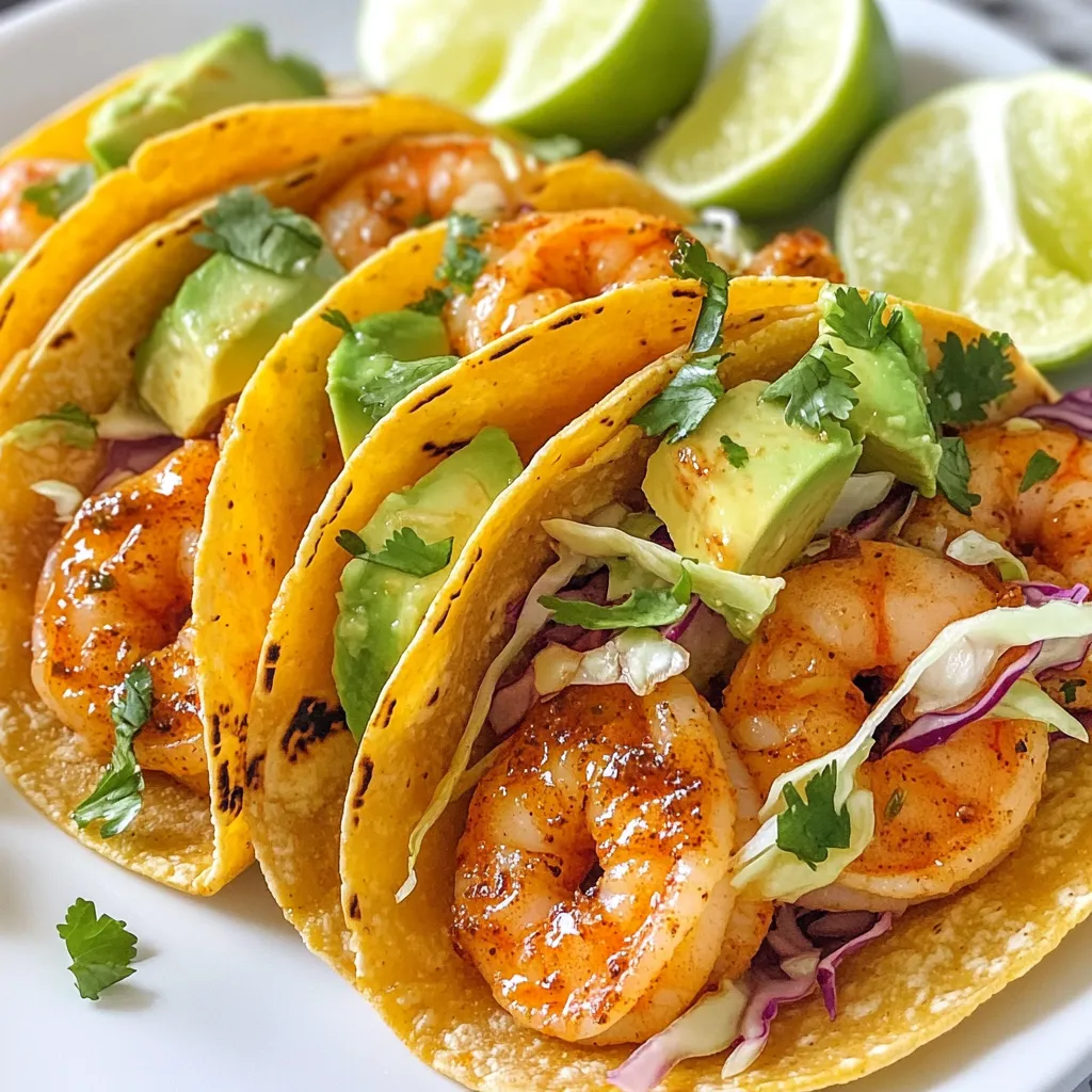 - 1 pound large shrimp, peeled and deveined - 2 tablespoons olive oil - 2 tablespoons chipotle pepper in adobo sauce, minced - 2 tablespoons fresh lime juice - 1 teaspoon garlic powder - 1 teaspoon cumin - 1 teaspoon smoked paprika - Salt and pepper to taste - 8 small corn tortillas - 1 cup shredded cabbage (green or purple) - 1 avocado, sliced - Fresh cilantro, chopped (for garnish) - Lime wedges (for serving) This recipe makes 4 servings. You can easily double the recipe for a larger crowd. If you want more tacos, just add more shrimp and tortillas. Adjust the seasonings to your taste. Want it spicier? Add more chipotle pepper. Prefer it milder? Cut back a bit. You can swap shrimp for chicken or tofu if you prefer. Olive oil can be replaced with avocado oil for a different flavor. If you don’t have chipotle peppers, use smoked paprika for a hint of smoke. Lime juice can be replaced with lemon juice in a pinch. For a crunchy topping, use shredded lettuce if you don’t have cabbage. {{ingredient_image_1}} To start, gather your mixing bowl. Add 2 tablespoons of minced chipotle pepper. Next, pour in 2 tablespoons of olive oil and 2 tablespoons of fresh lime juice. Then, sprinkle in 1 teaspoon of garlic powder, 1 teaspoon of cumin, and 1 teaspoon of smoked paprika. Finally, season with salt and pepper to taste. Mix all these ingredients well. This marinade packs a punch and will flavor the shrimp beautifully. Now, take 1 pound of peeled and deveined shrimp. Place the shrimp into the marinade. Toss the shrimp gently to coat them evenly. Let the shrimp sit for about 15 to 20 minutes. This step helps the shrimp absorb all those tasty flavors. Preheat your skillet over medium-high heat. Once hot, add the marinated shrimp in a single layer. Cook each side for 2 to 3 minutes. You'll know they are done when the shrimp turn pink and opaque. Avoid overcrowding the skillet. If you have a lot of shrimp, cook them in batches. This way, they will cook evenly and not steam. While the shrimp cooks, grab a separate dry skillet. Warm your corn tortillas over medium heat. Heat them for about 30 seconds on each side. You want them warm and pliable, not crispy. This makes them easier to fold and enjoy. To build your tacos, start with a small handful of shredded cabbage on each tortilla. Next, add a generous portion of the chipotle lime shrimp. Top it off with a few slices of avocado. Finally, sprinkle fresh cilantro on top for that extra touch. Serve the tacos with lime wedges on the side. Squeeze some lime over the shrimp for a fresh burst of flavor. Enjoy your tasty tacos! To get the best shrimp, choose large shrimp. They cook evenly and stay juicy. When you marinate, let the shrimp sit for at least 15 minutes. This helps them soak up all the flavors. Cook them in a hot skillet until they turn pink. If the shrimp curl, they are done! Avoid overcooking to keep them tender. You can add more zest with lime zest. A little lime zest gives a fresh kick. For crunch, try adding diced tomatoes or radishes. If you like heat, include more chipotle pepper. For a creamy touch, add a dollop of sour cream or yogurt. These little extras can make your tacos even better. Corn tortillas are traditional and work great. They have a nice flavor that pairs well with shrimp. For a softer bite, you can use flour tortillas. If you're looking for a healthier option, try whole wheat tortillas. Just warm them in a skillet to make them pliable. This step makes them easy to fill and fold. Pro Tips Marinate for Maximum Flavor: Allow the shrimp to marinate for at least 20 minutes, or even longer if you have time, to really enhance the flavor profile. Heat Control: Make sure your skillet is hot enough before adding the shrimp. This helps to sear the shrimp quickly, locking in moisture and flavor. Don’t Overcrowd the Skillet: Cook the shrimp in batches if necessary. Overcrowding will lower the skillet temperature and steam the shrimp instead of searing them. Fresh Ingredients: Use fresh lime juice and ripe avocados for the best taste. Fresh ingredients can make a significant difference in your taco assembly. {{image_2}} If you want a meat-free option, use grilled vegetables. Bell peppers and zucchini work well. You can also try black beans or chickpeas for protein. Toss them in the same marinade for great flavor! Sauces can change the whole dish. Try a mango salsa for a sweet twist. For a creamy touch, use a chipotle mayo. You can mix Greek yogurt with lime juice and chipotle for a zesty dip. Toppings let you make these tacos your own. Add fresh diced tomatoes for crunch. Pickled red onions give a nice tang. You can also use corn or radishes for extra texture. Don’t forget a squeeze of lime for brightness! To keep leftovers fresh, store the tacos in an airtight container. Place them in the fridge. Enjoy them within two days for the best taste. Don't forget to keep the shrimp and toppings separate. This way, the tortillas won't get soggy. You can freeze the cooked shrimp for later use. Allow the shrimp to cool completely. Place them in a freezer-safe bag. Remove as much air as possible, then seal it tight. Label the bag with the date. You can freeze it for up to three months. To reheat the shrimp, place them in a skillet over medium heat. Stir gently for about five minutes or until warmed through. For tortillas, heat them in a dry skillet for 30 seconds on each side. This will help revive their softness. You can serve many sides with these tacos. Some great options include: - Mexican rice - Black beans - Corn salad - Grilled veggies - Fresh salsa These sides add color and flavor to your meal. They pair well with the shrimp. Yes, you can use frozen shrimp. Just make sure to thaw it first. Place the shrimp in cold water for about 15 minutes. After that, pat them dry before marinating. This will help them soak up the flavors better. To reheat tacos, use a skillet. Heat it on medium heat. Place the tacos in the skillet for a few minutes. This keeps the tortillas soft. You can also wrap them in foil and warm them in the oven at 350°F for about 10 minutes. These tacos have a mild to moderate spice level. The chipotle pepper adds a smoky flavor with some heat. If you want it spicier, add more chipotle pepper or include jalapeños. Adjust to your taste. Yes, you can prepare the shrimp ahead. Marinate it and store it in the fridge for up to 24 hours. This will enhance the flavors. Just cook it right before serving for the best taste. You learned how to make Chipotle Lime Shrimp Tacos from key ingredients to tasty variations. I shared tips for the best texture, flavor, and storage. These tacos can suit many tastes, with both shrimp and veggie options. Take your time to explore the variations. Enjoy making these tacos your own! Trust me, you’ll love how easy and fun they are to prepare. Let your creativity shine as you create delicious meals for family and friends.