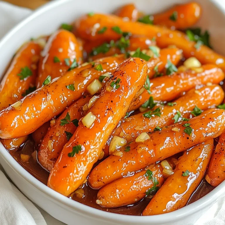 - 1 lb baby carrots (or regular carrots, peeled and cut into sticks) - 3 tablespoons honey - 2 tablespoons soy sauce (low sodium) - 3 cloves garlic, minced - 2 tablespoons unsalted butter - 1 tablespoon olive oil - 1 teaspoon freshly grated ginger - Salt and pepper to taste - Fresh parsley, chopped for garnish You can switch baby carrots for regular carrots. Just peel and cut them into sticks. If you want a vegan option, replace the butter with more olive oil. You can also use maple syrup instead of honey for a different flavor. If you don’t have soy sauce, try coconut aminos. This will keep it soy-free. When I say "1 lb," it means one pound. That’s about 16 ounces. For tablespoons, there are 3 teaspoons in each. So, 1 tablespoon equals 3 teaspoons. This helps when you need to measure smaller amounts. When making a glaze, measuring accurately helps achieve the right taste. If you’re unsure, use a kitchen scale for weight. It ensures you get the best results! {{ingredient_image_1}} To start, gather your ingredients. You need: - 1 lb baby carrots (or regular carrots, peeled and cut into sticks) - 3 tablespoons honey - 2 tablespoons low sodium soy sauce - 3 cloves garlic, minced - 2 tablespoons unsalted butter - 1 tablespoon olive oil - 1 teaspoon freshly grated ginger - Salt and pepper to taste - Fresh parsley, chopped for garnish Next, whisk the honey, soy sauce, minced garlic, grated ginger, salt, and pepper in a medium bowl. Set this mixture aside. This glaze is key for flavor. Heat a large skillet over medium heat. Add the olive oil and butter. Let the butter melt and bubble. Then, add the baby carrots. Stir to coat them in the oil and butter. Sauté for about 5 to 7 minutes. You want the carrots to start softening. Now, pour your honey-garlic mixture over the carrots. Stir well to combine. Cook for an extra 8 to 10 minutes. Stir occasionally. The glaze should thicken and coat the carrots. When they are tender, remove from heat. Transfer the glazed carrots to a serving dish. Don’t forget to garnish with fresh parsley. This adds color and a burst of flavor. 1. Use fresh carrots. They taste better and have a nice crunch. 2. Cut evenly. If using regular carrots, cut them into similar-sized sticks. This helps them cook evenly. 3. Don’t overcook. You want them tender but still slightly firm. 4. Adjust sweetness. If you like it sweeter, add more honey. For less sweetness, use less. 5. Experiment with spices. Try adding a pinch of chili flakes for heat or a touch of cinnamon for warmth. These tips will help you create the best honey garlic glazed carrots, making them a tasty vegetable delight! To make honey garlic glazed carrots, I recommend using a skillet. A large skillet allows the carrots to cook evenly. Start by melting butter and oil together. This mix creates a rich flavor. When the butter bubbles, add the carrots. Sauté them for about 5-7 minutes. This step helps to soften the carrots before adding the glaze. Stir the carrots often to avoid sticking. For extra flavor, add fresh ginger. Just a teaspoon of grated ginger adds warmth. You can also use fresh herbs like thyme or rosemary. These herbs blend well with honey and garlic. If you want a spicy kick, add a pinch of red pepper flakes. This will give your dish a nice zing. If you use regular carrots, cut them into sticks. They should be about the same size as baby carrots. Cooking time changes with size. For baby carrots, cook for about 8-10 minutes in the glaze. For regular carrots, you may need 12-15 minutes. Check for tenderness by piercing with a fork. Carrots should be soft but not mushy. Adjust the cooking time based on the size of your carrots for the best results. Pro Tips Choose the Right Carrots: Using baby carrots is convenient, but if you prefer, regular carrots can be used. Just ensure they are cut evenly for consistent cooking. Adjust Sweetness: You can modify the amount of honey based on your preference for sweetness. Start with less and add more if desired. Enhance Flavor: Add a sprinkle of sesame seeds or a dash of red pepper flakes for an extra layer of flavor and texture. Don’t Overcook: Keep an eye on the carrots while cooking. They should be tender but still have a slight crunch to retain their natural sweetness and nutrients. {{image_2}} You can boost your dish by adding other vegetables. Try using green beans, bell peppers, or zucchini. They all cook well and add nice colors. Cut them into small pieces to match the carrots. This mix brings a fun taste and texture to your meal. If you want to switch up the flavor, use different sweeteners. Maple syrup or agave nectar works well. They add a unique twist. You can also try brown sugar for a deep, rich taste. Adjust the amount to your liking, as some sweeteners are sweeter than honey. Take your glazed carrots to the next level with global flavors. Add a pinch of cumin for warmth or chili flakes for heat. Fresh herbs like thyme or rosemary can brighten the dish. Experiment with different spices to find your favorite combo. This makes your dish truly unique and exciting. To store leftover honey garlic glazed carrots, let them cool first. Place them in an airtight container. You can keep them in the fridge for up to 3 days. Make sure to label the container with the date. This helps you remember when you made them. Reheat the glazed carrots on the stovetop for the best taste. Use a small skillet over medium heat. Add a splash of water or broth to help steam them. Stir often until they are heated through. You can also use a microwave. Place them in a microwave-safe dish, cover it, and heat for 1-2 minutes. You can freeze honey garlic glazed carrots too. First, let them cool completely. Transfer them to a freezer-safe bag or container. Remove as much air as you can to prevent freezer burn. They can last for up to 3 months in the freezer. When you want to eat them, thaw them in the fridge overnight before reheating. Yes, you can use frozen carrots. They save time and work well. Just follow the same steps in the recipe. Cook them a bit longer, since they are frozen. Check if they are tender before serving. To thicken the glaze, cook it longer. Stir the carrots often as the glaze cooks. You can also add a bit of cornstarch. Mix 1 teaspoon of cornstarch with a bit of water. Stir this mix into the glaze as it cooks. This will help it get nice and thick. Honey garlic glazed carrots go well with many dishes. They pair nicely with roasted chicken or grilled fish. You can also serve them with rice or quinoa. They add color and flavor to any meal. Try them with a fresh salad for a complete dinner! In this post, I shared how to make honey garlic glazed carrots. We covered the ingredients, substitutes, and measurements. You learned step-by-step cooking instructions and useful tips for flawless results. I shared techniques to enhance flavor and adjust cooking times. Additionally, I explored variations like adding other vegetables and spices. Finally, proper storage and reheating tips keep leftovers fresh. Enjoy making this dish, and don't hesitate to experiment with flavors for your taste!