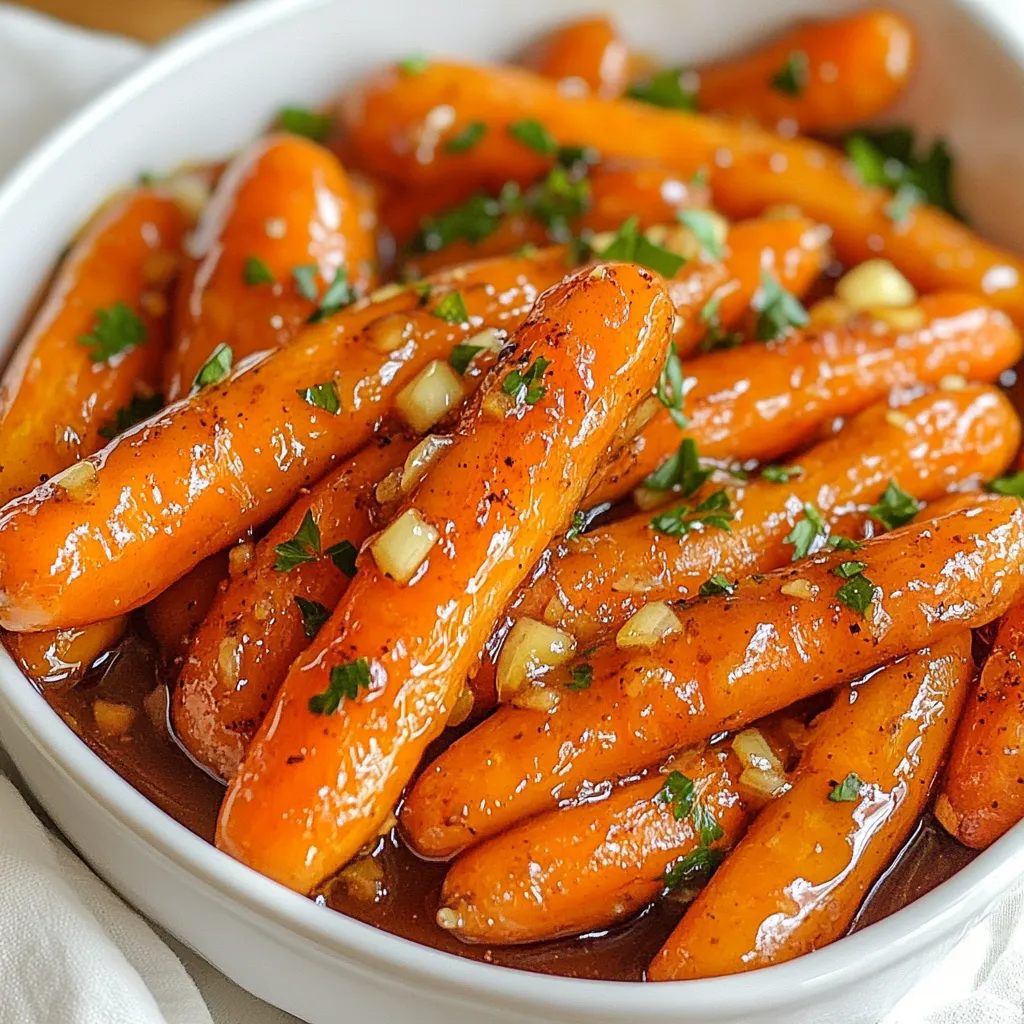 - 1 lb baby carrots (or regular carrots, peeled and cut into sticks) - 3 tablespoons honey - 2 tablespoons soy sauce (low sodium) - 3 cloves garlic, minced - 2 tablespoons unsalted butter - 1 tablespoon olive oil - 1 teaspoon freshly grated ginger - Salt and pepper to taste - Fresh parsley, chopped for garnish You can switch baby carrots for regular carrots. Just peel and cut them into sticks. If you want a vegan option, replace the butter with more olive oil. You can also use maple syrup instead of honey for a different flavor. If you don’t have soy sauce, try coconut aminos. This will keep it soy-free. When I say "1 lb," it means one pound. That’s about 16 ounces. For tablespoons, there are 3 teaspoons in each. So, 1 tablespoon equals 3 teaspoons. This helps when you need to measure smaller amounts. When making a glaze, measuring accurately helps achieve the right taste. If you’re unsure, use a kitchen scale for weight. It ensures you get the best results! {{ingredient_image_1}} To start, gather your ingredients. You need: - 1 lb baby carrots (or regular carrots, peeled and cut into sticks) - 3 tablespoons honey - 2 tablespoons low sodium soy sauce - 3 cloves garlic, minced - 2 tablespoons unsalted butter - 1 tablespoon olive oil - 1 teaspoon freshly grated ginger - Salt and pepper to taste - Fresh parsley, chopped for garnish Next, whisk the honey, soy sauce, minced garlic, grated ginger, salt, and pepper in a medium bowl. Set this mixture aside. This glaze is key for flavor. Heat a large skillet over medium heat. Add the olive oil and butter. Let the butter melt and bubble. Then, add the baby carrots. Stir to coat them in the oil and butter. Sauté for about 5 to 7 minutes. You want the carrots to start softening. Now, pour your honey-garlic mixture over the carrots. Stir well to combine. Cook for an extra 8 to 10 minutes. Stir occasionally. The glaze should thicken and coat the carrots. When they are tender, remove from heat. Transfer the glazed carrots to a serving dish. Don’t forget to garnish with fresh parsley. This adds color and a burst of flavor. 1. Use fresh carrots. They taste better and have a nice crunch. 2. Cut evenly. If using regular carrots, cut them into similar-sized sticks. This helps them cook evenly. 3. Don’t overcook. You want them tender but still slightly firm. 4. Adjust sweetness. If you like it sweeter, add more honey. For less sweetness, use less. 5. Experiment with spices. Try adding a pinch of chili flakes for heat or a touch of cinnamon for warmth. These tips will help you create the best honey garlic glazed carrots, making them a tasty vegetable delight! To make honey garlic glazed carrots, I recommend using a skillet. A large skillet allows the carrots to cook evenly. Start by melting butter and oil together. This mix creates a rich flavor. When the butter bubbles, add the carrots. Sauté them for about 5-7 minutes. This step helps to soften the carrots before adding the glaze. Stir the carrots often to avoid sticking. For extra flavor, add fresh ginger. Just a teaspoon of grated ginger adds warmth. You can also use fresh herbs like thyme or rosemary. These herbs blend well with honey and garlic. If you want a spicy kick, add a pinch of red pepper flakes. This will give your dish a nice zing. If you use regular carrots, cut them into sticks. They should be about the same size as baby carrots. Cooking time changes with size. For baby carrots, cook for about 8-10 minutes in the glaze. For regular carrots, you may need 12-15 minutes. Check for tenderness by piercing with a fork. Carrots should be soft but not mushy. Adjust the cooking time based on the size of your carrots for the best results. Pro Tips Choose the Right Carrots: Using baby carrots is convenient, but if you prefer, regular carrots can be used. Just ensure they are cut evenly for consistent cooking. Adjust Sweetness: You can modify the amount of honey based on your preference for sweetness. Start with less and add more if desired. Enhance Flavor: Add a sprinkle of sesame seeds or a dash of red pepper flakes for an extra layer of flavor and texture. Don’t Overcook: Keep an eye on the carrots while cooking. They should be tender but still have a slight crunch to retain their natural sweetness and nutrients. {{image_2}} You can boost your dish by adding other vegetables. Try using green beans, bell peppers, or zucchini. They all cook well and add nice colors. Cut them into small pieces to match the carrots. This mix brings a fun taste and texture to your meal. If you want to switch up the flavor, use different sweeteners. Maple syrup or agave nectar works well. They add a unique twist. You can also try brown sugar for a deep, rich taste. Adjust the amount to your liking, as some sweeteners are sweeter than honey. Take your glazed carrots to the next level with global flavors. Add a pinch of cumin for warmth or chili flakes for heat. Fresh herbs like thyme or rosemary can brighten the dish. Experiment with different spices to find your favorite combo. This makes your dish truly unique and exciting. To store leftover honey garlic glazed carrots, let them cool first. Place them in an airtight container. You can keep them in the fridge for up to 3 days. Make sure to label the container with the date. This helps you remember when you made them. Reheat the glazed carrots on the stovetop for the best taste. Use a small skillet over medium heat. Add a splash of water or broth to help steam them. Stir often until they are heated through. You can also use a microwave. Place them in a microwave-safe dish, cover it, and heat for 1-2 minutes. You can freeze honey garlic glazed carrots too. First, let them cool completely. Transfer them to a freezer-safe bag or container. Remove as much air as you can to prevent freezer burn. They can last for up to 3 months in the freezer. When you want to eat them, thaw them in the fridge overnight before reheating. Yes, you can use frozen carrots. They save time and work well. Just follow the same steps in the recipe. Cook them a bit longer, since they are frozen. Check if they are tender before serving. To thicken the glaze, cook it longer. Stir the carrots often as the glaze cooks. You can also add a bit of cornstarch. Mix 1 teaspoon of cornstarch with a bit of water. Stir this mix into the glaze as it cooks. This will help it get nice and thick. Honey garlic glazed carrots go well with many dishes. They pair nicely with roasted chicken or grilled fish. You can also serve them with rice or quinoa. They add color and flavor to any meal. Try them with a fresh salad for a complete dinner! In this post, I shared how to make honey garlic glazed carrots. We covered the ingredients, substitutes, and measurements. You learned step-by-step cooking instructions and useful tips for flawless results. I shared techniques to enhance flavor and adjust cooking times. Additionally, I explored variations like adding other vegetables and spices. Finally, proper storage and reheating tips keep leftovers fresh. Enjoy making this dish, and don't hesitate to experiment with flavors for your taste!