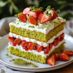 - 2 cups all-purpose flour - 1 cup granulated sugar - 1/2 cup unsalted butter, softened - 1 cup whole milk - 3 large eggs - 2 teaspoons baking powder - 2 tablespoons matcha green tea powder - 1 cup sliced fresh strawberries - 1/4 cup powdered sugar (for frosting) - 1 cup heavy whipping cream - 1 teaspoon vanilla extract - Pinch of salt Each ingredient plays a key role in the flavor and texture. - All-purpose flour gives the cake structure. You can swap it with gluten-free flour for a gluten-free version. - Granulated sugar sweetens the cake. Brown sugar can add a hint of caramel flavor. - Unsalted butter provides richness. You can use coconut oil for a dairy-free option. - Whole milk keeps the cake moist. Almond milk or oat milk also works well. - Eggs help bind the cake. You can replace them with flax eggs for a vegan option. - Baking powder ensures the cake rises. If you're out, baking soda can work in a pinch with acid. - Matcha green tea powder gives the cake its vibrant color and unique taste. You could use cocoa powder for a chocolate twist. - Fresh strawberries add a fresh touch. Other berries like raspberries or blueberries can also be used. - Powdered sugar is for the frosting. Regular sugar can work if you blend it finely. - Heavy whipping cream creates a rich frosting. Coconut cream is a great dairy-free alternative. - Vanilla extract enhances the flavors. You can use almond extract for a different twist. - Salt balances sweetness and enhances flavors. Matcha is packed with antioxidants. It boosts energy and helps focus. This bright green powder can even aid in weight loss. Strawberries are low in calories and high in vitamin C. They support heart health and improve skin. Together, they make a delicious and healthy treat. Enjoying this cake gives you a sweet way to boost your health! {{ingredient_image_1}} First, preheat your oven to 350°F (175°C). This step warms the oven for even baking. Next, in a large bowl, cream 1/2 cup of softened butter with 1 cup of granulated sugar. Mix until it’s light and fluffy. Then, add 3 large eggs one at a time. Make sure to mix well after each egg. After that, pour in 1 cup of whole milk and stir until smooth. In a separate bowl, whisk together 2 cups of all-purpose flour, 2 teaspoons of baking powder, 2 tablespoons of matcha green tea powder, and a pinch of salt. Gradually add this dry mix to your wet ingredients. Stir gently until just combined. Now, divide the batter evenly into two 9-inch round cake pans. Make sure to line these pans with parchment paper. Smooth the tops with a spatula. Bake for 25-30 minutes. Check with a toothpick to see if it comes out clean. Let the cakes cool for about 10 minutes in the pans. After that, move them to wire racks to cool completely. To get perfect cake layers, follow these tips: - Ensure your butter is softened. This helps in blending it well with sugar. - Mix the batter gently. Overmixing can make the cake tough. - Use an oven thermometer. This ensures your oven is at the right temperature. - Cool the cakes completely before frosting. This prevents melting the whipped cream. While your cakes cool, prepare the strawberry compote. Combine 1 cup of sliced fresh strawberries with 1/4 cup of powdered sugar in a small bowl. Let it sit for about 15 minutes. This helps the strawberries release their juices. To make whipped cream, beat 1 cup of heavy whipping cream with 1 teaspoon of vanilla extract. Beat until soft peaks form. To assemble, place one cooled cake layer on a serving plate. Spread a layer of whipped cream over the top. Add a layer of the strawberry compote next. Then, place the second cake layer on top. Top the second layer with more whipped cream. You can decorate with any remaining strawberries. For flair, dust a bit of matcha powder on top. Finally, refrigerate the cake for at least 30 minutes to set the layers. Slice and serve chilled. Enjoy your creation! When making your matcha strawberry layer cake, watch out for these common mistakes: - Overmixing: This can make your cake tough. Mix until just combined. - Not measuring ingredients: Use the correct measurements for best results. - Skipping cooling time: Letting the cake cool helps layers stack better. - Ignoring cake pans: Always line them with parchment to avoid sticking. Whipping cream is key for a light texture. Here are some tips: - Use cold cream: Cold cream whips better and faster. Chill your bowl too. - Don’t rush: Beat until soft peaks form. This takes a few minutes. - Add sugar gradually: Mix in powdered sugar slowly for sweetness without deflating. - Flavor it up: A touch of vanilla extract enhances the cream’s taste. Make your cake a visual delight with these ideas: - Fresh strawberries: Place sliced strawberries on top for color and flavor. - Matcha dusting: Lightly sprinkle matcha powder for a nice touch. - Whipped cream swirls: Use a piping bag for elegant whipped cream designs. - Layering: Show off the layers by slicing neatly for a beautiful view. Pro Tips Use Fresh Strawberries: For the best flavor and texture, opt for fresh, ripe strawberries. They will enhance the taste of your compote and add vibrant color to your cake. Room Temperature Ingredients: Ensure that your eggs and butter are at room temperature before mixing. This helps create a smoother batter and a lighter cake. Don’t Overmix: When combining the wet and dry ingredients, mix just until combined. Overmixing can lead to a dense cake texture. Chill the Cake: After assembling, let the cake chill in the refrigerator. This will help the layers set properly and make slicing easier. {{image_2}} You can play with flavors for this cake. Try adding lemon zest for a bright note. You can also use orange juice for a fresh twist. Swap strawberries for raspberries or blueberries for a berry mix. Each fruit adds its own taste and color. A hint of mint can also bring a fun surprise. To make this cake gluten-free, swap all-purpose flour for a gluten-free blend. Make sure to choose a blend that includes xanthan gum. This will help keep the cake fluffy and moist. You can also add almond flour for extra flavor. Just remember to adjust the liquid for the different flour. Want to make the cake even taller? You can bake three layers instead of two. Just divide the batter into three pans. This will give you more space for whipped cream and fruit in between. For added fun, you can layer different flavors, like chocolate or vanilla, with the matcha. This makes each slice a little surprise! To store your Matcha Strawberry Layer Cake, wrap it well. Use plastic wrap or foil. This keeps the cake fresh and moist. Place it in the fridge if you plan to eat it in a few days. If you want to keep it longer, freezing is a great option. To freeze, first, let the cake cool completely. Then, slice it into servings for easy thawing. Wrap each slice in plastic wrap, then put them in a freezer bag. Label the bag with the date. You can freeze the cake for up to three months. When you are ready to eat, let the slices thaw in the fridge overnight. When stored in the fridge, your cake lasts about three to four days. If you keep it at room temperature, eat it within one day. The whipped cream can spoil quickly, so refrigerate it right after serving. Always check for freshness before enjoying your cake! Yes, you can use other fruits. Raspberries, blueberries, and peaches work well too. Each fruit adds a unique taste. Just remember to adjust the sugar based on the fruit's sweetness. For example, peaches may need less sugar than strawberries. Absolutely! You can bake the cake layers a day before. Let them cool completely and wrap them tightly in plastic wrap. Store them at room temperature. You can also make the whipped cream ahead of time. Just keep it in the fridge. Assemble the cake a few hours before serving for the best taste. Matcha is packed with antioxidants. It helps boost your metabolism and gives you energy. It may also support heart health by lowering cholesterol levels. Plus, matcha has a calming effect due to its L-theanine content. This makes it a great choice for a sweet treat! This blog post covered how to make a delicious matcha strawberry layer cake. We explored ingredients, baking steps, and tips to avoid mistakes. You learned about storage options and variations to try. Remember, using fresh ingredients leads to a better taste. Enjoy experimenting with flavors and decorations. Baking is an art, so make this cake your own! Enjoy every bite of your creation.