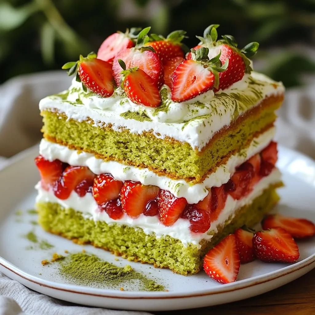 - 2 cups all-purpose flour - 1 cup granulated sugar - 1/2 cup unsalted butter, softened - 1 cup whole milk - 3 large eggs - 2 teaspoons baking powder - 2 tablespoons matcha green tea powder - 1 cup sliced fresh strawberries - 1/4 cup powdered sugar (for frosting) - 1 cup heavy whipping cream - 1 teaspoon vanilla extract - Pinch of salt Each ingredient plays a key role in the flavor and texture. - All-purpose flour gives the cake structure. You can swap it with gluten-free flour for a gluten-free version. - Granulated sugar sweetens the cake. Brown sugar can add a hint of caramel flavor. - Unsalted butter provides richness. You can use coconut oil for a dairy-free option. - Whole milk keeps the cake moist. Almond milk or oat milk also works well. - Eggs help bind the cake. You can replace them with flax eggs for a vegan option. - Baking powder ensures the cake rises. If you're out, baking soda can work in a pinch with acid. - Matcha green tea powder gives the cake its vibrant color and unique taste. You could use cocoa powder for a chocolate twist. - Fresh strawberries add a fresh touch. Other berries like raspberries or blueberries can also be used. - Powdered sugar is for the frosting. Regular sugar can work if you blend it finely. - Heavy whipping cream creates a rich frosting. Coconut cream is a great dairy-free alternative. - Vanilla extract enhances the flavors. You can use almond extract for a different twist. - Salt balances sweetness and enhances flavors. Matcha is packed with antioxidants. It boosts energy and helps focus. This bright green powder can even aid in weight loss. Strawberries are low in calories and high in vitamin C. They support heart health and improve skin. Together, they make a delicious and healthy treat. Enjoying this cake gives you a sweet way to boost your health! {{ingredient_image_1}} First, preheat your oven to 350°F (175°C). This step warms the oven for even baking. Next, in a large bowl, cream 1/2 cup of softened butter with 1 cup of granulated sugar. Mix until it’s light and fluffy. Then, add 3 large eggs one at a time. Make sure to mix well after each egg. After that, pour in 1 cup of whole milk and stir until smooth. In a separate bowl, whisk together 2 cups of all-purpose flour, 2 teaspoons of baking powder, 2 tablespoons of matcha green tea powder, and a pinch of salt. Gradually add this dry mix to your wet ingredients. Stir gently until just combined. Now, divide the batter evenly into two 9-inch round cake pans. Make sure to line these pans with parchment paper. Smooth the tops with a spatula. Bake for 25-30 minutes. Check with a toothpick to see if it comes out clean. Let the cakes cool for about 10 minutes in the pans. After that, move them to wire racks to cool completely. To get perfect cake layers, follow these tips: - Ensure your butter is softened. This helps in blending it well with sugar. - Mix the batter gently. Overmixing can make the cake tough. - Use an oven thermometer. This ensures your oven is at the right temperature. - Cool the cakes completely before frosting. This prevents melting the whipped cream. While your cakes cool, prepare the strawberry compote. Combine 1 cup of sliced fresh strawberries with 1/4 cup of powdered sugar in a small bowl. Let it sit for about 15 minutes. This helps the strawberries release their juices. To make whipped cream, beat 1 cup of heavy whipping cream with 1 teaspoon of vanilla extract. Beat until soft peaks form. To assemble, place one cooled cake layer on a serving plate. Spread a layer of whipped cream over the top. Add a layer of the strawberry compote next. Then, place the second cake layer on top. Top the second layer with more whipped cream. You can decorate with any remaining strawberries. For flair, dust a bit of matcha powder on top. Finally, refrigerate the cake for at least 30 minutes to set the layers. Slice and serve chilled. Enjoy your creation! When making your matcha strawberry layer cake, watch out for these common mistakes: - Overmixing: This can make your cake tough. Mix until just combined. - Not measuring ingredients: Use the correct measurements for best results. - Skipping cooling time: Letting the cake cool helps layers stack better. - Ignoring cake pans: Always line them with parchment to avoid sticking. Whipping cream is key for a light texture. Here are some tips: - Use cold cream: Cold cream whips better and faster. Chill your bowl too. - Don’t rush: Beat until soft peaks form. This takes a few minutes. - Add sugar gradually: Mix in powdered sugar slowly for sweetness without deflating. - Flavor it up: A touch of vanilla extract enhances the cream’s taste. Make your cake a visual delight with these ideas: - Fresh strawberries: Place sliced strawberries on top for color and flavor. - Matcha dusting: Lightly sprinkle matcha powder for a nice touch. - Whipped cream swirls: Use a piping bag for elegant whipped cream designs. - Layering: Show off the layers by slicing neatly for a beautiful view. Pro Tips Use Fresh Strawberries: For the best flavor and texture, opt for fresh, ripe strawberries. They will enhance the taste of your compote and add vibrant color to your cake. Room Temperature Ingredients: Ensure that your eggs and butter are at room temperature before mixing. This helps create a smoother batter and a lighter cake. Don’t Overmix: When combining the wet and dry ingredients, mix just until combined. Overmixing can lead to a dense cake texture. Chill the Cake: After assembling, let the cake chill in the refrigerator. This will help the layers set properly and make slicing easier. {{image_2}} You can play with flavors for this cake. Try adding lemon zest for a bright note. You can also use orange juice for a fresh twist. Swap strawberries for raspberries or blueberries for a berry mix. Each fruit adds its own taste and color. A hint of mint can also bring a fun surprise. To make this cake gluten-free, swap all-purpose flour for a gluten-free blend. Make sure to choose a blend that includes xanthan gum. This will help keep the cake fluffy and moist. You can also add almond flour for extra flavor. Just remember to adjust the liquid for the different flour. Want to make the cake even taller? You can bake three layers instead of two. Just divide the batter into three pans. This will give you more space for whipped cream and fruit in between. For added fun, you can layer different flavors, like chocolate or vanilla, with the matcha. This makes each slice a little surprise! To store your Matcha Strawberry Layer Cake, wrap it well. Use plastic wrap or foil. This keeps the cake fresh and moist. Place it in the fridge if you plan to eat it in a few days. If you want to keep it longer, freezing is a great option. To freeze, first, let the cake cool completely. Then, slice it into servings for easy thawing. Wrap each slice in plastic wrap, then put them in a freezer bag. Label the bag with the date. You can freeze the cake for up to three months. When you are ready to eat, let the slices thaw in the fridge overnight. When stored in the fridge, your cake lasts about three to four days. If you keep it at room temperature, eat it within one day. The whipped cream can spoil quickly, so refrigerate it right after serving. Always check for freshness before enjoying your cake! Yes, you can use other fruits. Raspberries, blueberries, and peaches work well too. Each fruit adds a unique taste. Just remember to adjust the sugar based on the fruit's sweetness. For example, peaches may need less sugar than strawberries. Absolutely! You can bake the cake layers a day before. Let them cool completely and wrap them tightly in plastic wrap. Store them at room temperature. You can also make the whipped cream ahead of time. Just keep it in the fridge. Assemble the cake a few hours before serving for the best taste. Matcha is packed with antioxidants. It helps boost your metabolism and gives you energy. It may also support heart health by lowering cholesterol levels. Plus, matcha has a calming effect due to its L-theanine content. This makes it a great choice for a sweet treat! This blog post covered how to make a delicious matcha strawberry layer cake. We explored ingredients, baking steps, and tips to avoid mistakes. You learned about storage options and variations to try. Remember, using fresh ingredients leads to a better taste. Enjoy experimenting with flavors and decorations. Baking is an art, so make this cake your own! Enjoy every bite of your creation.