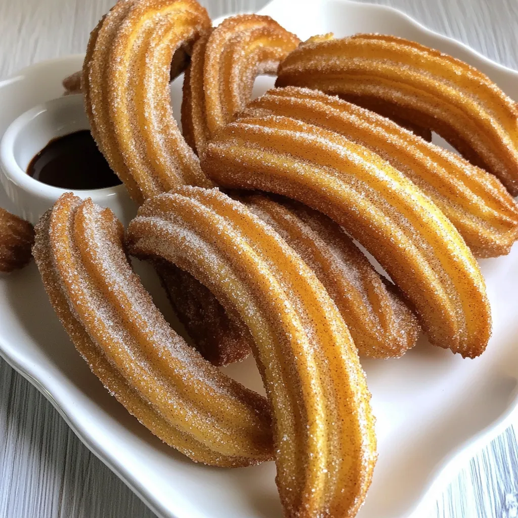 To make your churros, gather these main ingredients: - 1 cup water - 2 tablespoons unsalted butter - 2 tablespoons granulated sugar - 1/2 teaspoon salt - 1 cup all-purpose flour - 2 large eggs - 1 tablespoon vanilla extract These simple items create a tasty dough. The water, butter, and sugar mix to form the base. The flour gives the churros their structure. Eggs add richness and lightness. Vanilla brings in a lovely flavor. For the sweet coating, you'll need: - 1/2 cup granulated sugar (for coating) - 1 tablespoon ground cinnamon Mixing these two makes the churros shine with sweetness and warmth. The cinnamon sugar adds a cozy touch. It’s the perfect finish for your crispy treats. To elevate your churros, consider these fun sauces: - Chocolate sauce - Caramel sauce Dipping sauces add extra flavor and make each bite special. You can choose what you love best or try both. Enjoy the mix of flavors as you savor your churros! Start by boiling water, butter, sugar, and salt. Use a medium saucepan on medium heat. Stir often until the mix boils. Once it boils, take it off the heat. Add the flour and mix until smooth. Let it rest for about five minutes to cool. Then, add each egg one at a time. Mix well until the dough looks shiny. Don’t forget to stir in the vanilla extract for flavor. When done, pipe the dough into a bag with a star tip. Now, preheat your air fryer to 375°F (190°C). This step takes about five minutes. Preheating helps cook the churros evenly and gives them that perfect crispy texture. Pipe strips of dough onto parchment paper. Aim for six-inch long strips and leave some space between them. Lightly spray each churro with cooking spray. Place them in a single layer in the air fryer basket. Depending on your air fryer, you may need to work in batches. Cook them for 10 to 12 minutes. They should turn golden brown and crispy. While the churros cook, mix sugar and cinnamon in a shallow dish. Once the churros finish cooking, take them out right away. Roll them in the cinnamon sugar mix until coated well. Let them cool for a couple of minutes before you serve. Enjoy the warm, sweet crunch! To get churros that are crispy on the outside and soft inside, follow these tips: - Make sure to boil the water and butter mixture well. - Stir in the flour quickly to form a dough. - Let the dough cool before adding eggs. This helps keep the churros from being too runny. - Don’t skip the cooking spray. It helps them crisp up nicely in the air fryer. Piping the churros can be tricky but fun. Here are some tips: - Use a star-shaped nozzle for a classic churro look. - Pipe straight strips about 6 inches long. - Leave space between each strip to prevent sticking. - If your dough is too thick, add a bit of water. It should flow easily. Even seasoned cooks can make mistakes. Here are some to watch for: - Don’t overmix the dough after adding eggs. This can make churros tough. - Avoid overcrowding the air fryer basket. This can cause uneven cooking. - Make sure to coat churros in cinnamon sugar right after cooking. It sticks best when warm. - Don’t skip the cooling time. Churros taste better when they are slightly cooled. {{image_2}} You can take churros to the next level by adding a chocolate filling. To do this, melt some chocolate chips or a chocolate bar. Once your churros cool, use a piping bag to fill them with warm chocolate. This extra step makes every bite a delight. Kids and adults alike love the surprise of melted chocolate inside. If you want to switch up the flavor, try adding spices. A pinch of nutmeg or allspice can add warmth. You can also use vanilla sugar instead of plain sugar for coating. This will give your churros a unique twist. You can even mix in some cayenne pepper for a spicy kick. Just be careful not to add too much! For a gluten-free version, you can swap all-purpose flour for a gluten-free blend. Make sure to check the mix for xanthan gum, which helps with texture. This will let everyone enjoy churros, no matter their diet. Just follow the same steps in the recipe, and you'll have tasty treats for everyone! Store any leftover churros in an airtight container. This keeps them fresh. Place parchment paper between layers to prevent sticking. Churros last up to two days at room temp. For longer storage, put them in the fridge. They can last up to a week in the fridge. To bring back the crispiness, reheat churros in your air fryer. Set it to 350°F (175°C) for about 3-5 minutes. This method helps them regain their crunch. You can also use a toaster oven. Avoid using a microwave as it can make them soggy. You can freeze churros for later enjoyment. Let them cool completely first. Wrap each churro in plastic wrap and place them in a freezer bag. Be sure to remove as much air as possible. They can stay fresh in the freezer for up to three months. When ready to eat, thaw them in the fridge overnight. Reheat in the air fryer for the best results. The best temperature for churros in an air fryer is 375°F (190°C). This heat cooks the churros evenly. It creates a golden brown, crispy outside while keeping the inside soft. Preheat your air fryer for about 5 minutes before you cook. This helps the churros get the right texture. Yes, you can use a different type of flour, but it may change the texture. All-purpose flour gives churros their classic look and taste. If you want a gluten-free option, try a gluten-free blend. Make sure it is suitable for baking. This can work well, but the taste might vary a bit. To make churros without eggs, replace eggs with a flaxseed meal or applesauce. For flaxseed, mix 1 tablespoon of flaxseed with 3 tablespoons of water. Let it sit until it thickens, then add it to the dough. For applesauce, use 1/4 cup in place of each egg. This helps the churros stay moist and hold together. Churros taste great with many dips. Serve them with chocolate sauce for a sweet touch. You can also use caramel or dulce de leche. Some people enjoy a fruit sauce or whipped cream. These dips add a fun twist to your churro experience. Churros are best eaten fresh. They stay good for about 1-2 days at room temperature. Store them in an airtight container to keep them from getting stale. If you want to keep them longer, freeze them. You can reheat them in the air fryer for a crispy treat later. Churros are a delicious treat you can easily make at home. We covered the main ingredients, step-by-step instructions, and tips for perfecting your churros. Don’t forget the fun variations and how to store them. With these guidelines, you can enjoy churros fresh or later. I hope you feel inspired to try this recipe. Happy cooking and enjoy every crispy bite!