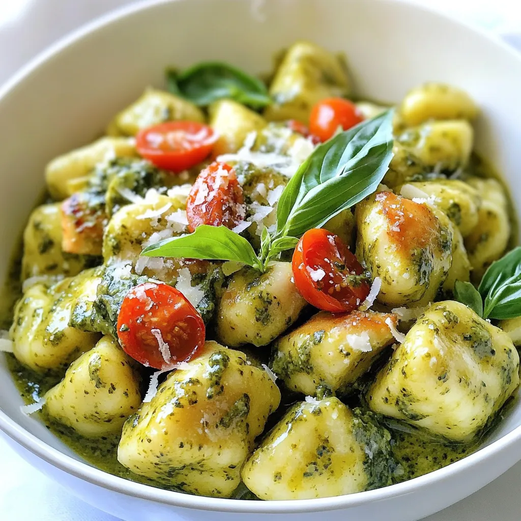 - 1 pound gnocchi - 2 boneless, skinless chicken breasts, diced - 1 cup fresh basil pesto - 1 cup heavy cream - 1 cup cherry tomatoes, halved - 2 cups fresh spinach - 1 tablespoon olive oil - 1 teaspoon garlic powder - Salt and pepper to taste - Fresh basil leaves for garnish - Grated Parmesan cheese for serving Gather all these ingredients to create a rich and easy dinner. You'll start with gnocchi, which are soft potato dumplings that cook quickly. Next, you need chicken, which adds protein and flavor. The basil pesto brings a fresh taste, while heavy cream makes the dish creamy and rich. For extra color and nutrition, add cherry tomatoes and fresh spinach. Olive oil helps cook the chicken, while garlic powder adds a nice kick. Don’t forget the salt and pepper to enhance all the flavors. To finish, garnish with fresh basil leaves and sprinkle some grated Parmesan cheese on top. These ingredients make your creamy pesto chicken gnocchi not only tasty but also visually appealing. {{ingredient_image_1}} To cook the gnocchi, start by bringing a large pot of salted water to a boil. This step is key for flavor. Once boiling, add the gnocchi. They usually take about 2 to 3 minutes to cook. You’ll know they are ready when they float to the top. Drain them well and set aside. Next, heat 1 tablespoon of olive oil in a large skillet over medium-high heat. Make sure the oil is hot enough to sizzle when you add the chicken. Dice 2 boneless, skinless chicken breasts into small pieces. Season them with garlic powder, salt, and pepper. Cook the chicken for about 5 to 7 minutes. You want it to turn golden brown and be fully cooked. Now, it’s time to create that creamy sauce. Reduce the heat to medium. Pour in 1 cup of heavy cream. Stir in 1 cup of basil pesto. Mix well to combine everything. Allow the sauce to simmer for about 2 to 3 minutes. This helps thicken it slightly and blend the flavors. Next, add 2 cups of fresh spinach and 1 cup of halved cherry tomatoes to the skillet. Stir everything together. Cook until the spinach wilts, which should take about 2 minutes. The tomatoes will soften a bit, adding sweetness. Now, let’s bring it all together. Add the cooked gnocchi to the skillet. Gently toss them in the creamy pesto sauce. Make sure everything is well-coated. Heat through for another 2 to 3 minutes. This warms the gnocchi and melds the flavors. For a beautiful presentation, plate the creamy pesto chicken gnocchi in bowls. Garnish with fresh basil leaves for color and aroma. Sprinkle grated Parmesan cheese on top for extra flavor. Enjoy your meal! Gnocchi Cooking Tips To make gnocchi perfect, cook them just right. Boil salted water, then add the gnocchi. They float when done, which takes about 2-3 minutes. Drain them quickly to avoid sogginess. Chicken Cooking Tips For juicy chicken, use boneless, skinless breasts. Cut them into small pieces for even cooking. Sauté in olive oil over medium-high heat. Cook until golden brown, about 5-7 minutes. Season with garlic powder, salt, and pepper for great flavor. Additional Seasonings You can make this dish shine with extra seasonings. Try adding red pepper flakes for a kick. Fresh lemon zest can brighten the flavor too. A pinch of Italian herbs enhances the dish nicely. Pesto Variations While basil pesto is classic, you can experiment. Try sun-dried tomato pesto for a rich taste. Spinach or arugula pesto adds a fresh twist. Mix and match to find your favorite flavor. Garnishing Techniques Garnish your dish to impress. Fresh basil leaves add color and aroma. A sprinkle of grated Parmesan cheese gives a nice finish. Arrange the cherry tomatoes artfully for a pop of color. Serving Suggestions Serve creamy pesto chicken gnocchi in shallow bowls. This way, everyone can enjoy the sauce. Pair with a light salad or crusty bread for a complete meal. Consider a glass of white wine for a delightful experience. Pro Tips Fresh Ingredients: Use fresh basil for the pesto and spinach for the best flavor and texture. Cook Gnocchi Perfectly: Make sure to cook gnocchi just until they float to ensure a soft and pillowy texture. Adjust Creaminess: For a lighter dish, you can reduce the amount of heavy cream or substitute with half-and-half. Customize Your Veggies: Feel free to add in other vegetables like bell peppers or zucchini for extra nutrition and flavor. {{image_2}} Substituting Chicken You can swap chicken for shrimp or salmon. Both add great flavor. Cook shrimp for about 3-5 minutes. For salmon, bake or pan-sear until cooked through. Vegetarian Options For a vegetarian meal, use mushrooms or zucchini. Sauté them in olive oil. They absorb flavors well and offer a nice texture. Gnocchi Alternatives Look for gluten-free gnocchi made from potatoes or rice. These options taste great and fit into your diet. You can find them in most stores. Sauce Modifications Choose a gluten-free heavy cream or use coconut cream. This keeps the sauce creamy and rich. Always check labels for hidden gluten. Adding Seasonal Vegetables In spring, add asparagus or peas. In fall, try butternut squash. Seasonal veggies enhance flavor and nutrition. They also add beautiful colors to the dish. Fresh Herb Alternatives If fresh basil isn’t available, use parsley or arugula. Both herbs give a fresh taste. Experimenting with herbs keeps the dish exciting and tasty. For the best taste, store leftovers in an airtight container. This keeps the dish fresh and safe. Let the dish cool to room temperature before covering. It will stay good in the fridge for about 3 days. Make sure to label the container with the date. You can freeze creamy pesto chicken gnocchi if you want to keep it longer. Place it in a freezer-safe container. It is best to freeze it without fresh spinach and tomatoes, as they can become soggy. This meal can last in the freezer for about 2 months. To thaw, move the container to the fridge overnight. This method keeps the dish safe and tasty. Reheat the gnocchi in a skillet over medium heat. Add a splash of water or cream to help keep it moist. Stir often for even heating. You can also microwave it in a bowl. Cover it to avoid drying out. Heat in 30-second bursts, stirring in between. Enjoy your creamy, flavorful meal just like you made it fresh! Yes, you can use store-bought pesto. It saves time and effort. However, homemade pesto often tastes fresher and richer. Store-bought may lack some depth. If you want to boost flavor, add a bit more garlic or lemon juice. Cook chicken until it reaches 165°F. Use a meat thermometer for accuracy. Cut the chicken to check that it’s no longer pink inside. Proper cooking keeps the chicken safe to eat. You can prepare parts of this dish ahead. Cook the gnocchi and chicken in advance. Store them separately in the fridge. Combine them with the sauce just before serving for the best taste. Pair this dish with a simple green salad. Garlic bread also complements it well. You might enjoy roasted vegetables or steamed broccoli for added color and nutrients. A light white wine can enhance the meal further. This blog post covered how to make creamy pesto chicken gnocchi. We discussed key ingredients like gnocchi, chicken, and basil pesto. I provided step-by-step instructions for cooking and combining these ingredients. Tips on perfecting texture, enhancing flavor, and presenting your dish were also included. You can make variations with different proteins or even gluten-free options. Lastly, I shared storage tips for leftovers. Now, you have all the tools to create a delicious meal that is satisfying and easy to make. Enjoy your cooking!