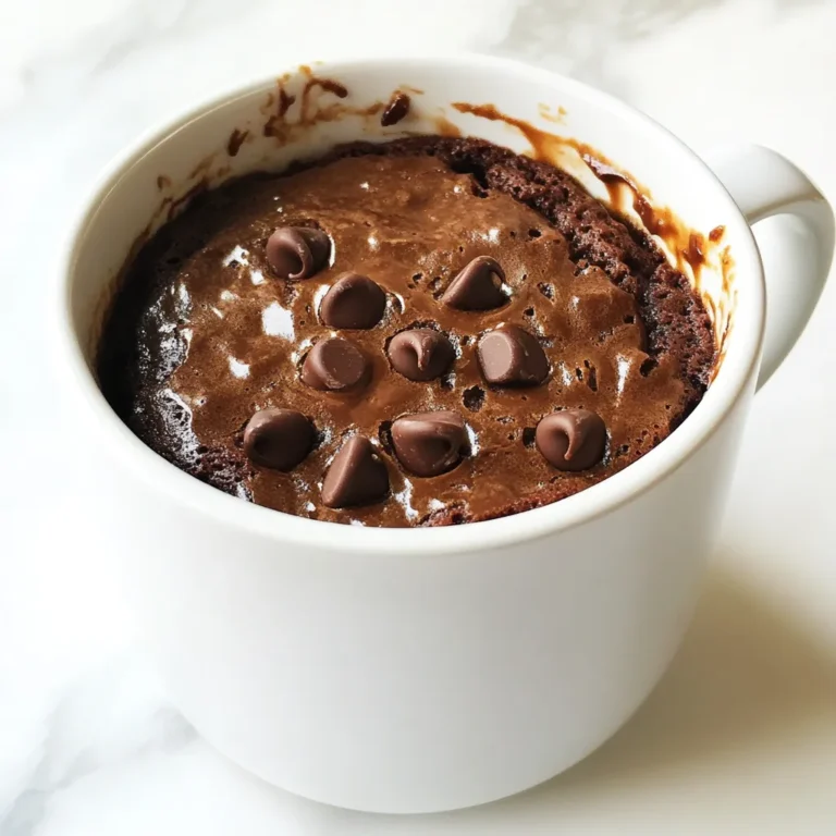 To make a delicious Chocolate Espresso Mug Cake, gather these ingredients: - 4 tablespoons all-purpose flour - 4 tablespoons granulated sugar - 2 tablespoons unsweetened cocoa powder - 1/8 teaspoon baking powder - 1/8 teaspoon salt - 3 tablespoons milk (dairy or non-dairy) - 2 tablespoons vegetable oil - 1/2 teaspoon vanilla extract - 1 tablespoon strong brewed espresso (cooled) You can also add some extra fun with these optional add-ins: - 2 tablespoons chocolate chips - Chopped nuts These ingredients come together quickly to create a rich, chocolatey treat. You can find many of these items in your kitchen or at your local store. Each part plays a role in making your mug cake soft and tasty. {{ingredient_image_1}} Start by taking a microwave-safe mug. Make sure it holds about 12 ounces. In the mug, combine the following dry ingredients: - 4 tablespoons all-purpose flour - 4 tablespoons granulated sugar - 2 tablespoons unsweetened cocoa powder - 1/8 teaspoon baking powder - 1/8 teaspoon salt Use a whisk to mix these dry components. Whisking helps to blend the flavors well. Keep mixing until you see no lumps. This step ensures your cake has a great texture. Next, it's time to add the wet ingredients. Pour in: - 3 tablespoons milk (you can use dairy or non-dairy) - 2 tablespoons vegetable oil - 1/2 teaspoon vanilla extract - 1 tablespoon strong brewed espresso (make sure it’s cool) Add these wet ingredients directly to the dry mixture. Stir everything together until you have a smooth batter. Pay close attention to the edges of the mug. You don’t want any dry pockets of flour left. A smooth batter makes the cake rise evenly. Now, let's cook our mug cake. Place your mug in the microwave. Set the timer for about 1 minute and 10 seconds. Keep in mind that microwaves vary in power. You might need to adjust the time slightly. Watch the mug cake as it cooks. It should rise and look set, but the center may still be a bit moist. This moisture is important for a soft texture. After cooking, let the mug cake cool for a couple of minutes. It will be very hot, so be careful before you dig in! To make the best chocolate espresso mug cake, pay attention to cooking times. Microwave wattages can differ, so check your cake after one minute. If it looks set but moist, it’s done. If you need a bit more time, add 10-second intervals until it rises nicely. Cooling time is key too. Let it rest for a couple of minutes before you dig in. This helps avoid burns and allows the flavors to settle. You will enjoy a better taste and texture after it cools a bit! For an extra special treat, think about garnishing your cake. A scoop of vanilla ice cream works wonders. You can also add a dollop of whipped cream on top. To make it look fancy, dust the top with cocoa powder or powdered sugar. Serve it straight from the mug for a cozy vibe, or transfer it to a small plate for a more elegant touch. These small details can make your dessert shine! Pro Tips Use Fresh Espresso: For the best flavor, use freshly brewed espresso that has cooled slightly. This will enhance the chocolate flavor of your mug cake. Experiment with Flavors: Feel free to add a pinch of cinnamon or a splash of coffee liqueur for an extra depth of flavor that pairs perfectly with chocolate. Microwave Variations: Cooking times may vary greatly depending on your microwave's wattage. Start with 1 minute and add more time in 10-second increments until the cake is set. Serving Suggestions: Top your mug cake with a scoop of ice cream or a dollop of whipped cream. A sprinkle of sea salt can also intensify the chocolate flavor. {{image_2}} You can change the taste of your chocolate espresso mug cake easily. Try adding a few drops of different extracts. For a minty twist, add peppermint extract. For a nutty flavor, almond extract works well. If you want a gluten-free option, swap all-purpose flour for gluten-free flour. This keeps the cake yummy while catering to different diets. You can also mix in spices like cinnamon or nutmeg. These spices add warmth and depth to the cake. Experiment with different flavors to find your favorite. Serving your mug cake in different vessels can make it more fun. Use ramekins or small bowls for a nice touch. These options can elevate your dessert experience. When it comes to toppings, the sky's the limit! A scoop of vanilla ice cream adds creaminess. A dollop of whipped cream makes it feel extra special. You can also sprinkle cocoa powder or powdered sugar on top for a beautiful finish. Nuts or chocolate chips can also be added on top for a crunchy texture. Enjoy your mug cake in new and exciting ways! If you have leftover mug cake, let it cool first. Cover it with plastic wrap or a lid. You can store it in the fridge for up to two days. To reheat, place it in the microwave for about 10-15 seconds. Check if it’s warm enough. If not, heat it a few more seconds. Avoid overheating, as it can dry out. This mug cake tastes best when fresh. However, it can last in the fridge for about two days. After that, the cake may lose its soft texture. Always check for any odd smells or changes in color before eating leftover cake. If you see any signs of spoilage, it’s best to throw it away. Yes, you can prep the dry ingredients ahead. Mix flour, sugar, cocoa, baking powder, and salt. Store this mix in an airtight container until you're ready to bake. When you want a quick treat, just add the wet ingredients and microwave it. This method saves time and makes baking fun! Use strong brewed espresso for the best flavor. You can use a home machine or a stovetop espresso maker. If you don’t have espresso, strong coffee works too. Just make sure it’s cooled before adding it to your mix. The richer the coffee, the better the cake! Yes! You can bake this mug cake in an oven. Preheat your oven to 350°F (175°C). Pour the batter into a small oven-safe dish. Bake for about 12-15 minutes, or until it’s set in the middle. You can also cook it on the stovetop in a pot with a lid over low heat. Just check it often to avoid burning. This guide covered how to make a delicious mug cake. We started with the key ingredients, explored step-by-step instructions, and shared useful tips for the best results. Consider flavor variations and creative serving ideas to make it fun. Store leftovers properly to enjoy later. With this knowledge, you can bake your mug cake with ease and confidence. Enjoy your sweet creation and share it with friends!