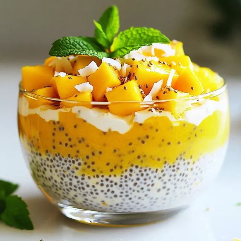 Here’s what you need to make mango coconut chia pudding: - 1 cup coconut milk - 1/2 cup almond milk - 1/4 cup chia seeds - 2 tablespoons maple syrup - 1 ripe mango (plus extra for topping) - 1 teaspoon vanilla extract - Pinch of salt - Toasted coconut flakes (for garnish) - Fresh mint leaves (for garnish) Gather these ingredients before you start. The coconut milk gives a rich flavor. The almond milk adds a nice creaminess. Chia seeds are the star here, soaking up the liquid and turning into a pudding. Maple syrup adds sweetness, while vanilla gives warmth. The ripe mango brings a fruity burst. Make sure to save some mango for topping. Finally, toasted coconut flakes and mint leaves add a lovely touch. All these flavors work together to create a delightful treat. {{ingredient_image_1}} - In a bowl, combine 1 cup of coconut milk and 1/2 cup of almond milk. - Add 2 tablespoons of maple syrup and 1 teaspoon of vanilla extract. - Mix in a pinch of salt for flavor. - Whisk the mixture until it is smooth and well combined. - Gradually stir in 1/4 cup of chia seeds. Make sure they spread evenly in the liquid. - Cover the bowl with plastic wrap or a lid. - Place it in the refrigerator for at least 4 hours. For the best texture, chill overnight. - Once chilled, stir the pudding to mix any settled chia seeds. - Divide the pudding into four serving glasses. - Top each with diced mango, toasted coconut flakes, and fresh mint leaves for a beautiful touch. To get the right texture, use almond milk to adjust the thickness. If your pudding is too thick, just add a splash of almond milk. This helps make it creamy and smooth. When you stir in the chia seeds, make sure to mix them well. This avoids clumps and ensures they soak up the liquid evenly. You can use maple syrup or honey for sweetness. Maple syrup is great for vegans. Honey adds a rich flavor but is not vegan. If you're looking for sugar-free options, consider using stevia or monk fruit sweetener. These options will keep your pudding sweet without extra calories. To make your pudding look fancy, use garnishes. Top with toasted coconut flakes for crunch. Add fresh mint leaves for a pop of color. You can also layer the pudding in clear glasses. This shows off the vibrant colors and makes it special for guests. Pro Tips Chia Seed Soaking Time: For the best texture, allow the chia seeds to soak for at least 4 hours or overnight. This ensures a creamy, pudding-like consistency. Adjusting Sweetness: Taste the mixture before chilling; you can adjust the sweetness by adding more maple syrup or honey according to your preference. Mango Selection: Choose a ripe mango that gives slightly when pressed for the best flavor. The sweetness and juiciness will enhance your pudding significantly. Serving Suggestions: Serve with a variety of toppings like nuts, seeds, or additional fruits for added texture and flavor. Fresh berries also make a great complement! {{image_2}} You can make this mango coconut chia pudding even more fun by adding other fruits. Try fresh berries like strawberries or blueberries for a burst of color. You can also use pineapple for a tropical twist. If you enjoy spices, sprinkle in some cinnamon or nutmeg. These spices can give your pudding a warm flavor that’s perfect for any season. This recipe is vegan-friendly because it uses plant-based milks. If you want a nut-free version, simply swap the almond milk for oat or rice milk. Both options work well and keep the pudding creamy. Always check labels to ensure the milk is safe for your diet. Layering this pudding creates a stunning dessert. Start with a layer of chia pudding, then add a layer of yogurt or whipped cream. You can also mix in other puddings like chocolate or vanilla for extra flavor. Finish with more fresh fruit and toasted coconut on top. This makes for a beautiful and tasty treat that impresses everyone. To keep your mango coconut chia pudding fresh, use airtight containers. Glass jars work well, as they don’t absorb odors. Make sure to fill the container to the top, leaving little air space. This helps maintain the pudding's texture. Always label your containers with the date. This way, you’ll know how long it has been stored. Chia pudding stays fresh in the fridge for about five days. If you want to save it for later, you can freeze it. However, freezing may change the texture. Thaw it in the fridge for a few hours before serving. It’s best to consume frozen pudding within a month for the best taste. To serve your pudding after storage, simply stir it well. If it seems too thick, add a splash of almond milk. Avoid heating it in the microwave, as this can affect its texture. Instead, just let it sit at room temperature for a bit. Enjoy your delightful pudding topped with extra mango and toasted coconut! Chia seeds are tiny black seeds from the Salvia hispanica plant. They are packed with nutrients. They have fiber, protein, and healthy fats. When soaked, they expand and create a gel-like texture. This helps make chia pudding creamy and thick. They also add a nice crunch. Plus, they are a great source of omega-3 fatty acids. To make this chia pudding low-carb, focus on the sweetener. Use a sugar-free syrup or a low-carb sweetener. You can skip the maple syrup altogether if you like. Instead, add vanilla extract for flavor. Just remember, the chia seeds and coconut milk have some carbs, but they are healthy. Yes, you can use any milk you like. Almond milk works great but try oat milk or soy milk too. Each type of milk gives a different flavor. Just choose unsweetened for a healthier option. If you want a richer taste, use full-fat coconut milk. Chia pudding needs time to set. I recommend refrigerating it for at least four hours. However, overnight is best for a great texture. This gives the chia seeds enough time to soak up the liquid and expand. After setting, stir it well before serving. This recipe uses simple ingredients like coconut and almond milk, chia seeds, and sweeteners. We covered step-by-step preparation, chilling, and serving tips for a delicious pudding. You can make it your own with different fruits and spices. Remember, presentation counts too! Store any leftovers properly to keep them fresh. Enjoy this healthy treat and share it with friends or family. Now, get ready to impress with your homemade chia pudding!