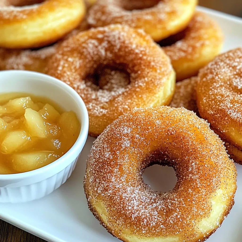 To make these tasty donuts, gather these key items: - 1 cup all-purpose flour - 1/3 cup granulated sugar - 2 teaspoons baking powder - 1/4 teaspoon salt - 1 teaspoon ground cinnamon - 1/4 cup milk - 1 large egg - 2 tablespoons unsalted butter, melted - 1 teaspoon vanilla extract These ingredients blend to form a soft and fluffy donut base. The flour gives structure, while sugar adds sweetness. Baking powder helps them rise, and the cinnamon brings warmth. For the sweet coating that makes these donuts shine, you will need: - 1/4 cup granulated sugar (for coating) - 1 teaspoon ground cinnamon (for coating) This cinnamon sugar adds a delightful crunch and flavor. The blend coats the warm donuts perfectly, making each bite a treat. To whip up these donuts, have these tools ready: - Mixing bowls - Whisk - Rolling pin - Donut cutter or two round cookie cutters (one larger and one smaller) - Air fryer - Cooking spray Having the right tools makes the process smooth and fun. You can use cookie cutters if you don't have a donut cutter. The air fryer ensures the donuts cook evenly and get that lovely golden color. {{ingredient_image_1}} First, grab a mixing bowl. Add 1 cup of all-purpose flour. Next, add 1/3 cup of granulated sugar. Then, toss in 2 teaspoons of baking powder, 1/4 teaspoon of salt, and 1 teaspoon of ground cinnamon. Use a whisk to mix everything well. This step ensures that your donuts have a great flavor and rise nicely. In another bowl, combine 1/4 cup of milk, 1 large egg, 2 tablespoons of melted unsalted butter, and 1 teaspoon of vanilla extract. Mix these ingredients until they are smooth. This mixture brings moisture and flavor to your donuts. Now it's time to make the donuts. Lightly flour a clean surface. Roll out the dough to about 1/2 inch thick. Use a donut cutter or two round cookie cutters to cut out the donuts. Be sure to make a hole in the center of each donut. This gives them their classic shape. Preheat your air fryer to 360°F (182°C). Once it's hot, place the donuts in the basket. Do not overcrowd them, as they need space to cook well. Lightly spray the donuts with cooking spray. This helps them get golden and crispy. Air fry the donuts for about 5-6 minutes. They should look golden brown when done. While the donuts cool, prepare the cinnamon sugar. In a small bowl, mix 1/4 cup of granulated sugar with 1 teaspoon of ground cinnamon. As soon as the donuts come out of the air fryer, coat them in the cinnamon sugar mixture. Do this while they are still warm for the best flavor. Enjoy your tasty treat! To make the best air fryer donuts, start with the right temperature. Preheat your air fryer to 360°F (182°C). This helps the donuts cook evenly. Don’t overcrowd the basket. Leave space between each donut for better air flow. Lightly spray the donuts with cooking spray. This gives them a nice crisp outside. If your donuts are too dry, you might have overmixed the batter. Mix just until combined for a fluffier texture. If they stick to the basket, try using more cooking spray. If they look pale, they may need a bit more time. Air fry them for an extra minute and check again. To get fluffy donuts, use fresh baking powder. Old baking powder won’t rise as well. Also, don’t overwork the dough. A few lumps in the batter are okay. Roll out the dough to about 1/2 inch thick. This thickness helps them cook through while staying soft inside. Pro Tips Fresh Ingredients: Always use fresh baking powder to ensure your donuts rise perfectly and have a light texture. Donut Cutter Alternatives: If you don't have a donut cutter, use two different-sized round cookie cutters to create your donut shape. Even Cooking: Make sure the donuts are not overcrowded in the air fryer basket to ensure even cooking and browning. Coating Tips: For a thicker sugar coating, allow the donuts to cool slightly before rolling them in the cinnamon sugar mixture. {{image_2}} You can easily switch up the flavor of your donuts. Here are a few ideas: - Chocolate Donuts: Add 1/4 cup of cocoa powder to the dry mix. This gives a rich chocolate taste. - Glazed Donuts: After air frying, dip the donuts in a simple glaze. Mix 1 cup of powdered sugar with 2 tablespoons of milk. This makes a sweet, shiny coat. You can adapt this recipe to meet dietary needs: - Gluten-Free: Use a gluten-free flour blend instead of all-purpose flour. Make sure it has a good binding agent. - Vegan: Replace the egg with a flax egg. Mix 1 tablespoon of ground flaxseed with 2.5 tablespoons of water. Let it sit for 5 minutes to thicken. Use plant-based milk too. Get creative with your toppings! Here are a few fun ideas: - Maple Glaze: Mix 1 cup of powdered sugar with 2 tablespoons of maple syrup and 1 tablespoon of milk. - Sprinkles: After glazing, add colorful sprinkles for a festive touch. - Coconut: Roll your warm donuts in shredded coconut for a tropical twist. These variations help you customize your donuts for any occasion. Enjoy making them your own! To keep your donuts fresh, place them in an airtight container. You can stack them neatly with parchment paper between layers. This keeps them from sticking together. Store the container at room temperature for up to two days. If you want them to last longer, consider refrigerating them. However, the cold can change their texture. To enjoy your donuts warm again, preheat your air fryer to 350°F (175°C). Air fry the donuts for about 2-3 minutes. This will help them regain their crispiness. You can also use a microwave, but be careful. Heat them in short bursts of 10 seconds. Microwaving too long makes them chewy. If you have extra donuts, freezing is a great option. Place cooled donuts in a single layer on a baking sheet. Freeze them for about 1 hour until firm. Then, transfer them to a freezer-safe bag. Label it with the date and store it for up to three months. To thaw, simply leave them at room temperature for about 30 minutes. If you want them warm, use the air fryer for a few minutes. Enjoy your hot, fresh donuts anytime! Yes, you can bake these donuts in the oven. Preheat your oven to 350°F (175°C). Place the donuts on a baking sheet lined with parchment paper. Bake for about 10-12 minutes, or until golden brown. You won’t get the same crispiness as air frying, but they will still taste great. You can use applesauce or mashed banana as an egg substitute. Use 1/4 cup of either for one egg. This keeps the donuts moist and adds a bit of extra flavor. You can also use a flax egg, which is made by mixing 1 tablespoon of ground flaxseed with 2.5 tablespoons of water. Let it sit for a few minutes to thicken. These donuts taste best fresh, but you can store them for a few days. Keep them in an airtight container at room temperature. They stay fresh for about 2-3 days. If you want to keep them longer, you can freeze them. Just wrap them well and store them in the freezer for up to a month. When ready to eat, thaw and reheat in the air fryer or oven. You learned about making delicious donuts from scratch in this guide. I covered ingredients, tools, and step-by-step methods. You also found tips for perfect air frying and various flavors. Lastly, I shared how to store your donuts for later. Enjoy making these treats for friends or family. With practice, your donuts can be fluffy and tasty every time. Embrace the joy of frying, coating, and sharing these delights. Happy cooking!
