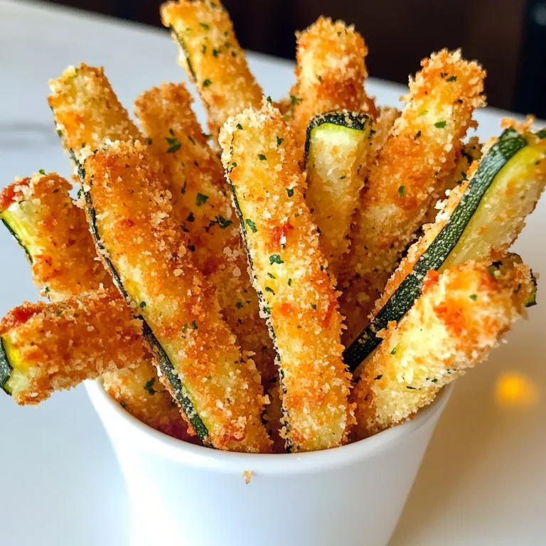To make crispy Parmesan zucchini fries, gather these ingredients: - 2 medium zucchinis, cut into fries - 1 cup breadcrumbs (preferably panko for extra crunch) - 1/2 cup grated Parmesan cheese - 1 teaspoon garlic powder - 1 teaspoon dried oregano - 1/2 teaspoon salt - 1/4 teaspoon black pepper - 2 large eggs - 1 tablespoon olive oil (for drizzling) These simple ingredients create a tasty snack that everyone will love. If you don’t have an ingredient, here are some easy swaps: - Instead of panko, use regular breadcrumbs. - Substitute Parmesan cheese with any hard cheese like Pecorino. - You can replace eggs with flaxseed meal mixed with water for a vegan option. - For a gluten-free version, try gluten-free breadcrumbs. These swaps still keep your fries tasty and crispy. Zucchini is not just tasty; it has many health perks: - Low in calories, making it a great snack. - Packed with vitamins A and C, which are good for your skin and eyes. - Contains fiber that helps with digestion. - Rich in antioxidants that protect your cells. Eating zucchini fries lets you enjoy these benefits while having fun! {{ingredient_image_1}} Start with two medium zucchinis. Cut them into fry shapes. Aim for even sizes to cook them well. This ensures they bake at the same rate. Next, pat the zucchini pieces dry with a paper towel. Moisture can make them soggy. You want them crispy, not limp. In a shallow bowl, mix one cup of breadcrumbs with half a cup of grated Parmesan cheese. Add one teaspoon of garlic powder, one teaspoon of dried oregano, half a teaspoon of salt, and a quarter teaspoon of black pepper. Stir it well. In another bowl, beat two large eggs. Dip each zucchini fry into the egg first. Let the extra egg drip off. Then, roll it in the breadcrumb mix. Press gently to make sure the coating sticks well. This step is key for that crunchy bite. Preheat your oven to 425°F (220°C). Line a baking sheet with parchment paper. Spread the coated zucchini fries on the sheet in a single layer. Make sure they don’t touch each other. This helps them crisp up. Drizzle a tablespoon of olive oil lightly over the fries. Bake for 20-25 minutes. Flip them halfway through for even browning. They should be golden brown and crunchy when done. Let them cool slightly before serving. Enjoy the tasty crunch! To make your zucchini fries super crispy, use panko breadcrumbs. They add extra texture. Coat the fries well by pressing the coating firmly. This helps it stick better. Drizzle a bit of olive oil before baking. It will help them brown nicely. Baking at 425°F (220°C) is key. This high heat will create that perfect crunch. One common mistake is overcrowding the baking sheet. If the fries touch, they will steam instead of crisp. Also, don’t skip the egg wash. This step helps the breadcrumbs stick. Lastly, remember to flip the fries halfway through baking. This ensures even cooking and browning. For this recipe, you’ll need a few simple tools. A sharp knife works best for cutting the zucchini. A cutting board keeps your workspace safe. Use two shallow bowls for the egg and breadcrumb mixtures. A baking sheet lined with parchment paper makes cleanup easy. Lastly, a spatula helps flip the fries without breaking them. Pro Tips Choose the Right Zucchini: Select firm, medium-sized zucchinis for optimal taste and texture. Avoid larger zucchinis as they may contain more seeds and excess moisture. Double Dipping for Extra Crunch: For an even crunchier coating, dip the zucchini fries in the egg mixture again after the first breadcrumb coating before the final dip in breadcrumbs. Use Fresh Herbs: If possible, substitute dried oregano with fresh oregano for a brighter flavor profile. Fresh herbs can elevate the dish significantly. Adjust Baking Time: Keep an eye on the fries during baking; ovens vary. Bake until they are golden brown, as this ensures a crispy texture without burning. {{image_2}} You can make these zucchini fries gluten-free easily. Use gluten-free breadcrumbs instead of regular ones. Panko-style gluten-free crumbs give a nice crunch. You can also crush gluten-free rice crackers as a substitute. This way, everyone can enjoy this tasty snack. You can boost the flavor of your fries with different spices. Try adding smoked paprika for a hint of smoke. A bit of cayenne pepper will add heat if you like spice. You can also mix in Italian seasoning for extra herb flavor. Experiment with your favorite seasonings to find what you love most. The right dip can elevate your zucchini fries. Marinara sauce works great, but you can try ranch dressing for a creamy twist. A spicy aioli can add a zing. You could even mix Greek yogurt with herbs for a light dip. Choose a sauce that makes your snack even more enjoyable. To keep your leftover zucchini fries fresh, place them in an airtight container. Make sure they cool completely before storing. This helps to maintain their crunch. Store them in the fridge for up to three days. For best results, try to eat them within this timeframe. When you want to enjoy your leftover fries, the oven is your best friend. Preheat your oven to 400°F (200°C). Place the fries on a baking sheet. Heat them for about 10-15 minutes. This method keeps them crispy and tasty. Avoid the microwave, as it can make them soggy. If you want to store zucchini fries for a longer time, freezing is an option. First, allow the fries to cool completely. Then, spread them out on a baking sheet in a single layer. Freeze them for 1-2 hours until firm. After that, transfer them to a freezer-safe bag. They can stay in the freezer for up to three months. When ready to eat, bake from frozen, adding a few extra minutes to the cooking time. Yes, you can air-fry these zucchini fries! To do this, set your air fryer to 400°F (200°C). Place the coated zucchini fries in the basket in a single layer. Cook them for about 10 to 15 minutes. Shake the basket halfway through to ensure even cooking. The fries will turn golden and crispy. These zucchini fries pair well with many dips. You can serve them with marinara sauce for a classic touch. Ranch dressing or garlic aioli also make great choices. For a twist, try spicy sriracha or a creamy avocado dip. You can even serve them alongside burgers or salads for a tasty side dish. Zucchini fries are done when they turn golden brown and crispy. Bake them for 20 to 25 minutes. Check them halfway through and flip for even crispiness. If they feel firm and look golden, they are ready! Let them cool slightly before you dig in. Enjoy the crunch! Crispy Parmesan zucchini fries are easy to make and fun to eat. We covered the best ingredients, techniques for crispiness, and even tips for storage. Remember, you can swap ingredients and try new seasonings for unique flavors. Keep practicing the methods, and you’ll avoid common mistakes. With these insights, you can enjoy tasty fries that are both healthy and delicious. Try them out next time you want a snack or side dish. You won’t regret it!